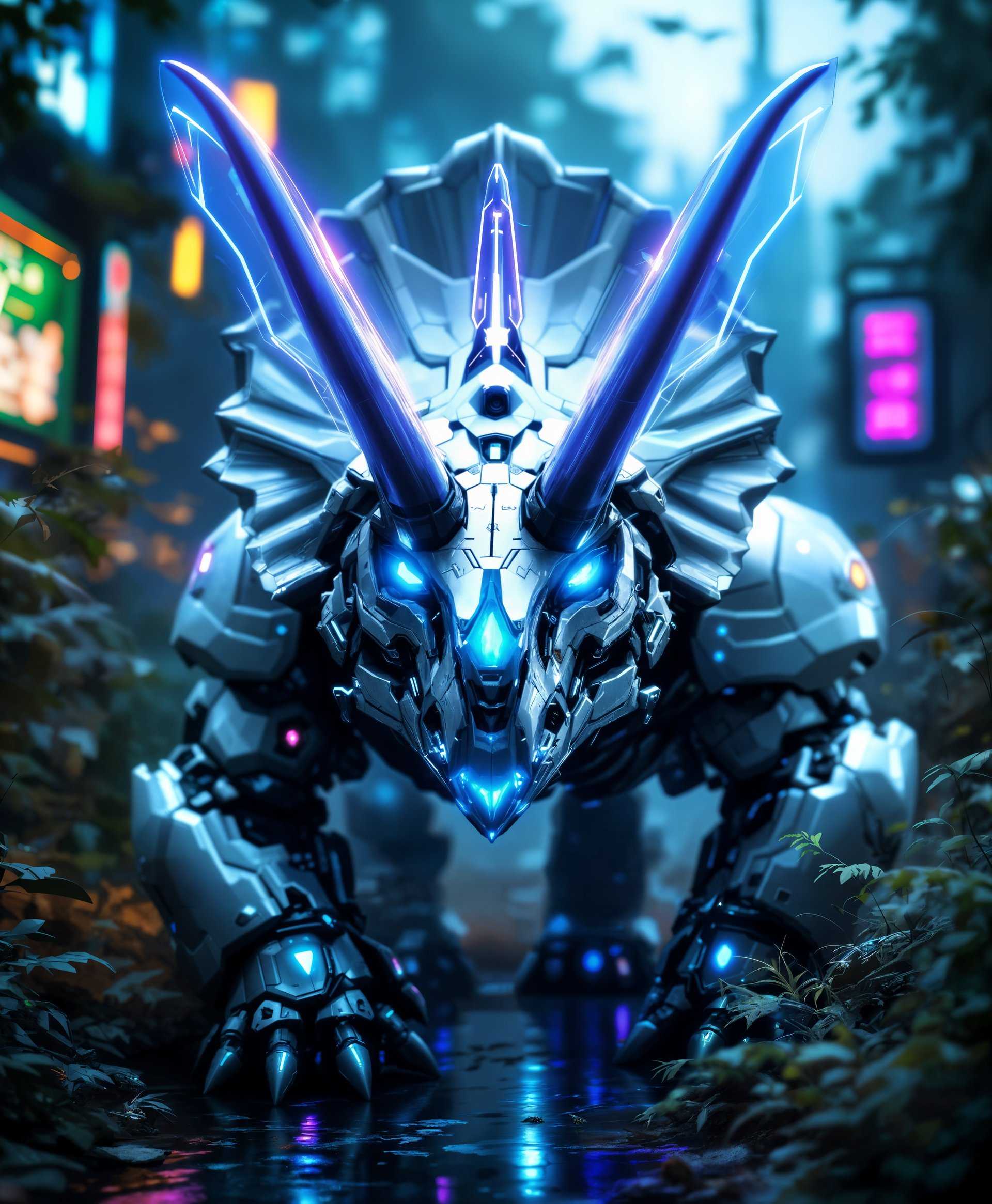 masterpiece, best quality, highres, sharp image, more detail, masterpiece, best quality, highres, sharp image, more detail, A highly detailed portrait of a **Mecha Triceratops Dinosaur** in the **futuristic wild**, showcasing:

- **Visual Details**: The mecha Triceratops has a sleek, metallic body with intricate hydraulic systems visible through transparent armor panels. Its skin combines organic dinosaur textures with futuristic, reflective surfaces. The eyes glow with a vibrant, neon blue light, and its horns are replaced with luminous, energy-based projections.

- **Artistic Style**: Rendered in a **Cyberpunk** style, emphasizing high contrast, vibrant neon colors against dark backgrounds, and an overall glossy, high-tech aesthetic.

- **Composition**: The mecha Triceratops is the central focus, positioned in a dynamic pose, perhaps mid-stride or turning its head towards the viewer. The camera angle is slightly low, looking up at the creature to emphasize its size and power. The background features a blend of overgrown, post-apocalyptic vegetation with futuristic elements like holographic billboards or floating drones.

- **Mood and Atmosphere**: The scene exudes a **mysterious** and **intimidating** atmosphere, with the dim, ambient light of dusk or dawn highlighting the mecha's features. The environment is misty, adding to the sense of a wild, untamed future.

- **Technical Aspects**: Utilize **bokeh** to blur out parts of the background, focusing on the intricate details of the mecha. Apply **chiaroscuro lighting** to create dramatic contrasts between light and shadow, enhancing the futuristic and dramatic mood. Use **long exposure techniques** to capture the movement of light around the mecha, suggesting a sense of motion and life.

- **Cohesion**: The futuristic wild integrates seamlessly with the mecha Triceratops, creating a believable ecosystem where technology and nature coexist in a visually compelling, post-apocalyptic setting.