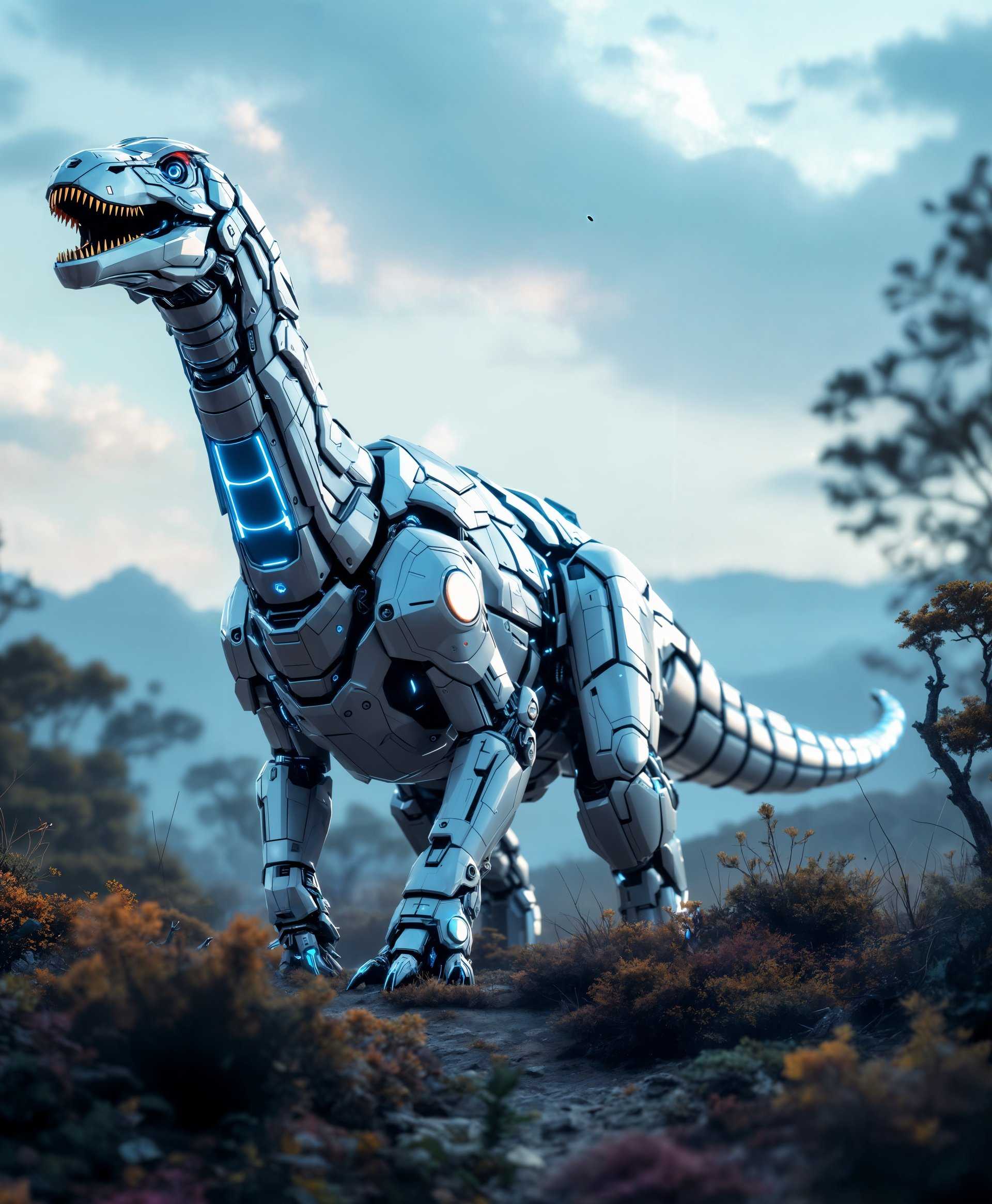 masterpiece, best quality, highres, sharp image, more detail, masterpiece, best quality, highres, sharp image, more detail, ```plaintext
Create a highly detailed portrait of a mecha Apatosaurus Dinosaur set in a futuristic wild landscape:

Visual Details:
- The mecha Apatosaurus should feature:
  - Gleaming metallic armor with visible hydraulics and servos.
  - Panels with an iridescent finish, reflecting the environment around it.
  - Neon blue energy lines running along its spine and tail, illuminating in the dark.
  - Large, expressive eyes that have a digital, LED-like glow.
  - A tail with segmented, armored plating, ending in a powerful, mechanical whip.

Style:
- Cyberpunk aesthetic, with a mix of organic and mechanical elements.
- High contrast, with a focus on light and shadow to emphasize the futuristic technology.
- Sharp, clean lines where metal meets flesh, reminiscent of the art of H.R. Giger.

Composition:
- The Apatosaurus should be in the center, slightly turned to the left, its head lowered towards the viewer.
- The camera angle is low, looking up at this towering creature, enhancing its imposing presence.
- The background should be a dense, futuristic forest with bioluminescent flora and fauna, creating a surreal, glowing effect.

Mood and Atmosphere:
- The scene should convey a sense of awe and mystery, set at twilight, with the sky transitioning from dusk to night.
- The atmosphere is filled with a light mist, diffusing the light from the mecha's energy lines.
- The environment is alive with subtle sounds of nature mixed with the hum of advanced technology.

Technical Aspects:
- Use depth of field to focus on the mecha Apatosaurus while the background slightly blurs.
- Implement HDRI lighting to capture the dynamic range of light sources, from natural to artificial.
- Apply a slight motion blur to the tail to suggest movement, despite the creature's stillness.

Cohesion:
- The mecha Apatosaurus blends seamlessly with its futuristic environment, appearing as if it's part of this new, evolved ecosystem.
- The elements of cyberpunk and nature intertwine to create a world where technology and life coexist in harmony.
```