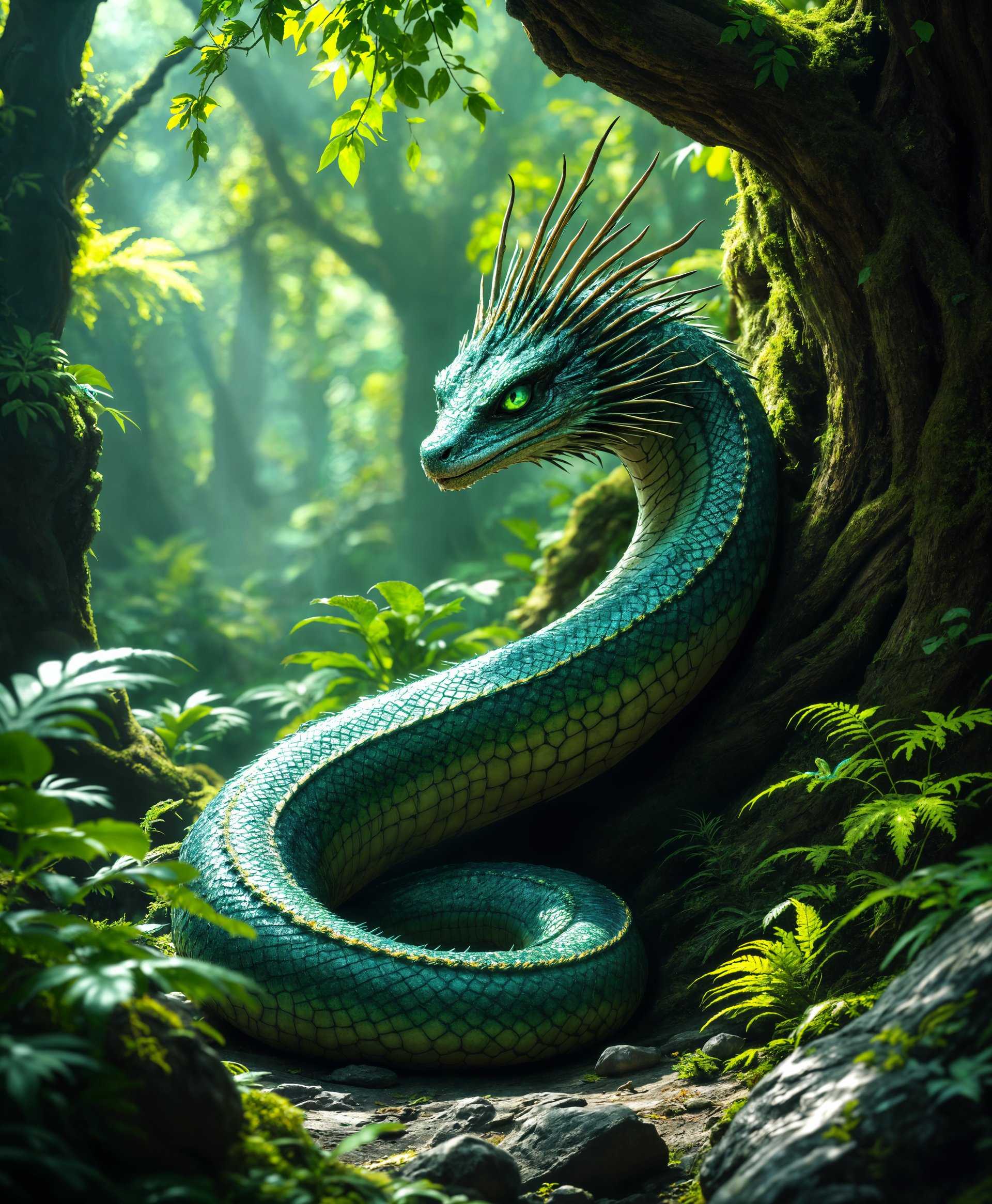 masterpiece, best quality, highres, sharp image, more detail, masterpiece, best quality, highres, sharp image, more detail, **Prompt:**

Create a hyper-realistic, high-definition portrait of a mythical basilisk, emphasizing its fearsome yet regal presence in a lush, primordial forest. 

- **Subject**: The basilisk should be depicted with iridescent scales reflecting the dappled sunlight, vivid green eyes with slit pupils that convey an otherworldly intelligence, and a sinuous body coiled around an ancient tree trunk. Its crest should be fan-shaped, adorned with small, jewel-like spikes. 

- **Environment**: Surround the basilisk with towering ferns, moss-covered rocks, and dense undergrowth. The forest should exude an atmosphere of ancient magic, with sunlight filtering through the canopy, casting a greenish glow over the scene.

- **Lighting**: Use natural lighting with beams of sunlight breaking through the dense foliage, creating highlights on the basilisk's scales and casting soft shadows that enhance the texture of the environment.

- **Artistic Style**: Aim for a blend of realistic wildlife photography and the fantastical elements of pre-Raphaelite art, with meticulous attention to detail in both the creature and its habitat.

- **Composition**: Position the basilisk at the center of the image, with its head slightly turned to engage the viewer. The camera angle should be slightly below eye level to emphasize the basilisk's dominance in its environment. 

- **Mood and Atmosphere**: The scene should evoke a sense of awe and mystery, with the basilisk's gaze creating a direct, almost hypnotic connection with the viewer. The environment should feel untouched by time, enhancing the mythical and timeless quality of the creature.

- **Technical Aspects**: Utilize depth of field to blur the background slightly, keeping the basilisk in sharp focus. Employ macro elements to capture the intricate details of the scales, eyes, and foliage. Use high dynamic range (HDR) techniques to balance the lighting for a more three-dimensional look.

- **Cohesion**: Ensure that the colors, textures, and lighting all harmonize to create a believable and enchanting scene where the basilisk appears as a natural ruler of its mythical domain.