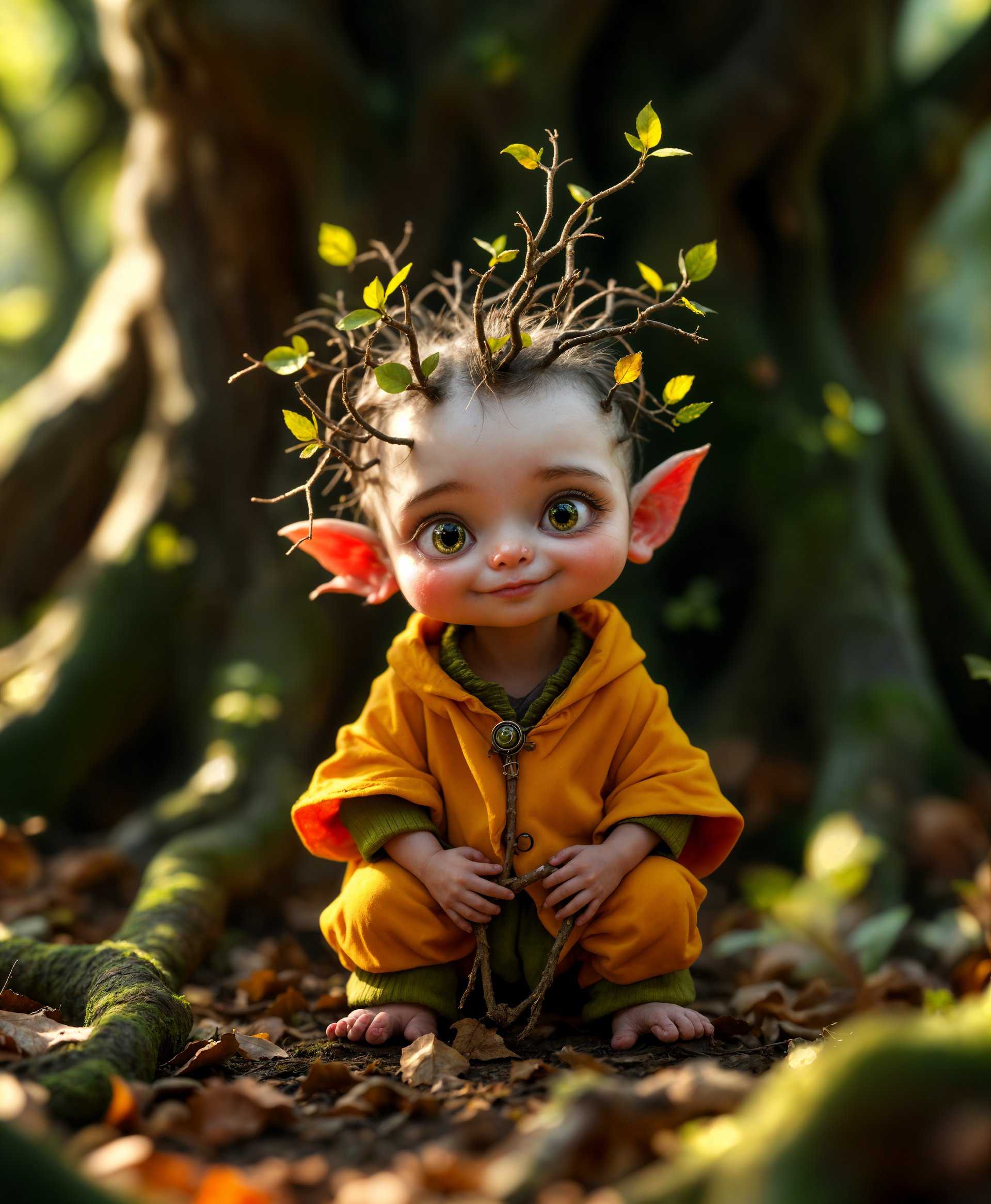 masterpiece, best quality, highres, sharp image, more detail, masterpiece, best quality, highres, sharp image, more detail, **Prompt for AI Image Generation:**

Create an ultra-high-definition portrait of a baby Yaga, capturing its mythical essence:

- **Subject**: A young Yaga, embodying both innocence and the latent power of folklore, with a mischievous yet endearing expression. Its eyes should sparkle with an ancient wisdom, and its hair should have a wild, untamed look, possibly with leaves or small twigs entwined.

- **Environment**: Surround the baby Yaga with elements of its natural habitat. Envision a forest clearing, with a mix of shadowy and sunlit areas, where ancient trees with gnarled roots and mossy trunks create a protective enclosure. Incorporate natural, organic textures like the bark of trees, the softness of moss, and the crunch of fallen leaves.

- **Visual Details**: 
  - **Texture**: The baby Yaga's skin should be smooth yet with a hint of the bark's roughness, symbolizing its connection to nature. Clothing should be simple, perhaps made from natural fibers or leaves, giving a rustic, earthy feel.
  - **Colors**: Use a palette of muted greens, browns, and earthy tones, with occasional splashes of vibrant forest flowers to contrast and highlight the subject.
  - **Lighting**: Soft, dappled sunlight filters through the canopy above, casting a magical glow around the baby Yaga, creating a sense of mystery and enchantment.

- **Style**: The portrait should be inspired by Pre-Raphaelite art, focusing on the detailed, lush depiction of nature and the ethereal quality of the subject. Employ a depth of field that blurs the background slightly to keep focus on the baby Yaga.

- **Composition**: Position the baby Yaga slightly off-center, looking towards the viewer or perhaps slightly away, engaging the imagination. Use the rule of thirds to place the subject at one of the intersections for dynamic balance. Include elements like a small stream or a fallen log to lead the viewer's eye towards the subject.

- **Mood and Atmosphere**: Aim for an atmosphere of serene enchantment, where the forest feels alive and protective. The time should be late afternoon, with the golden hour light casting long shadows and highlighting the magical essence of the scene.

- **Technical Aspects**: 
  - **Depth of Field**: Use a shallow depth of field to focus on the baby Yaga while allowing the forest to recede into a soft, painterly blur.
  - **Lens**: A macro lens approach to capture the fine details of the baby Yaga and its surroundings, ensuring every leaf