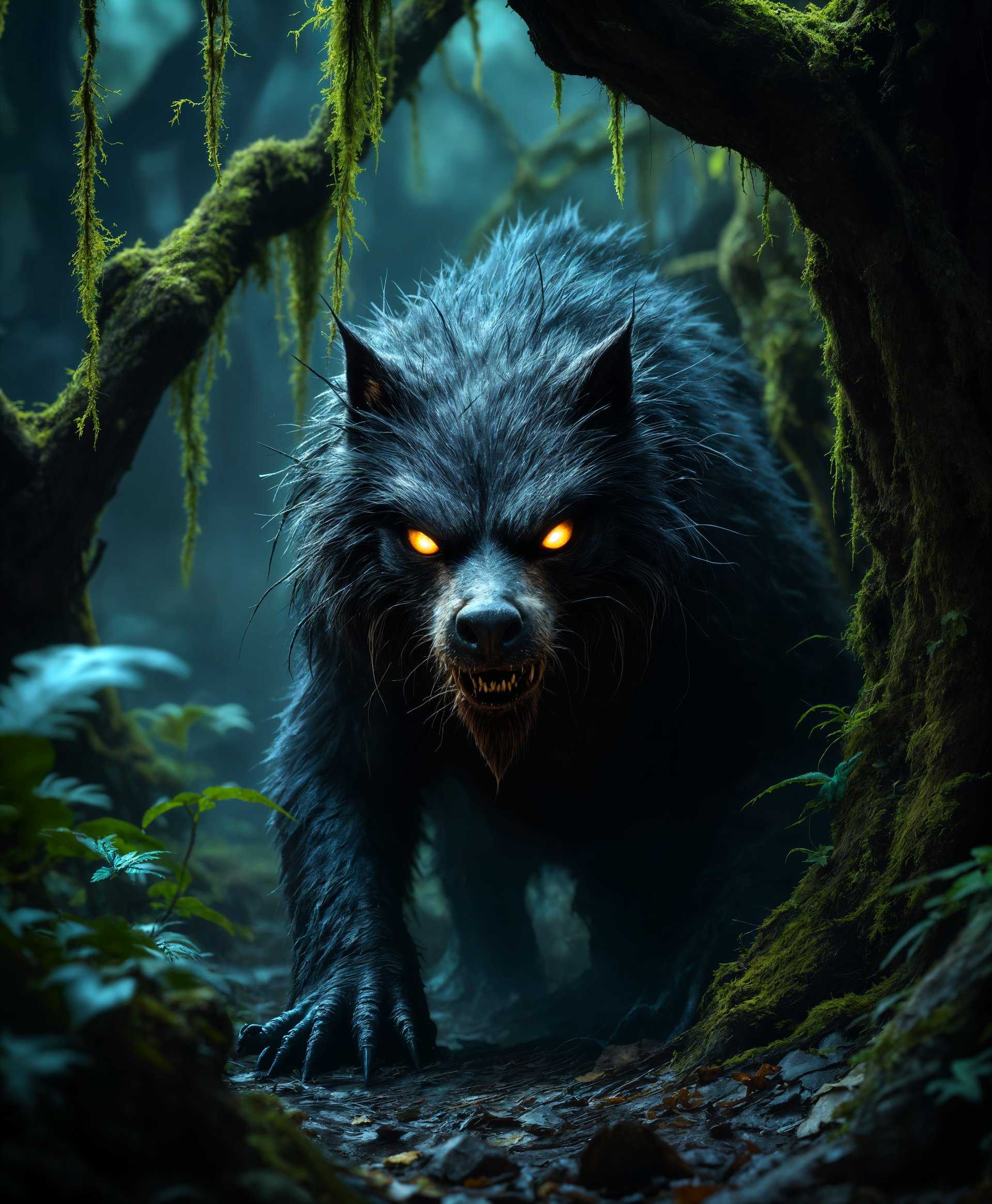 masterpiece, best quality, highres, sharp image, more detail, masterpiece, best quality, highres, sharp image, more detail, **Prompt:**

Create a high-definition portrait of a Chupacabra in its natural environment:

- **Subject:** The Chupacabra is depicted with a menacing yet curious expression, its fur is matted with dried mud and twigs, showcasing its adaptation to the environment. Its eyes glow with a faint, eerie light, reflecting the sparse moonlight filtering through the canopy.

- **Environment:** The scene is set in a dense, nocturnal forest. The undergrowth is thick with ferns, fallen leaves, and gnarled roots. Mist hovers low to the ground, creating a surreal atmosphere. The trees are twisted with moss hanging off their branches, suggesting an ancient, untouched wilderness.

- **Lighting:** Utilize chiaroscuro lighting; the moonlight creates deep shadows, highlighting the Chupacabra's features with dramatic contrast. The light should be soft, diffused by the mist, giving an almost otherworldly glow to the creature's surroundings.

- **Style:** The image should have a blend of realism with elements of cryptozoology art. Employ techniques reminiscent of wildlife photography, but with an infusion of fantasy art to capture the mythical nature of the Chupacabra. Use a shallow depth of field to focus on the creature, with the background slightly blurred for depth.

- **Composition:** Frame the Chupacabra in the center, its head turned slightly to one side as if it has just noticed the viewer. The camera angle should be at eye level with the Chupacabra, emphasizing its presence and creating a sense of direct confrontation. Include leading lines from the forest path that subtly direct the viewer's eye towards the subject.

- **Mood and Atmosphere:** The mood is eerie, mysterious, and slightly threatening, evoking a sense of the unknown. The atmosphere should feel heavy with humidity, the air thick with the scent of earth and decay, enhancing the primal, untamed nature of the scene.

- **Technical Aspects:** Capture the texture of the Chupacabra's fur with high detail, showing the texture of each hair, the roughness of its skin, and the intricate patterns of its scales. Use a macro lens effect to highlight the fine details. The image should be in high dynamic range (HDR) to capture the full spectrum of light and shadow.

**This portrait should not only depict the Chupacabra but also tell a story of its existence, blending the line between reality and legend.**