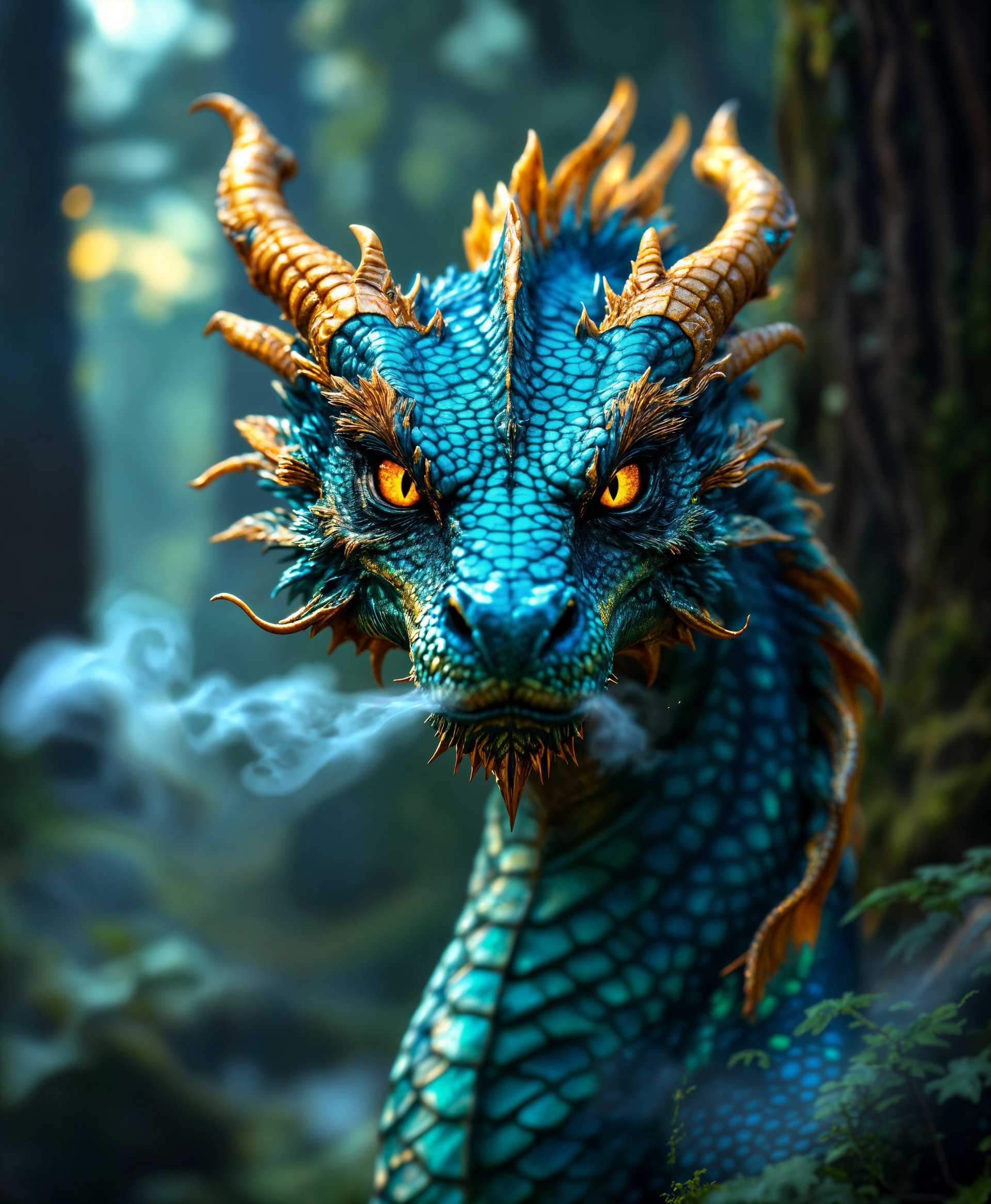 masterpiece, best quality, highres, sharp image, more detail, masterpiece, best quality, highres, sharp image, more detail, A hyper-realistic, high-definition portrait of a majestic dragon in its natural habitat, **captured in the golden hour light** for a magical ambiance. 

- **Visual Details:** The dragon's scales should shimmer with iridescence, reflecting the surrounding environment with a spectrum of colors, predominantly deep emerald green to sapphire blue. Its eyes are piercing, with vertical pupils and hints of fiery orange, suggesting intelligence and power. The dragon's breath subtly steams in the cool air, adding a layer of realism.

- **Style:** The image should mimic the detail and depth of a **wildlife documentary** photograph, with the precision of **hyper-realism** art, capturing every scale, claw, and whisker in sharp focus.

- **Composition:** The dragon is positioned centrally, its head turned slightly towards the viewer, creating an intimate connection. The camera angle is at eye level, enhancing the sense of scale and presence. The background features a dense, misty forest with ancient, towering trees, creating depth and context.

- **Mood and Atmosphere:** The scene exudes a serene yet mysterious atmosphere, with the late afternoon sun filtering through the canopy, casting dappled light and long shadows. A soft mist lingers around the base of the trees, suggesting the dragon's lair is nearby.

- **Technical Aspects:** Utilize **bokeh** to blur the background slightly, focusing on the dragon while maintaining the detail of its surroundings. Employ **macro photography** techniques to highlight the intricate texture of the scales and the detailed structure of the dragon's horns and claws.

- **Cohesion:** The elements combine to present a believable, awe-inspiring portrayal of this mythical creature, as if it truly exists in a hidden, untouched part of the world.