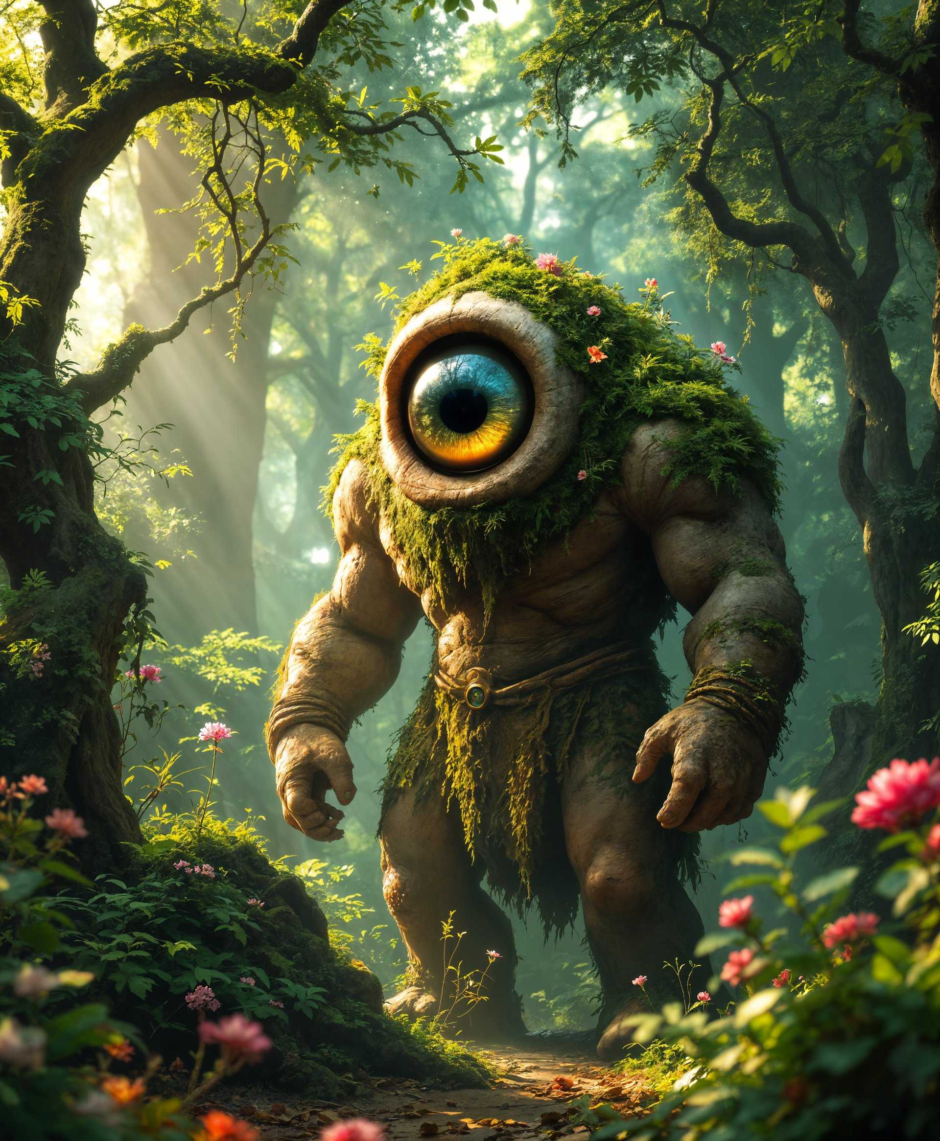 masterpiece, best quality, highres, sharp image, more detail, masterpiece, best quality, highres, sharp image, more detail, **Prompt:**

In a lush, vibrant forest setting, create an ultra-high-definition portrait of a Cyclops, capturing its mythical essence. 

- **Subject:** The Cyclops, an ancient being, stands tall with an imposing yet serene presence. Its single, large eye is filled with wisdom, reflecting the surrounding foliage. The skin texture is rough and aged, reminiscent of ancient stone, yet vibrant with life. 

- **Environment:** Surround the Cyclops with a dense, untouched forest. Include elements like towering trees with moss-covered trunks, ferns, and wildflowers in bloom. The forest floor should be carpeted with leaves and small plants, creating a natural, organic texture. 

- **Mood and Atmosphere:** The scene should convey a sense of mystery and wonder. It's a serene moment in the morning light, with rays of sunlight filtering through the canopy, casting dappled shadows. The air feels cool, with a slight mist rising from the earth, enhancing the ethereal atmosphere.

- **Lighting:** Use soft, natural light to highlight the Cyclops' features, emphasizing the depth of its single eye and the texture of its skin. The light should come from above, creating highlights and shadows that add to the three-dimensionality of the scene.

- **Style:** The portrait should be in the style of a detailed, realistic painting, reminiscent of Renaissance art, but with a touch of fantasy. Think of the intricate detail found in works by artists like Hieronymus Bosch or Albrecht Dürer, combined with the ethereal quality of pre-Raphaelite paintings.

- **Composition:** Place the Cyclops slightly off-center, gazing towards a light source to the right, creating a sense of depth and inviting the viewer to look deeper into the scene. The composition should guide the eye through the forest, using the Cyclops as the focal point but also showcasing the environment as an integral part of the narrative.

- **Technical Aspects:** Use a shallow depth of field to focus on the Cyclops, with the background forest becoming slightly blurred, enhancing the subject's prominence. Employ techniques like chiaroscuro for dramatic lighting effects, and consider using a wide-angle lens to capture the grandeur of both the Cyclops and its environment.