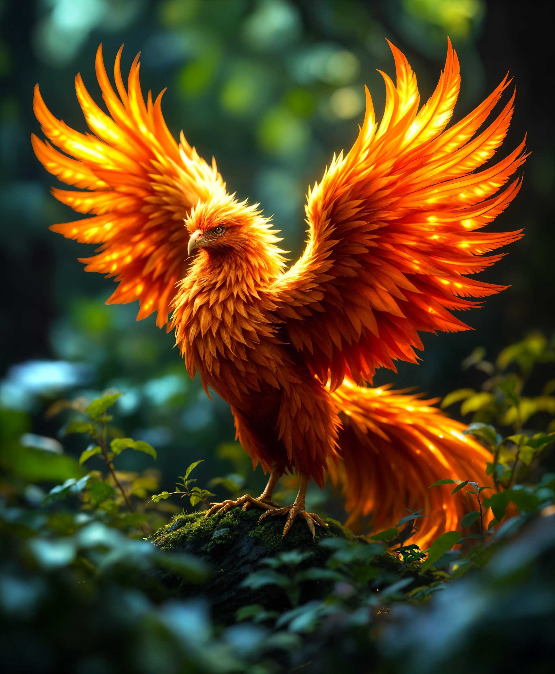 masterpiece, best quality, highres, sharp image, more detail, masterpiece, best quality, highres, sharp image, more detail, A hyper-realistic high-definition portrait of a majestic Firebird in its natural, mythical forest environment. The Firebird, with its vibrant, **flaming plumage** of reds, oranges, and yellows, stands out against the **lush green foliage**. Its feathers emit a **soft, ethereal glow**, illuminating the surroundings with a warm, radiant light. 

**Style:** Rendered in the style of **wildlife photography**, capturing the Firebird with **extreme detail** in feather texture, the shimmer of its tail, and the reflective quality of its eyes.

**Composition:** The Firebird is **positioned centrally**, its body slightly turned to showcase its magnificent wings, which are **spread open**, as if in flight or about to take off. The camera angle is **slightly below** the bird, enhancing its majestic presence. The framing includes **close-up details** of the bird's face and the intricate patterns of its feathers, with a **bokeh effect** in the background to blur the surrounding forest.

**Mood and Atmosphere:** The scene is set at **dusk**, with the last rays of sunlight filtering through the trees, creating **mottled light patterns** on the ground. The atmosphere is **mystical and serene**, with a **sense of magic** in the air, conveyed by the subtle **glimmer of fireflies** around the Firebird.

**Technical Aspects:** The image uses **high dynamic range (HDR)** to capture the contrast between the bright, glowing feathers and the darker forest environment. **Depth of field** is utilized to keep the Firebird in sharp focus while allowing the background to softly fade, emphasizing the bird's mystical aura. The **color balance** is adjusted to enhance the fiery hues of the Firebird while maintaining the natural colors of its environment.