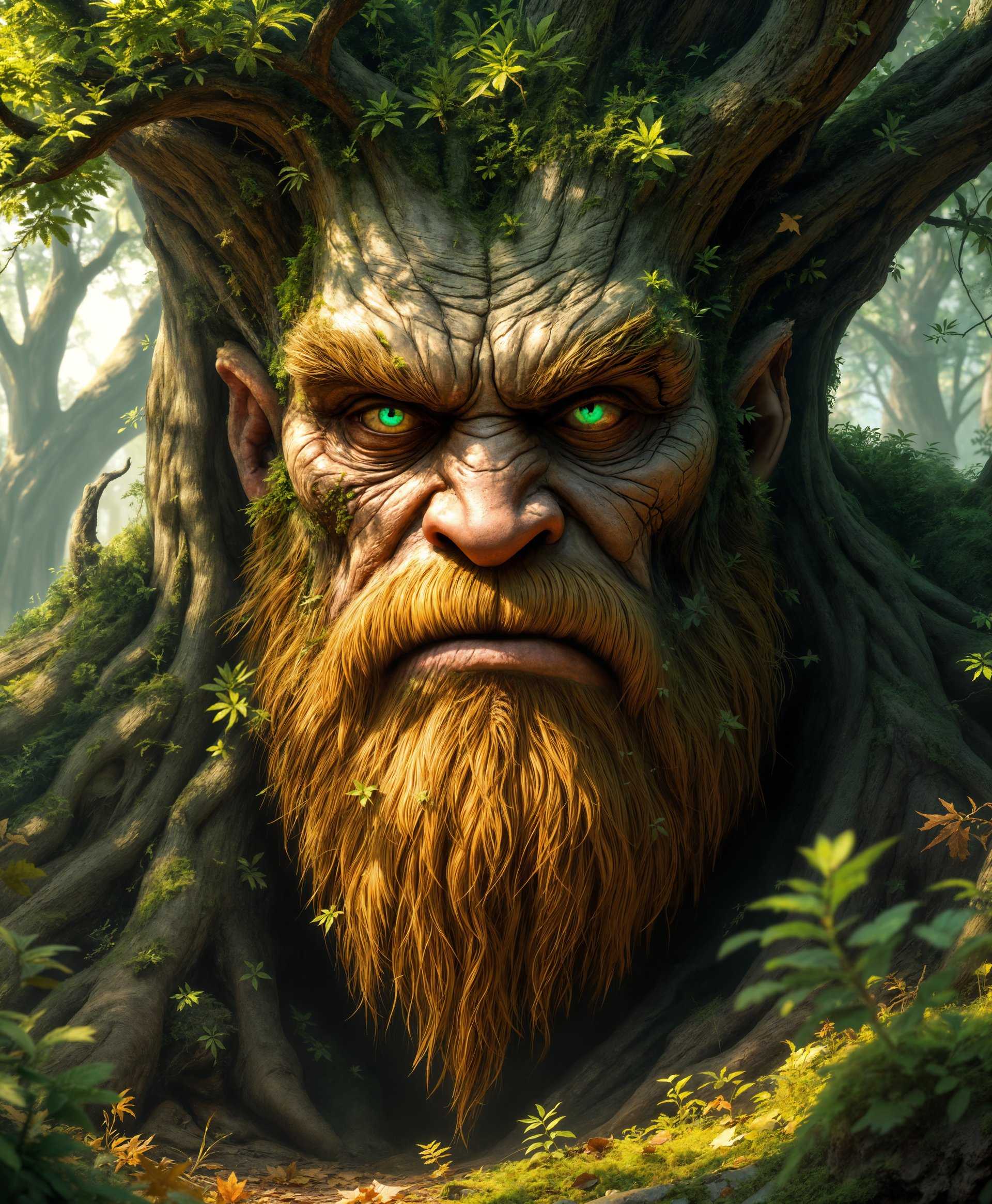 masterpiece, best quality, highres, sharp image, more detail, masterpiece, best quality, highres, sharp image, more detail, Create a highly detailed, high-definition portrait of a mythical Giant, showcasing the following elements:

**Visual Details:**
- **Giant's Appearance:** The Giant has rough, bark-like skin with moss and small plants growing on it, indicating a deep connection with nature. Its eyes are deep-set, wise, and full of stories, with a hint of emerald green.
- **Environment:** Surrounding the Giant are towering ancient trees, with sunlight filtering through the leaves, casting dappled light across its face. The ground is covered with a rich carpet of moss, ferns, and fallen leaves.
- **Colors:** Use an earthy palette with greens, browns, and muted yellows for the Giant's skin and surroundings. Highlights of gold and silver can catch the light on the Giant's features.

**Style:**
- **Artistic Style:** The portrait should mimic the detailed realism of Renaissance portraits, capturing the Giant with lifelike texture and depth.
- **Photography Technique:** Employ macro photography techniques to emphasize the intricate details of the Giant's skin and the surrounding foliage, with a shallow depth of field to blur the background slightly.

**Composition:**
- **Subject Positioning:** The Giant should be looking slightly to the side, engaging with its environment rather than directly at the viewer, creating a sense of observation or contemplation.
- **Camera Angle:** Shoot from a slightly low angle to emphasize the Giant's enormity, with the camera focused on its face, capturing the expression of wisdom and age.
- **Framing:** Use natural framing with branches and leaves to create a window-like effect around the Giant's face, enhancing the focus on the subject.

**Mood and Atmosphere:**
- **Ambiance:** The scene should evoke a sense of wonder, serenity, and timelessness, as if one is stepping into a forgotten legend.
- **Time of Day:** Late afternoon, with the sun low in the sky, casting long shadows and golden light.

**Technical Aspects:**
- **Depth of Field:** Shallow depth of field to focus on the Giant's face, with the background elements in soft focus.
- **Lighting:** Utilize chiaroscuro lighting to highlight the texture and depth of the Giant's skin and to create dramatic contrasts within the scene.

**Cohesion:** The Giant's presence should blend seamlessly with the natural environment, making the viewer question where the Giant ends and nature begins, creating a harmonious and believable scene that feels like a living, breathing part of the forest.