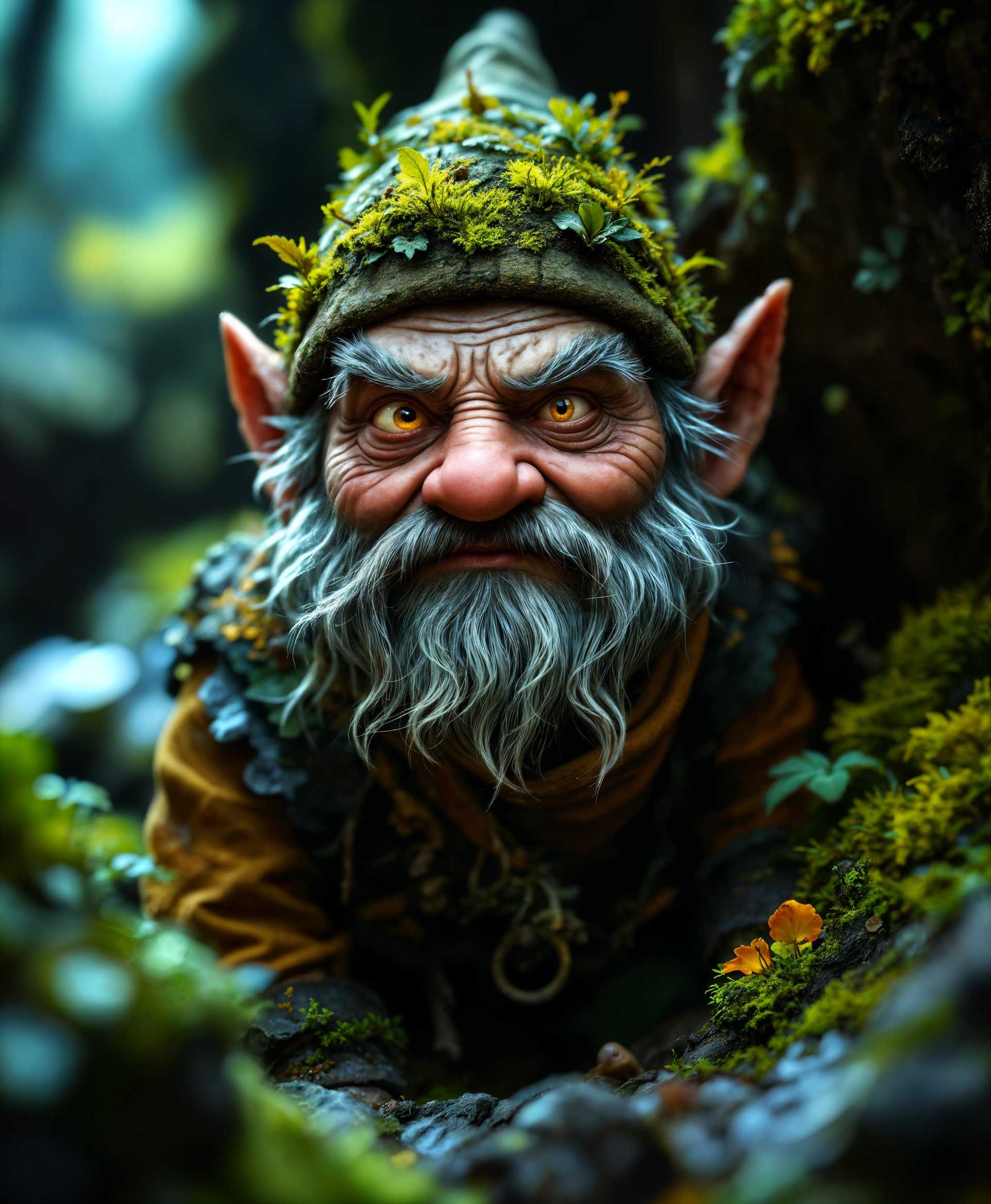 masterpiece, best quality, highres, sharp image, more detail, masterpiece, best quality, highres, sharp image, more detail, A hyper-realistic high-definition portrait of a **Gnome** in its natural underground environment:

- **Visual Details**: The Gnome has weathered, intricate skin with visible creases and lines, showcasing its age. Its eyes are bright, reflecting a mischievous yet wise spark. The attire consists of earthy tones, rich with textures like woven moss, leaf patterns, and bark-like leather, blending seamlessly with the surroundings. The light source, perhaps bioluminescent fungi or a soft glow from an unseen source, casts gentle, diffused lighting, highlighting the intricate details of the Gnome's features and the environment.

- **Style**: Rendered in a **Macro Photography** style, capturing minute details in sharp focus, with a depth of field that blurs the background slightly to emphasize the Gnome. The image should mimic the work of photographers like Levon Biss, focusing on the minute details to convey a sense of realism.

- **Composition**: The Gnome is positioned in the center, with its gaze slightly off-camera, suggesting curiosity or awareness of an intruder in its domain. The camera angle is at eye level with the Gnome, fostering a sense of intimacy. The background includes natural elements like roots, stones, and small plants, framing the subject to give context to its environment.

- **Mood and Atmosphere**: The overall mood is serene yet mysterious, with an undercurrent of magic. The time of day is ambiguous, but the lighting suggests a twilight or dawn setting, with soft, ethereal light filtering through unseen openings. The atmosphere is cool, slightly damp, evoking the underground setting.

- **Technical Aspects**: Utilize a **bokeh** effect to create a soft, out-of-focus background, emphasizing the subject. Employ a **shallow depth of field** to focus on the Gnome while still allowing some background elements to be visible. Use a **low ISO** to minimize grain and ensure the highest detail possible.

- **Cohesion**: The scene should be believable, with every element from the Gnome's appearance to the surrounding environment creating a harmonious, lived-in world where the Gnome naturally belongs. The lighting should interact with the textures to enhance the realism of the scene, making the viewer feel as though they are peering into a hidden world.