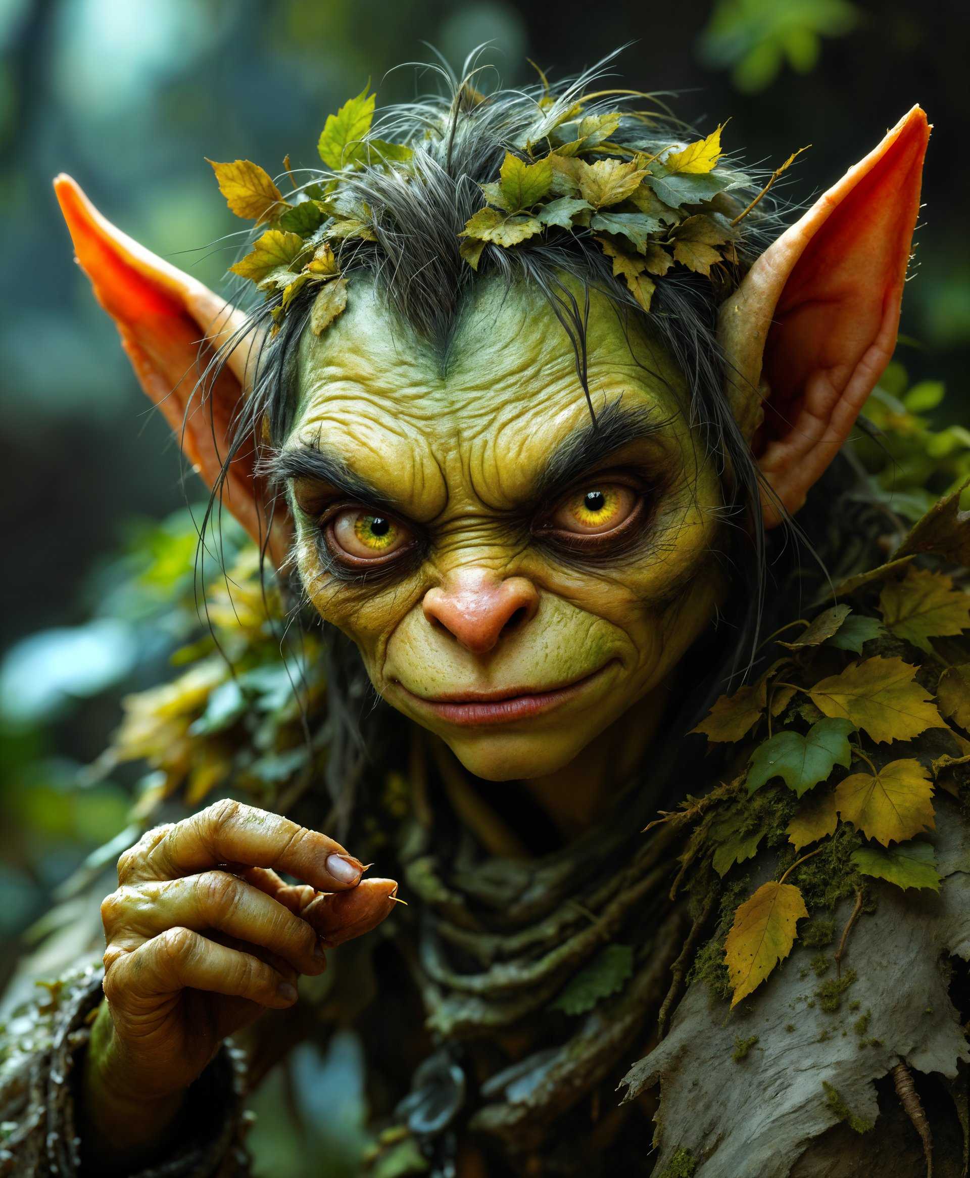 masterpiece, best quality, highres, sharp image, more detail, masterpiece, best quality, highres, sharp image, more detail, **Prompt:**

Create a high-definition portrait of a Goblin, showcasing its intricate features in a vivid, natural environment:

- **Subject**: A goblin with a mix of mischievous and weary expressions, its skin a mottled green with hints of moss and earth tones. Its eyes are bright, reflecting the environment, with pupils dilated in focus. The goblin's attire is made from natural elements - leaves, bark, and furs, blending seamlessly with its surroundings.

- **Visual Details**: Focus on the textures of the goblin's skin, showing wrinkles, scars, and the rough texture of its clothing. Capture the subtle reflections on its eyes, the dew on its hair, and the intricate details of its makeshift garments. 

- **Style**: Emulate the hyper-realistic style of contemporary fantasy artists like Greg Rutkowski or Sergey Kolesov, with a touch of environmental storytelling akin to Shaun Tan. 

- **Composition**: The goblin is slightly off-center, engaged with something just out of frame, drawing the viewer's curiosity. Use a shallow depth of field to emphasize the goblin's features while softly blurring the natural backdrop. The camera angle is at eye level with the goblin, creating an intimate connection.

- **Mood and Atmosphere**: Convey a sense of dawn or dusk with a soft, golden light filtering through the dense foliage, casting long shadows and creating a mystical, yet grounded atmosphere. The air should feel moist, as if a recent rain has just passed, with mist lingering in the background.

- **Technical Aspects**: Utilize a high dynamic range (HDR) to capture the full spectrum of light and shadow, ensuring the goblin's details are not lost in the shadows or blown out by highlights. Employ a macro lens effect to highlight the goblin's unique features, and apply a slight vignette to draw focus inward.

- **Cohesion**: The goblin's environment should be an extension of its being, with the natural elements like twisted roots, overhanging branches, and scattered leaves, all contributing to a narrative of coexistence and belonging.