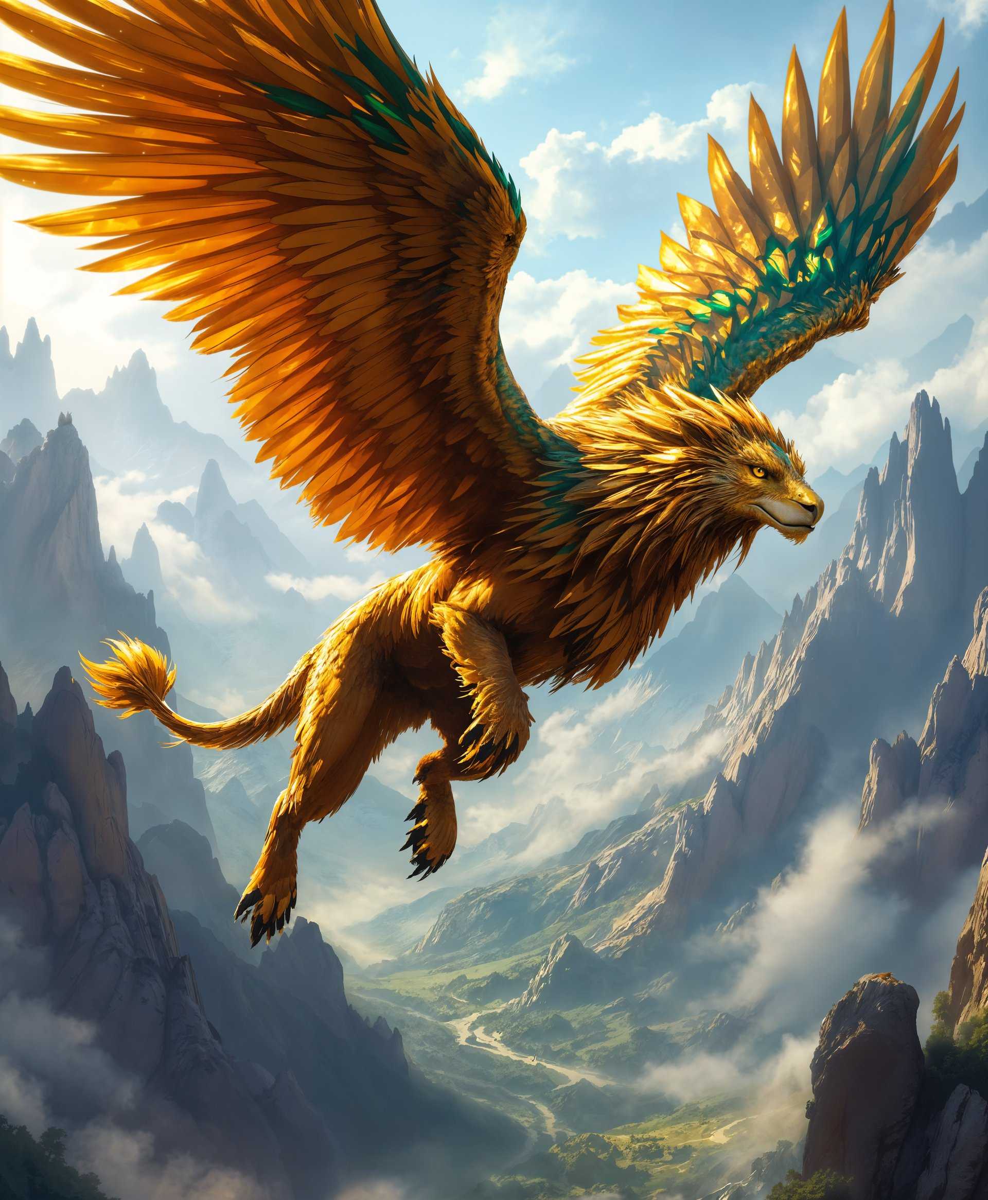 masterpiece, best quality, highres, sharp image, more detail, masterpiece, best quality, highres, sharp image, more detail, **Prompt for High-Quality AI Image Generation:**

- **Subject**: A majestic Griffin, its wings spread wide, soaring through the sky.
  
- **Environment**: The natural habitat of the Griffin, a rugged, mystical mountain range with ancient, towering spires of rock and lush valleys below, hinting at the presence of magic.

- **Visual Details**: 
  - **Feathers**: The Griffin's feathers are a mix of deep bronze, shimmering gold, and flecks of emerald green, catching the light as it flies. The texture of the feathers is glossy and slightly iridescent.
  - **Fur**: The lion's body is covered in rich, tawny fur with streaks of darker brown, providing a stark contrast to the avian features.
  - **Eyes**: The Griffin's eyes are sharp and intelligent, glowing with an amber hue that reflects the sun.
  - **Beak and Claws**: The beak and claws are formidable, made of a material that looks like polished onyx, with a slight sheen.

- **Lighting**: The scene is bathed in the golden hour light, casting long shadows and giving the environment a warm, ethereal glow. Sun rays filter through the clouds, illuminating the Griffin.

- **Composition**: 
  - **Camera Angle**: The image is taken from a low angle, looking up at the Griffin, emphasizing its grandeur and the vastness of its domain.
  - **Framing**: The Griffin is positioned in the center of the image, with its wings framing the majestic landscape behind it, creating a dynamic and balanced composition.

- **Mood and Atmosphere**: 
  - **Time of Day**: Late afternoon, transitioning into the magic hour, with a sense of timelessness and enchantment.
  - **Weather**: Clear skies with scattered, soft white clouds, allowing for dramatic light play and shadow.

- **Style**: The image should evoke the feel of a high fantasy illustration, reminiscent of classic fantasy book covers or medieval bestiaries, with a touch of realism in the portrayal of the creature and its environment.

- **Technical Aspects**: 
  - **Depth of Field**: A shallow depth of field with the Griffin in sharp focus and the background slightly blurred, drawing attention to the creature.
  - **Color Palette**: Use a rich palette of earthy tones, complemented by the vibrant hues of the Griffin's plumage.
  - **Resolution**: Ultra-high definition, with meticulous detail in textures and fine lines.