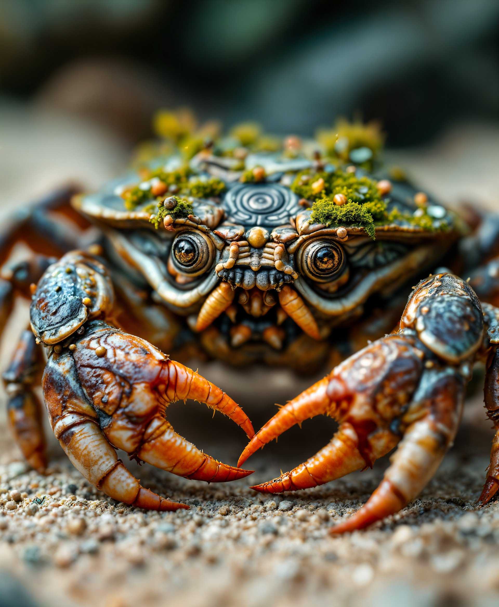 masterpiece, best quality, highres, sharp image, more detail, masterpiece, best quality, highres, sharp image, more detail, ```plaintext
A high-definition, ultra-realistic portrait of a Heikegani crab, showcasing its unique facial features reminiscent of a human face, with:

- **Visual Details**: The Heikegani's shell displays intricate, lifelike patterns of a samurai's face, with detailed textures that mimic the weathered, battle-scarred appearance of ancient warriors. The crab's body is adorned with moss and small barnacles, adding to the authenticity of its aged look. The colors are predominantly earthy, with shades of brown, green, and gray, enhancing the naturalistic feel.

- **Style**: This image is captured in the style of a nature documentary, with a focus on hyper-realism, similar to the work of photographers like David Doubilet, emphasizing the crab's natural habitat and biological details.

- **Composition**: The crab is centered in the frame, its face filling the majority of the image. The camera angle is slightly from above, looking down at the crab, which is positioned on a sandy ocean floor, with soft, blurred seaweed in the background to create depth.

- **Mood and Atmosphere**: The atmosphere is serene and mysterious, with soft, diffused lighting simulating the gentle glow of underwater light. The time of day suggests late afternoon, with the sun filtering through the water, creating a subtle play of light and shadow on the crab's shell.

- **Technical Aspects**: Utilize macro photography techniques to capture the minute details of the crab's shell. The depth of field should be shallow to focus sharply on the crab's face, with the surrounding environment softly out of focus. Ensure a high dynamic range to capture the subtle gradations in color and texture.

- **Cohesion**: The entire scene should evoke a sense of timelessness, where the Heikegani appears as a living relic from Japan's feudal past, integrated seamlessly into its natural aquatic environment, creating a harmonious blend of myth and reality.
```