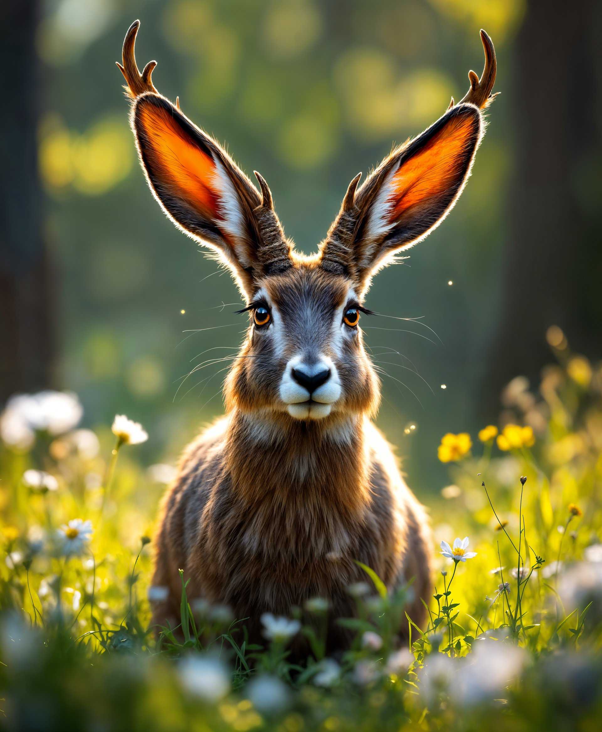 masterpiece, best quality, highres, sharp image, more detail, masterpiece, best quality, highres, sharp image, more detail, Create a high-definition portrait of a **Jackalope** in its natural environment:

- **Subject**: A majestic Jackalope with realistic fur texture, vibrant colors, and a mischievous expression. Its antlers should be intricately detailed, blending the elegance of a deer with the playful nature of a rabbit.

- **Environment**: Set the scene in a serene, lush meadow at dawn. The ground is covered with dew-kissed grass, and wildflowers are scattered around, adding bursts of color. 

- **Lighting**: The early morning sunlight filters through the trees, casting soft, golden rays that highlight the Jackalope's fur, creating a warm, inviting atmosphere.

- **Style**: Capture this in a **Photorealistic** style, with attention to detail akin to fine art wildlife photography. Use a shallow depth of field to focus on the Jackalope, blurring the background to emphasize the subject.

- **Composition**: Position the Jackalope in a three-quarter view, with its head turned slightly towards the camera. The camera angle should be at eye level with the Jackalope to create an intimate connection. Frame the scene with foliage in the foreground to create depth and guide the viewer's eye toward the subject.

- **Mood and Atmosphere**: The mood is tranquil and serene, with the air filled with the subtle sounds of morning, enhancing the peaceful and untouched nature of the scene. The weather is clear, with a hint of mist in the distance, suggesting the freshness of the early morning.

- **Technical Aspects**: Utilize **bokeh** for the background blur, ensuring the Jackalope remains in sharp focus. Employ **golden hour** lighting to bathe the scene in a warm, natural light. Use **macro photography** techniques to capture the intricate details of the fur, eyes, and antlers.

This prompt should generate an image where every element, from the Jackalope to its surroundings, works together to evoke a sense of wonder and authenticity in this fantastical yet believable setting.