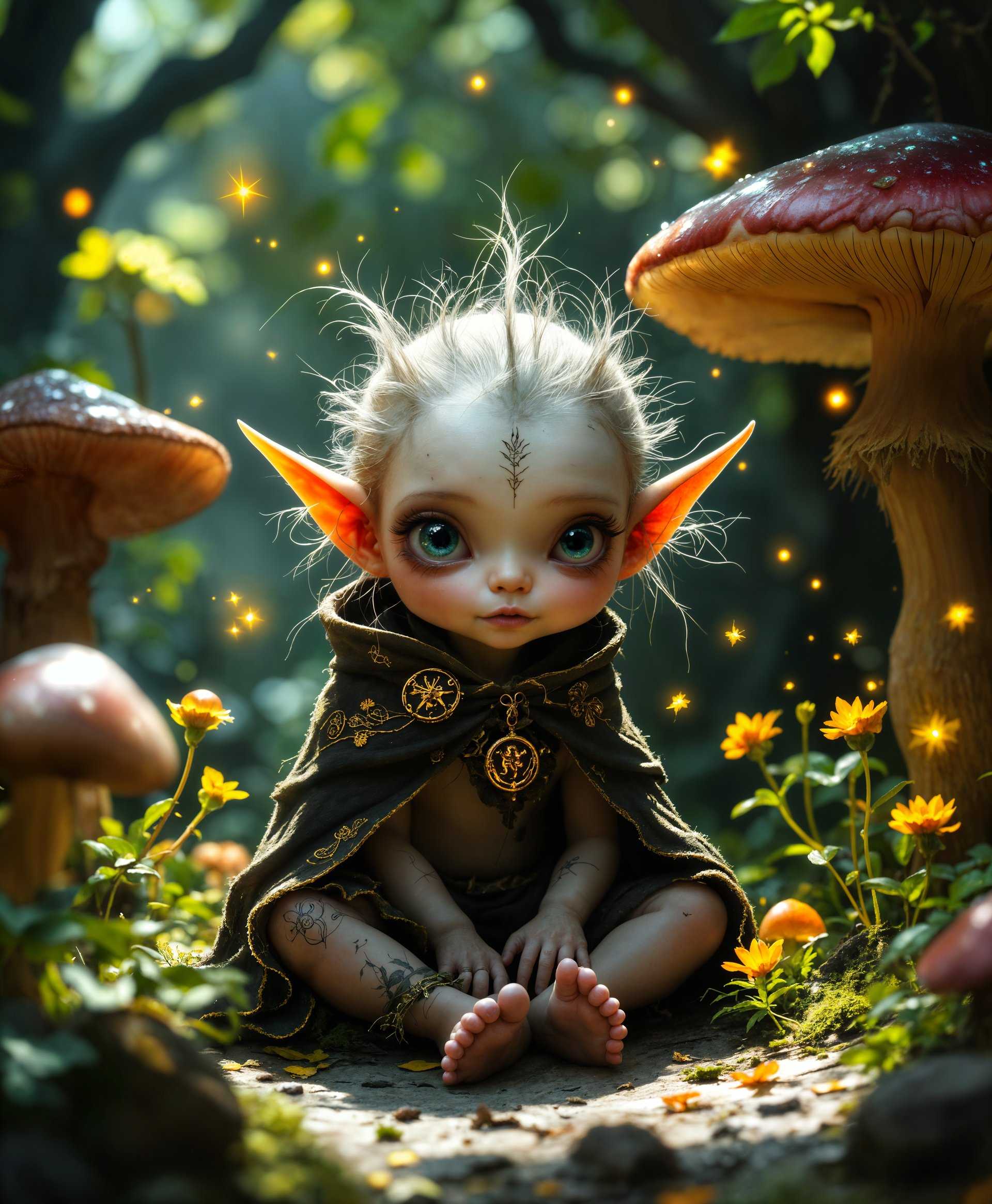 masterpiece, best quality, highres, sharp image, more detail, masterpiece, best quality, highres, sharp image, more detail, Here is a detailed high definition portrait of a baby Yaga in its environment:

- **Subject**: A baby Yaga, with fine, delicate features, sitting in a small, enchanted forest glade. The baby's skin has a slight, natural luminescence, with tiny, intricate tattoos or birthmarks that glow softly. It wears a miniature version of traditional Yaga attire, with a small, pointed hat and a cloak adorned with symbols of nature.

- **Environment**: The glade is lush with oversized, vibrant mushrooms and plants, creating a sense of a magical, miniature world. Sunlight filters through the dense canopy, casting dappled light and shadow, highlighting the baby's features and creating an ethereal atmosphere. Tiny fireflies or magical lights dance around, adding to the mystical ambiance.

- **Artistic Style**: 
  - **Painting Technique**: Use hyper-realistic painting techniques, with attention to detail reminiscent of the Flemish Masters, capturing the texture of the baby's skin, the weave of the fabric, and the minute details of the flora.
  - **Color Palette**: Rich, saturated colors for the forest, with muted tones for the baby to ensure they stand out subtly. The palette should evoke a sense of magic and mystery, with hues of emerald greens, deep purples, and soft, glowing golds.
  - **Lighting**: High contrast lighting with soft, natural light to emphasize the textures and create depth, with a focus on the baby Yaga's eyes to bring out their wisdom beyond years.

- **Composition**: 
  - **Framing**: A close-up shot with the baby Yaga at the center, framed by the surrounding forest elements, creating a natural vignette effect.
  - **Camera Angle**: A low angle, looking up at the baby to emphasize their mystical presence and the grandeur of the forest around them.

- **Mood and Atmosphere**: The scene should evoke a sense of wonder, tranquility, and a hint of the supernatural. The time of day is late afternoon, with the sun setting, casting long shadows and turning the forest into a tapestry of light and shadow.

- **Technical Aspects**: 
  - **Depth of Field**: A shallow depth of field to keep the baby in sharp focus while the background forest blurs slightly, drawing attention to the subject.
  - **Texture**: Emphasize the textures of the forest, from the rough bark to the smooth, shiny leaves, and the delicate, almost translucent quality of the baby's skin.

This detailed, high-definition portrait