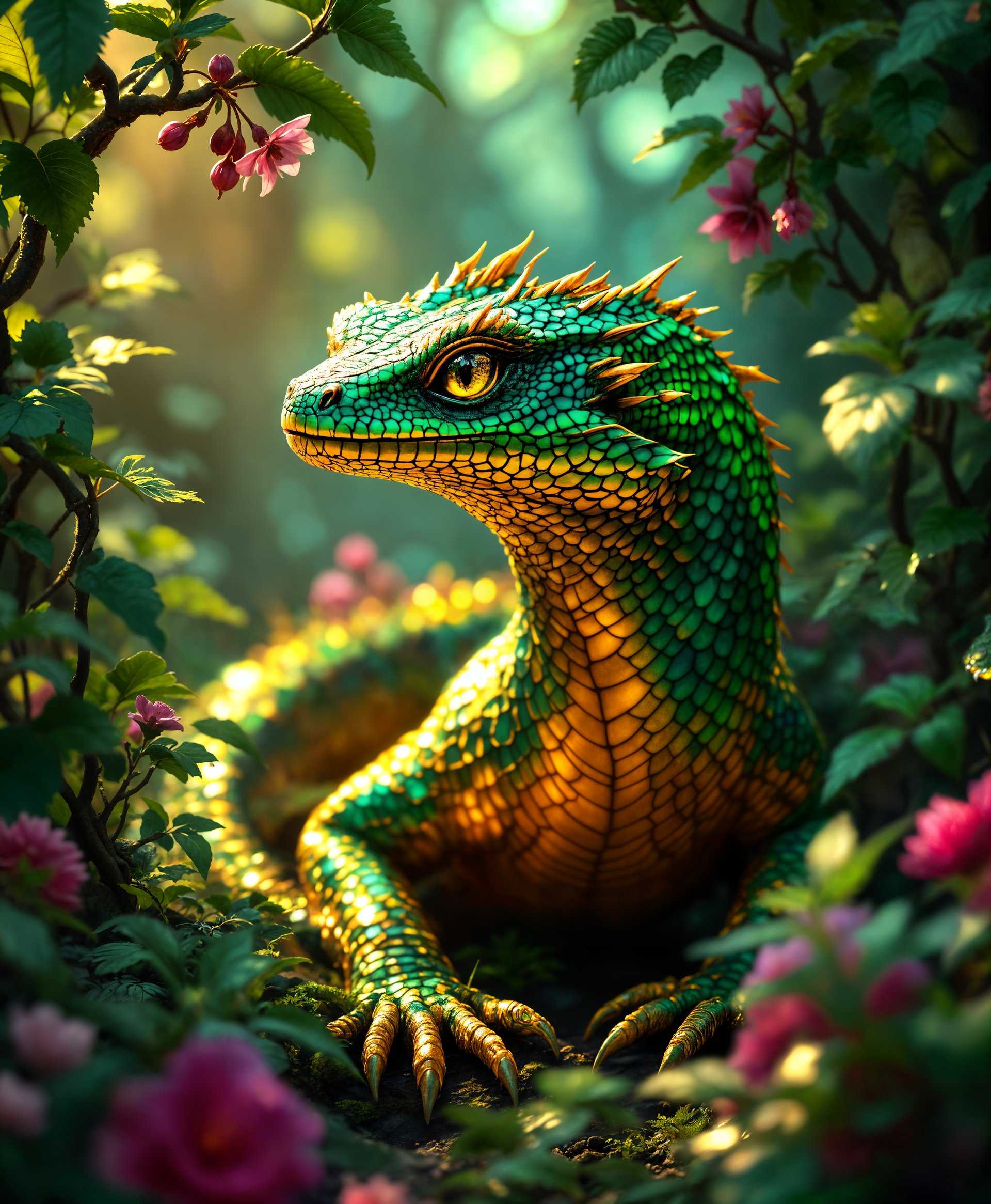 masterpiece, best quality, highres, sharp image, more detail, masterpiece, best quality, highres, sharp image, more detail, A high-definition portrait of a **Basilisk**, rendered in a **hyperrealistic** style with **fantasy elements**, showcasing:

- **Visual Details**: The Basilisk's scales glisten with an iridescent sheen, reflecting the ambient light with colors ranging from deep emerald to a rich, metallic gold. Each scale is meticulously detailed, showcasing a fine texture and slight imperfections. The creature's eyes are vivid, with slit pupils that capture the viewer's gaze with a mesmerizing, almost hypnotic quality. The surrounding foliage is lush, with leaves and flowers that appear almost dewy, enhancing the environment's realism.

- **Environment**: Positioned in a **dense, mystical forest** where the light filters through the canopy, casting a dappled pattern across the Basilisk and the forest floor. Vines and ferns frame the creature, creating natural borders that guide the eye towards the Basilisk.

- **Lighting**: The scene is illuminated by a **soft, diffused light**, suggesting early morning or late afternoon, with beams of sunlight piercing through the trees, highlighting the Basilisk's scales and creating a dramatic chiaroscuro effect.

- **Mood and Atmosphere**: The atmosphere is **mysterious yet serene**, with the forest exuding a sense of ancient magic and untouched wilderness. The Basilisk appears both majestic and at peace in its natural habitat, evoking a sense of awe and respect for the mythical creature.

- **Composition**: The portrait employs a **close-up, portrait-style shot** with a **shallow depth of field**, focusing sharply on the Basilisk while the background subtly blurs, emphasizing the subject. The Basilisk is positioned slightly off-center, adhering to the rule of thirds, with its gaze directed towards an unseen point, enhancing the narrative depth.

- **Technical Aspects**: Utilize **macro photography techniques** for the scales, **selective focus** to highlight the Basilisk, and **color grading** to enhance the fantasy elements, making the scene look like a blend of reality and myth. The image should be in **4K resolution** to capture the finest details.