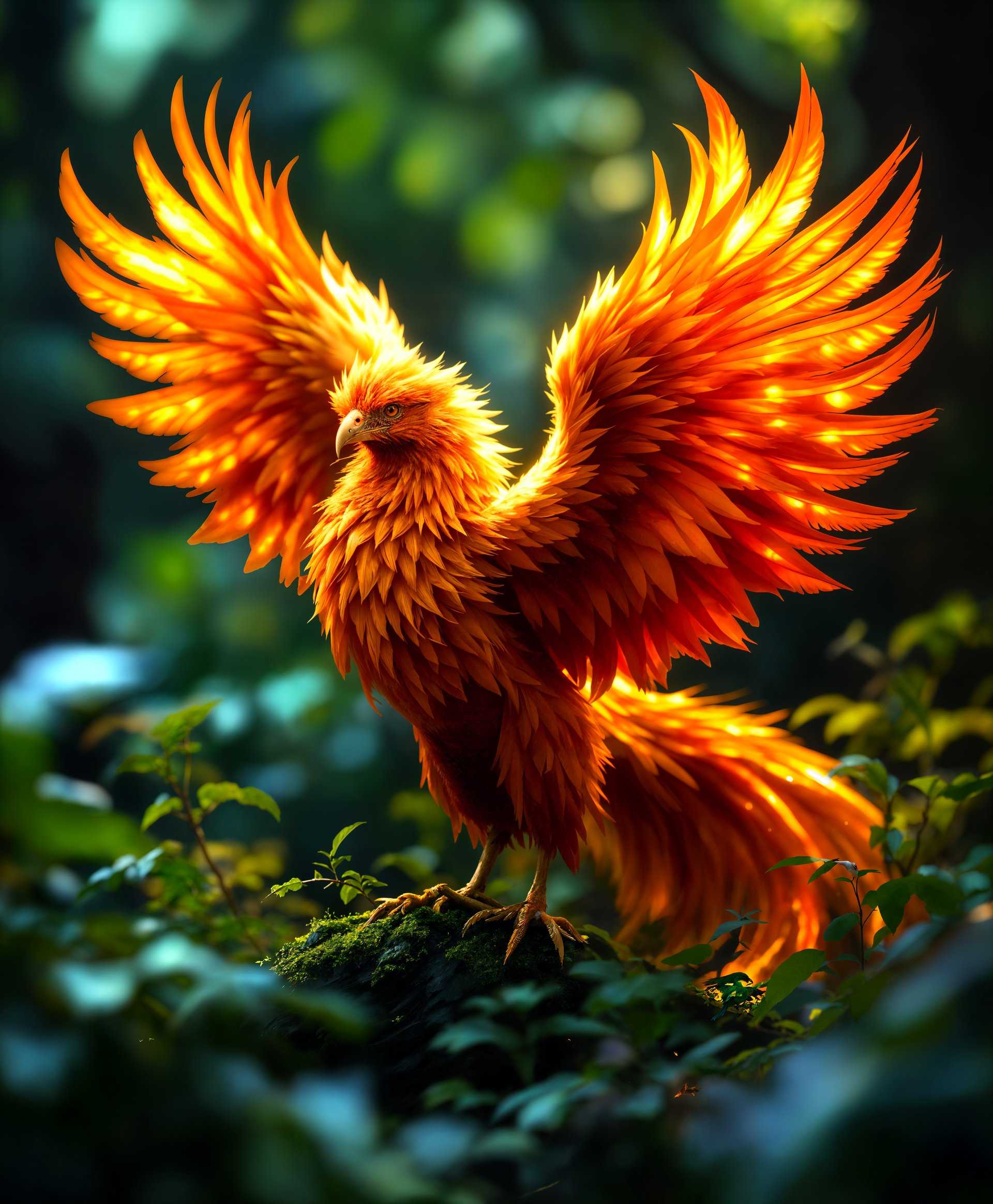 masterpiece, best quality, highres, sharp image, more detail, masterpiece, best quality, highres, sharp image, more detail, masterpiece, best quality, highres, sharp image, more detail, A hyper-realistic high-definition portrait of a majestic Firebird in its natural, mythical forest environment. The Firebird, with its vibrant, **flaming plumage** of reds, oranges, and yellows, stands out against the **lush green foliage**. Its feathers emit a **soft, ethereal glow**, illuminating the surroundings with a warm, radiant light. 

**Style:** Rendered in the style of **wildlife photography**, capturing the Firebird with **extreme detail** in feather texture, the shimmer of its tail, and the reflective quality of its eyes.

**Composition:** The Firebird is **positioned centrally**, its body slightly turned to showcase its magnificent wings, which are **spread open**, as if in flight or about to take off. The camera angle is **slightly below** the bird, enhancing its majestic presence. The framing includes **close-up details** of the bird's face and the intricate patterns of its feathers, with a **bokeh effect** in the background to blur the surrounding forest.

**Mood and Atmosphere:** The scene is set at **dusk**, with the last rays of sunlight filtering through the trees, creating **mottled light patterns** on the ground. The atmosphere is **mystical and serene**, with a **sense of magic** in the air, conveyed by the subtle **glimmer of fireflies** around the Firebird.

**Technical Aspects:** The image uses **high dynamic range (HDR)** to capture the contrast between the bright, glowing feathers and the darker forest environment. **Depth of field** is utilized to keep the Firebird in sharp focus while allowing the background to softly fade, emphasizing the bird's mystical aura. The **color balance** is adjusted to enhance the fiery hues of the Firebird while maintaining the natural colors of its environment.