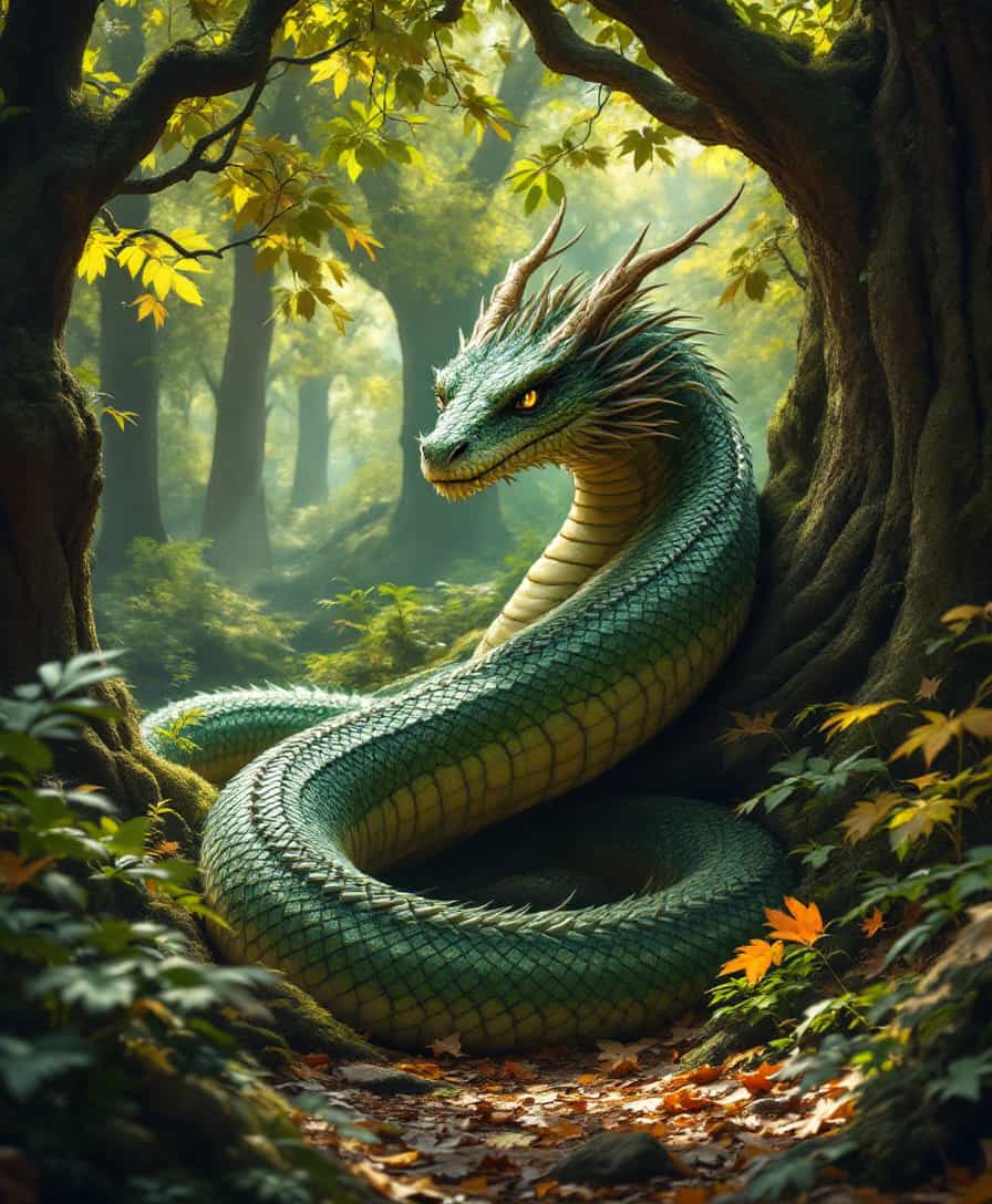 **Image Prompt:**

Create a high-definition portrait of a Tatzelwurm, a mythical creature known for its serpentine body and dragon-like head, in its natural habitat:

- **Subject**: The Tatzelwurm should be the central focus, depicted with a scaly texture, vivid green and earth-toned scales, and piercing, intelligent eyes. Its body should coil gracefully, showcasing its muscularity and agility.
  
- **Environment**: The creature is nestled amidst a lush forest setting. Surround it with towering, ancient trees, dense foliage, and a carpet of fallen leaves in autumnal colors. 

- **Mood and Atmosphere**: Capture a moment of serenity; the scene should be bathed in the golden light of late afternoon, filtering through the leaves, creating a dappled effect on the Tatzelwurm's scales. The atmosphere should convey mystery and the untouched beauty of nature.

- **Lighting**: Use a soft, natural light with a warm color temperature to enhance the colors of the environment and the Tatzelwurm's scales. 

- **Style**: The image should emulate the detailed realism of 19th-century naturalist illustrations, with a focus on botanical accuracy and anatomical detail. 

- **Composition**: Position the Tatzelwurm slightly off-center, using the rule of thirds. The camera angle should be at eye level with the creature, offering an intimate view into its world. 

- **Technical Aspects**: Ensure depth of field with a shallow focus on the Tatzelwurm, blurring the background slightly to emphasize its presence. Use a high dynamic range to capture the full spectrum of colors and textures in the scene.

**Prompt**: A high-definition portrait capturing the majestic Tatzelwurm, coiled in the heart of an ancient forest, bathed in the golden light of late afternoon, showcasing its vivid scales and the serene, mysterious atmosphere of its untouched habitat.