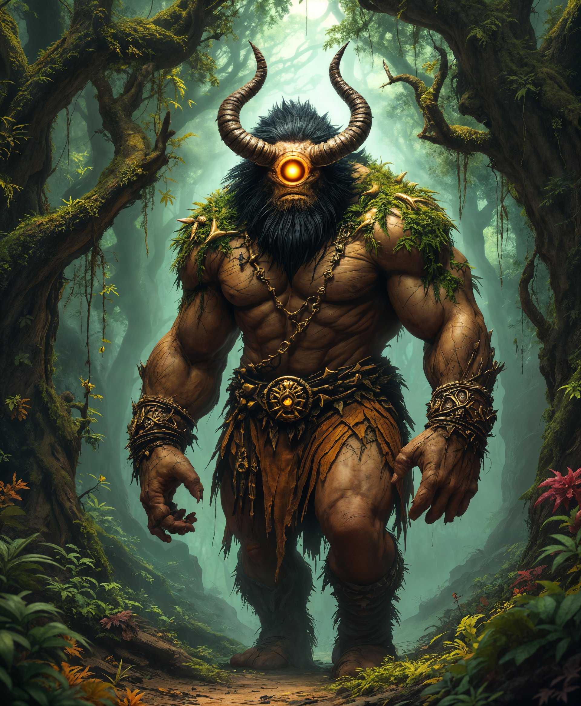 masterpiece, best quality, highres, sharp image, more detail, masterpiece, best quality, highres, sharp image, more detail, Create a high-definition portrait of a **large, muscular Cyclops**, standing at least **12 feet tall**, with **one central eye** that radiates an **intense, piercing gaze**. The Cyclops should be **walking** through a **mystical, ancient forest**:

- **Visual Details**: 
  - The Cyclops has **rough, weathered skin** with visible **scars** and **tattoos** telling tales of battles past. 
  - Its single eye is **large**, **vividly colored** with a **golden iris** that seems to **glow** with an **inner light**.
  - The creature's **clothes** are **made from animal hides**, adorned with **bones and feathers**, showing its primal nature.
  - **Surrounding foliage** includes **vibrant, oversized flora** with **moss-covered trees**, **ferns**, and **vines** that seem to part as the Cyclops moves through them.

- **Style**: 
  - The portrait should be rendered in a **hyper-realistic style** with **photorealistic details**, capturing the **texture of skin** and **the depth of the forest**.
  - Employ **chiaroscuro lighting** to highlight the Cyclops' features, creating **dramatic shadows** and **high contrast**.

- **Composition**: 
  - **Central Focus**: The Cyclops is the **main subject**, framed by the natural elements of the forest.
  - **Camera Angle**: Utilize a **low angle shot** to emphasize the Cyclops' **imposing size** and presence.
  - **Depth of Field**: Use a **shallow depth of field** to blur the background, focusing on the Cyclops while still allowing the environment to be part of the narrative.

- **Mood and Atmosphere**: 
  - The scene should evoke a **sense of mystery and awe**, with **misty morning light** filtering through the trees, casting **speckles of light** on the Cyclops and the forest floor.
  - The atmosphere is **quiet**, with only the **soft sounds** of the forest, giving a feeling of **timelessness and solitude**.

- **Technical Aspects**: 
  - Employ **bokeh** to create a **soft background** that contrasts with the **sharp details** of the Cyclops.
  - Use **high dynamic range imaging (HDRI)** to capture the full range of **light and shadow** in the scene.
  - The **depth map**