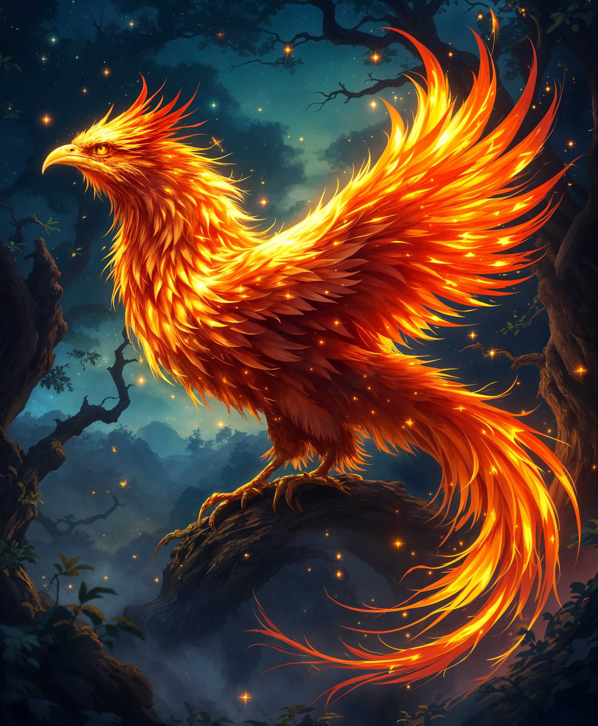 masterpiece, best quality, highres, sharp image, more detail, masterpiece, best quality, highres, sharp image, more detail, **Prompt:**

Create a high-definition, ultra-realistic portrait of a Phoenix in its natural environment:

- **Visual Details:** 
  - The Phoenix should be resplendent with vibrant, fiery feathers in shades of red, orange, and gold, shimmering with an iridescent glow. Its eyes should be piercing, reflecting an inner fire, with fine details like individual feathers, the texture of its beak, and the glossy sheen of its talons.
  - The environment is a mystical, ancient forest at dusk, with the sky painted in hues of deep twilight, flecked with stars. The surrounding trees are ancient, with gnarled trunks and leaves that seem to be made of emerald and jade, reflecting the Phoenix's light.

- **Style:** 
  - Capture the image in a style reminiscent of high-fantasy art, with elements of hyperrealism to enhance the mythical creature's lifelike appearance. Use techniques like depth of field to focus on the Phoenix, while the background softly blurs.

- **Composition:** 
  - The Phoenix is perched majestically on a large, moss-covered branch in the foreground, dominating the frame. Its wings are partially spread, capturing the moment just before flight. The camera angle should be low, looking up at the Phoenix to emphasize its grandeur.

- **Mood and Atmosphere:** 
  - The atmosphere should be enchanting and ethereal, with a sense of impending magic. The light should mimic the glow of the Phoenix, casting warm, flickering light across the scene, highlighting the mystical forest's features. 

- **Technical Aspects:** 
  - Employ techniques like high dynamic range (HDR) imaging to capture the broad range of lighting from the Phoenix's glow to the dark forest. Use macro photography details for the Phoenix's feathers and eyes, and apply post-processing effects like lens flare to enhance the mythical aura.

- **Cohesion:** 
  - All elements should harmonize to create a believable, enchanting scene where the Phoenix looks as if it truly belongs, its presence integral to the forest's magic. The scene should feel like a glimpse into a hidden, mythical world, where time stands still, and the Phoenix is its eternal guardian.