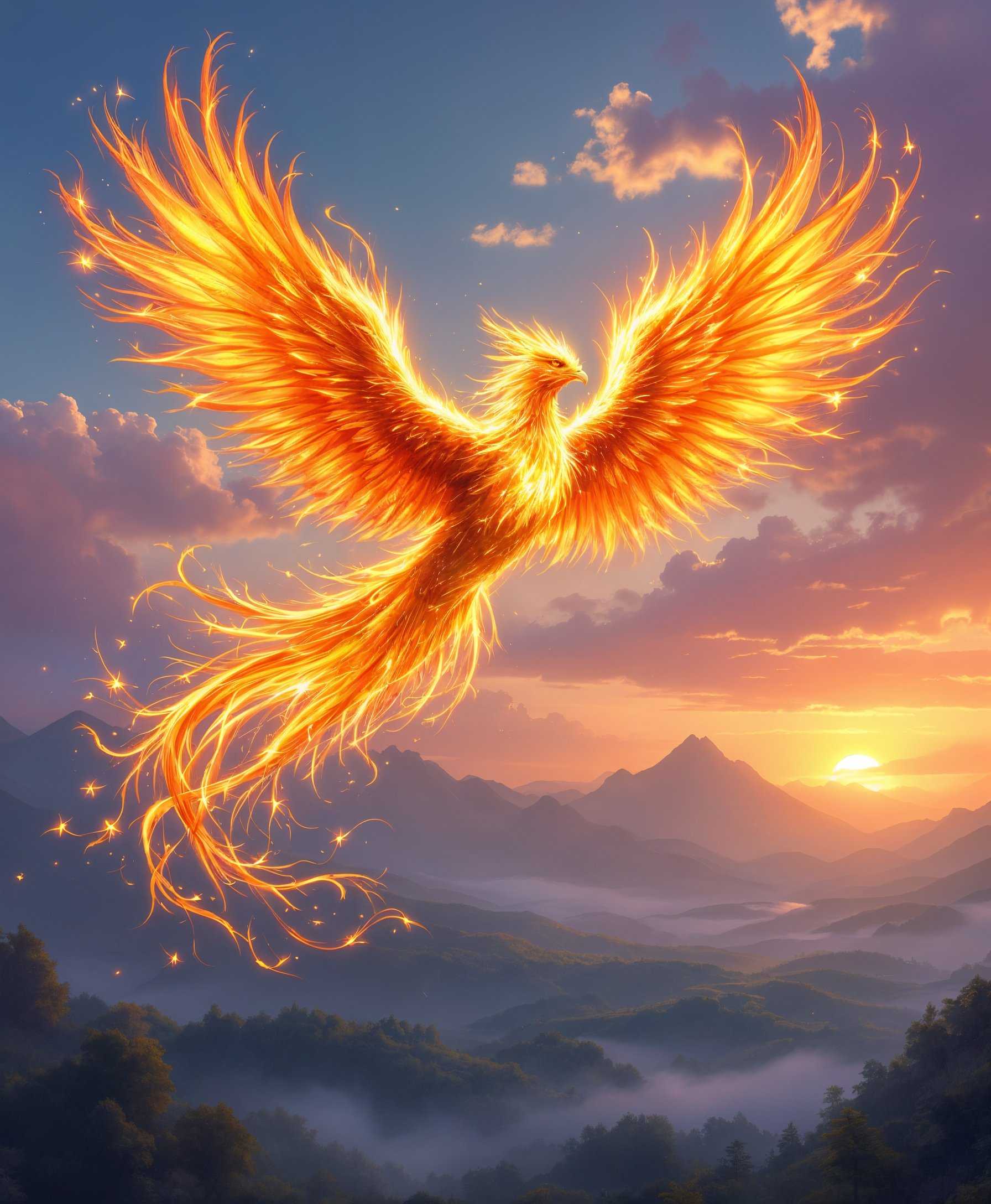 masterpiece, best quality, highres, sharp image, more detail, Create a detailed, high-definition digital painting of a **Phoenix** in flight:

- **Subject**: The Phoenix, with vibrant, **flaming plumage** in shades of fiery orange, red, and gold, **glowing** with an inner light. Its wings are spread wide, showcasing intricate feather patterns that resemble both flames and feathers, exuding **regeneration** and **power**.

- **Environment**: The Phoenix flies above a **lush, mythical landscape** at **dusk**, where the sky is painted with the last rays of the setting sun, casting a warm, golden hue. Below, an expansive view of **ancient, sprawling forests** meets the horizon, with **mystical mountains** in the distance, all under a sky filled with soft, **pink and purple clouds**.

- **Artistic Style**: Combine elements of **digital painting** with **hyper-realistic** details, capturing the **vividness** of the Phoenix's feathers and the **luminous atmosphere**. Use techniques like **layering** for depth, **glazing** for translucency, and **chiaroscuro** for dramatic lighting effects.

- **Composition**: The Phoenix is **centered** in the frame, its wingspan filling the canvas, creating a **symmetrical** composition. The camera angle is slightly **from below**, emphasizing the bird's majesty and giving a sense of **ascent**. The background landscape stretches into the distance, drawing the eye to follow the Phoenix's path.

- **Mood and Atmosphere**: The scene should evoke a sense of **wonder, mysticism, and the eternal cycle of life and rebirth**. The lighting should be **soft and magical**, with the Phoenix itself being the primary light source, casting a warm glow on the environment.

- **Technical Aspects**: Utilize **HDRI** to capture the range of light from the Phoenix's flames to the dimming twilight. Focus on **bokeh** in the background to blur the forest and mountains, highlighting the Phoenix. Use **motion blur** subtly to imply movement in the wings, and **soft focus** on the edges to blend the bird into its environment seamlessly.

- **Cohesion**: The entire scene should blend the **fantastical elements** of the Phoenix with a **realistic portrayal** of its habitat, ensuring the bird appears as if it truly belongs in this world, merging myth with nature in a harmonious display.