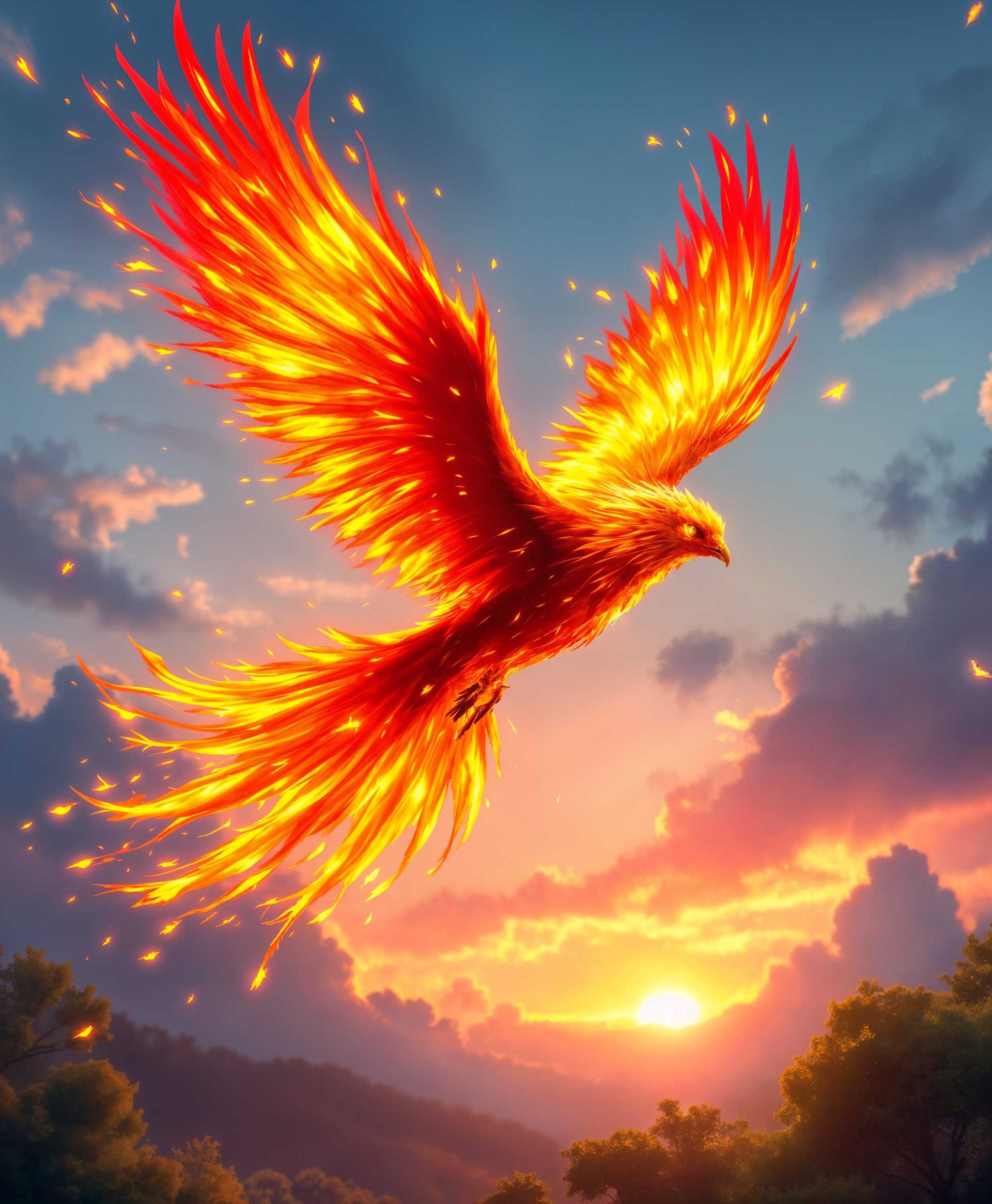 masterpiece, best quality, highres, sharp image, more detail, masterpiece, best quality, highres, sharp image, more detail, **Subject**: A majestic Firebird in flight, its feathers aflame with vibrant, fiery hues of red, orange, and gold, creating a brilliant contrast against the surrounding sky.

**Environment**: The Firebird soars above a lush, emerald green forest canopy at sunset. The scene is set during the golden hour, with the sun low on the horizon casting long shadows and a warm, golden light that complements the Firebird's fiery plumage.

**Visual Details**:
- **Feathers**: Each feather of the Firebird is meticulously detailed, showing individual flames and embers glowing with life.
- **Eyes**: The bird's eyes are bright and piercing, reflecting the colors of its environment, adding depth and soul to the creature.
- **Sky**: The sky behind the Firebird transitions from the deep blue of the evening to a soft pink and purple, with scattered clouds that catch the sunset's light, adding layers to the backdrop.
- **Lighting**: The golden hour lighting enhances the Firebird's flames, creating a halo effect around its body, while also casting soft, warm light on the forest below.

**Artistic Style**: Capture this in a hyper-realistic style with photorealistic textures, reminiscent of the detailed wildlife photography of Art Wolfe or the dramatic lighting of Greg Gorman's work.

**Composition**:
- **Framing**: The Firebird is framed in the center, with its wings spread wide, filling the frame with dynamic movement. 
- **Camera Angle**: A slightly low angle shot to give the Firebird a majestic and powerful presence, emphasizing its flight and the expanse of the sky.

**Mood and Atmosphere**: The atmosphere is serene yet full of wonder, with the Firebird's flight symbolizing freedom, magic, and the transition from day to night. The cool evening breeze gently rustles the leaves below, creating a peaceful contrast to the fiery display.

**Technical Aspects**: Use a shallow depth of field to blur the forest canopy slightly, focusing on the Firebird. Employ HDR to capture the dynamic range of the scene, from the bright flames to the dark shadows of the forest. 

**Cohesion**: The scene should feel like a moment captured in time, where the natural world and the mythical Firebird exist harmoniously, the bird's flames illuminating the scene, making it appear as if the forest itself is alight with magic.