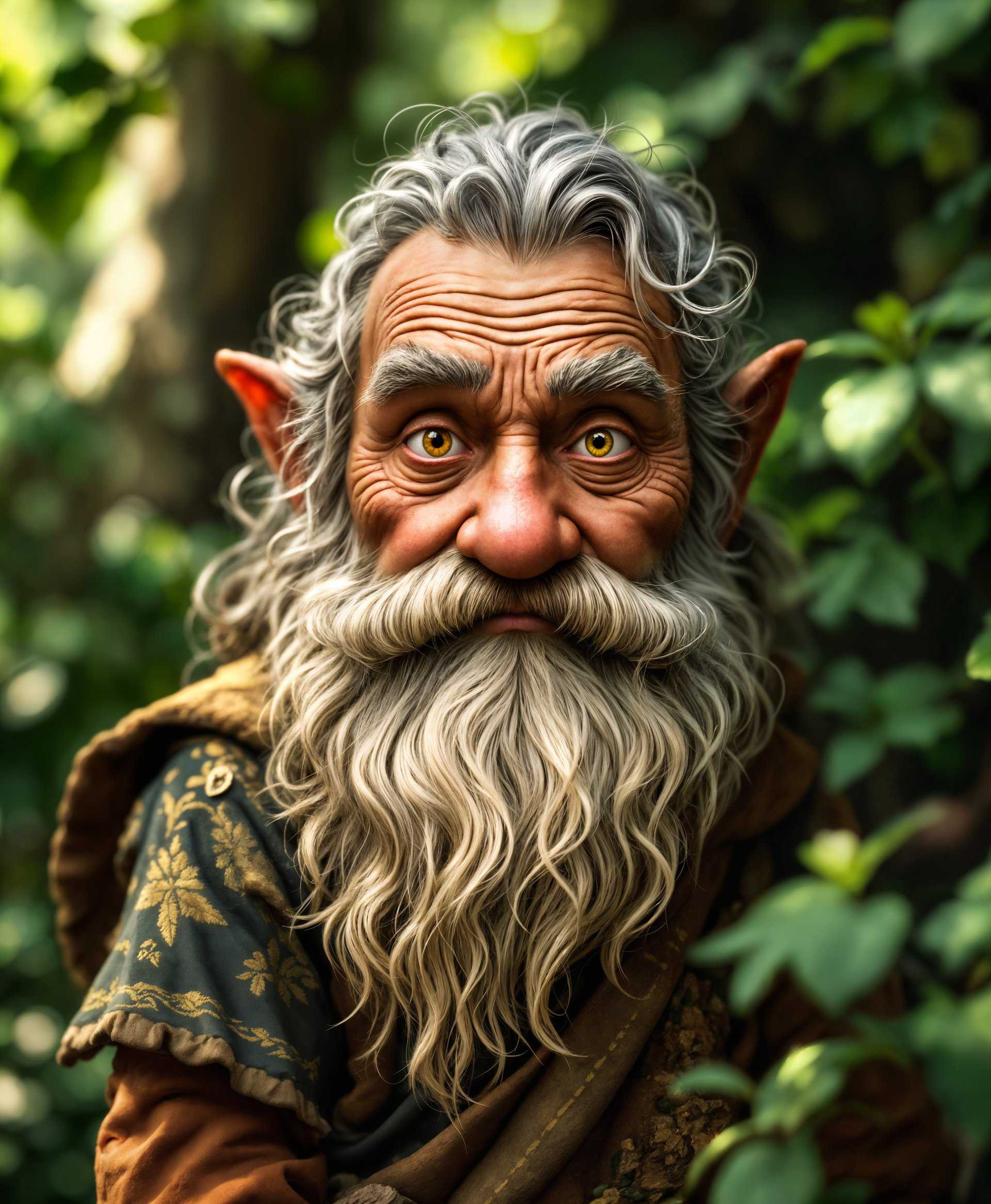 masterpiece, best quality, highres, sharp image, more detail, masterpiece, best quality, highres, sharp image, more detail, A highly detailed, ultra high-definition portrait of a gnome in its natural environment:

- **Visual Details**: The gnome's skin is textured with wrinkles, showing age and wisdom, adorned with a long, curly beard in shades of gray. Its eyes are bright and inquisitive, reflecting the lush green of the surrounding flora. The clothing is rustic, made of natural fibers, dyed in earthy tones with intricate embroidery that mimics the patterns found in nature. 

- **Style**: Rendered in the style of a hyper-realistic painting, reminiscent of 19th-century naturalist art, capturing every minute detail with precision and clarity, with a touch of fantastical elements.

- **Composition**: The gnome is positioned centrally, slightly to the left, engaging with the viewer through direct eye contact. The background is a dense forest, with light filtering through the leaves, creating a dappled effect on the gnome's face and attire. The depth of field gently blurs the background, focusing attention on the gnome.

- **Mood and Atmosphere**: The scene exudes a serene, otherworldly tranquility. It's late afternoon, with the sun low in the sky, casting long shadows and warm, golden hues that enhance the mystical feel. There's a subtle sense of magic in the air, as if the gnome is about to share a secret.

- **Technical Aspects**: The image should utilize techniques like bokeh for the background, chiaroscuro to emphasize the gnome's features, and a shallow depth of field to keep focus on the subject. The lighting should mimic natural light sources, with soft, directional light highlighting the gnome's features.

- **Cohesion**: Every element, from the gnome's attire to the forest setting, should blend seamlessly to create a believable and enchanting world where gnomes could exist, maintaining a balance between realism and fantasy.