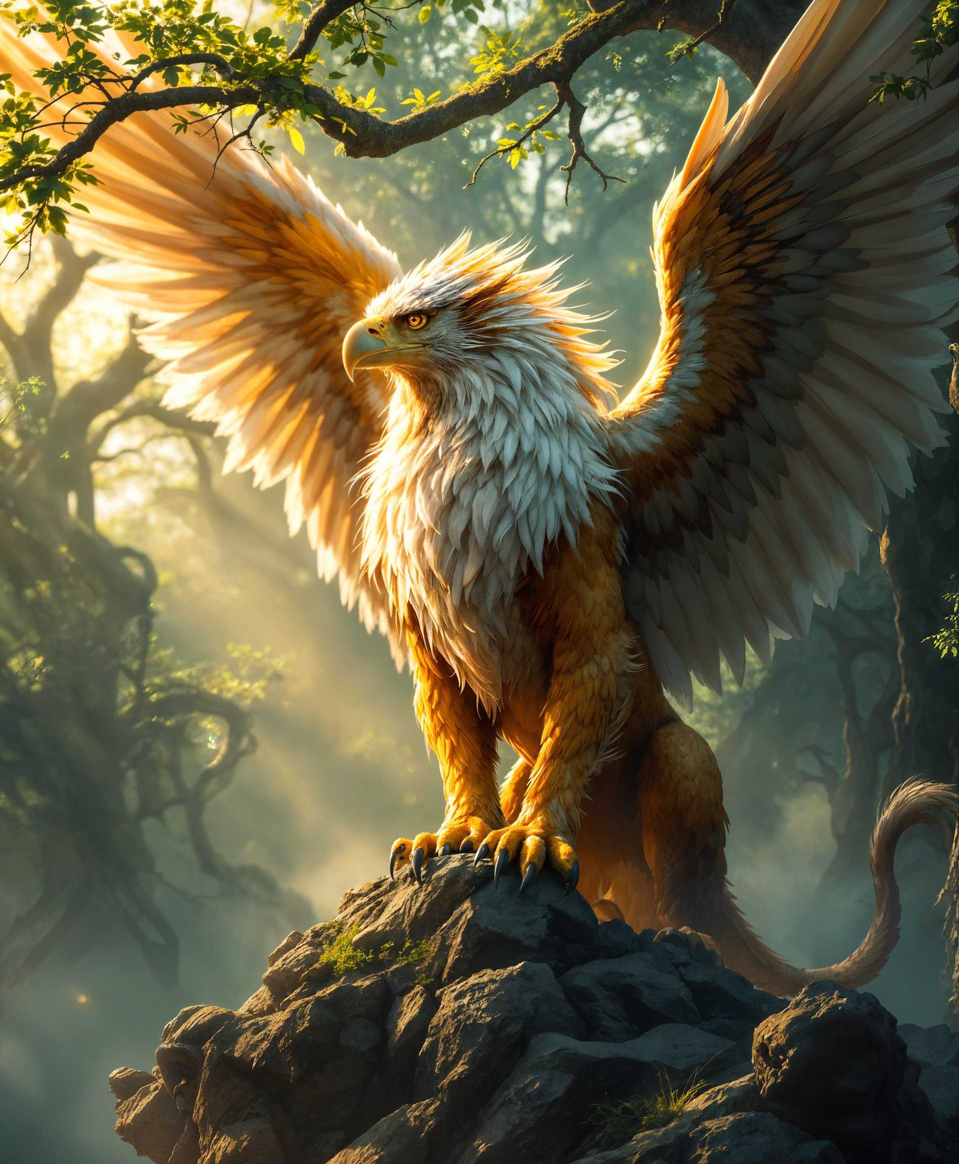 masterpiece, best quality, highres, sharp image, more detail, masterpiece, best quality, highres, sharp image, more detail, **Prompt:** Create a hyper-realistic, high-definition portrait of a majestic Griffin in its natural habitat. The scene should be set at dawn, with the first rays of sunlight piercing through the mist, casting soft golden light on the mythical creature. 

- **Subject:** The Griffin should be depicted with a regal posture, standing atop a rocky outcrop overlooking a dense, ancient forest. Its eagle head should exhibit piercing yellow eyes with a sharp, intelligent gaze, and its beak slightly open as if about to call. The lion's body should showcase powerful muscles and a mane flowing gently in the morning breeze.

- **Environment:** Surround the Griffin with an ethereal forest, where the trees have leaves shimmering with dew, and ancient, gnarled roots twisting around the stones. Mist should hang low, diffusing the light and creating a mystical atmosphere. 

- **Visual Details:**
  - **Textures:** The feathers should appear soft and layered, while the fur should be coarse and thick, with visible individual strands catching the light. The beak and talons should have a glossy, almost metallic sheen, suggesting their strength and sharpness.
  - **Colors:** Use a palette of soft greens for the forest, with the dawn sky transitioning from deep blue to soft pink and orange. The Griffin's feathers should have a blend of earthy browns, whites, and hints of gold, while its lion body should be a tawny gold with darker highlights.

- **Style:** Capture the image in the style of hyper-realistic digital painting, focusing on minute details, with a depth of field that blurs the background slightly to emphasize the Griffin, yet keeps the environment detailed enough to feel alive.

- **Composition:** Utilize a low camera angle to look up at the Griffin, emphasizing its power and grandeur. Frame the creature slightly off-center to the left, allowing room for the forest to breathe on the right, guiding the viewer's eye through the scene.

- **Mood and Atmosphere:** The atmosphere should be serene and mystical, with the morning light and mist evoking a sense of wonder and magic. The scene should feel untouched by human presence, enhancing the mythical and timeless quality of the Griffin's habitat.

- **Technical Aspects:** Ensure the image has a high dynamic range to capture the subtleties of light and shadow, with focus stacking to keep the Griffin sharp while maintaining a shallow depth of field for the background. Employ techniques like texture mapping for realistic fur and feathers, and use volumetric lighting to create beams of light through the mist.