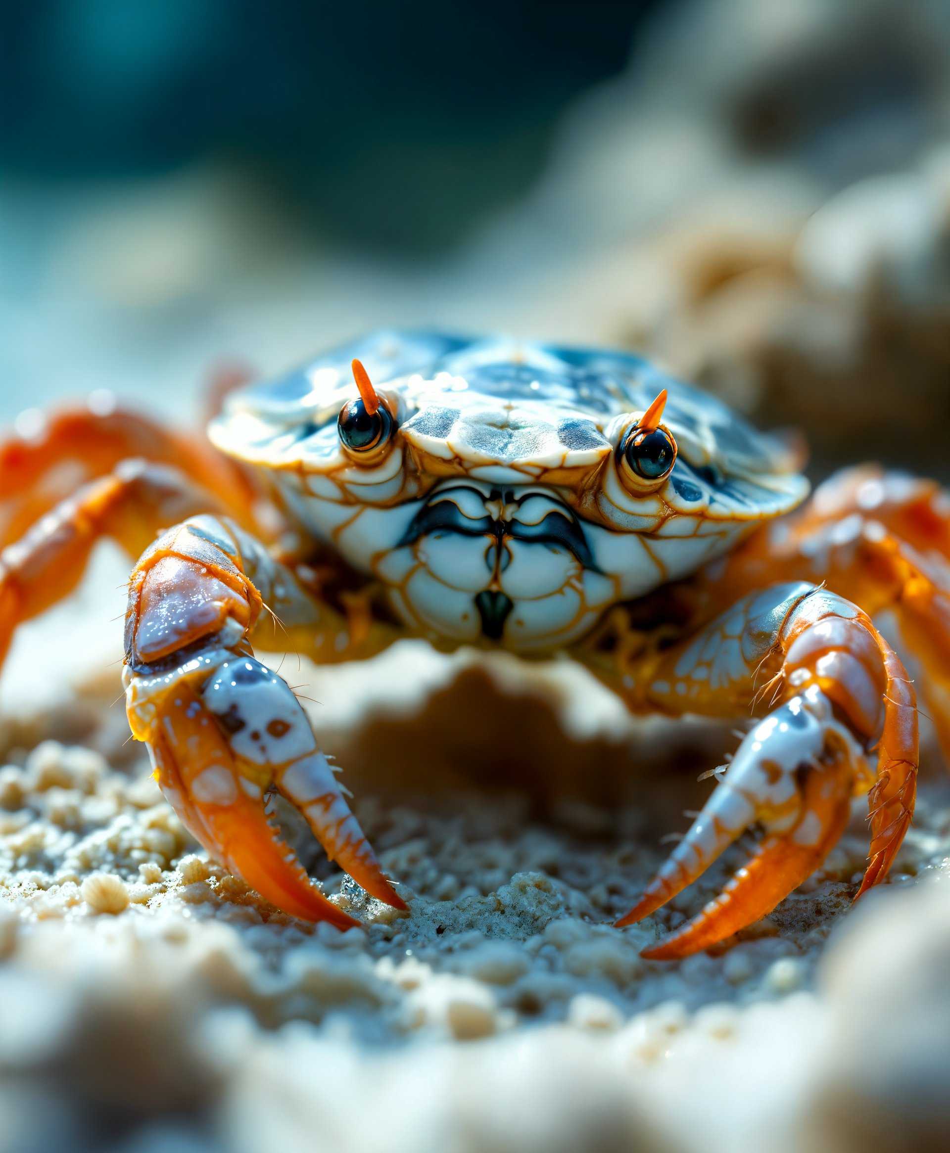 masterpiece, best quality, highres, sharp image, more detail, masterpiece, best quality, highres, sharp image, more detail, Create a **hyper-realistic, high-definition portrait** of a **Heikegani crab** in its natural habitat:

- **Visual Details:** The crab should exhibit its unique facial pattern, reminiscent of a human face, with precise details in the texture of its shell, the color variations, and the delicate, translucent legs. The surrounding water should be crystal clear, revealing the sandy or rocky substrate typical of its environment.

- **Style:** Adopt a **hyper-realistic style** with a focus on macro photography techniques, ensuring every detail is captured with scientific accuracy. 

- **Composition:** The Heikegani should be positioned centrally, looking directly at the camera, with a slight angle to showcase its shell's facial pattern. The background should be blurred to emphasize the subject, creating a depth of field effect typical in portrait photography.

- **Mood and Atmosphere:** The scene should evoke a sense of wonder and curiosity, with soft, natural lighting filtering through the water to create a serene, almost mystical atmosphere. The time of day should be early morning, with light rays piercing the water.

- **Technical Aspects:** Utilize **bokeh** effects for the background, a **shallow depth of field** to focus on the crab, and **soft focus** where necessary to enhance the realism of the underwater environment. Use **high dynamic range** to capture the contrast between the dark areas of the crab's shell and the lighter, illuminated parts.

- **Cohesion:** All elements should work harmoniously to present the Heikegani as a natural wonder, a living testament to folklore, blending the line between nature and myth in a visually compelling manner.