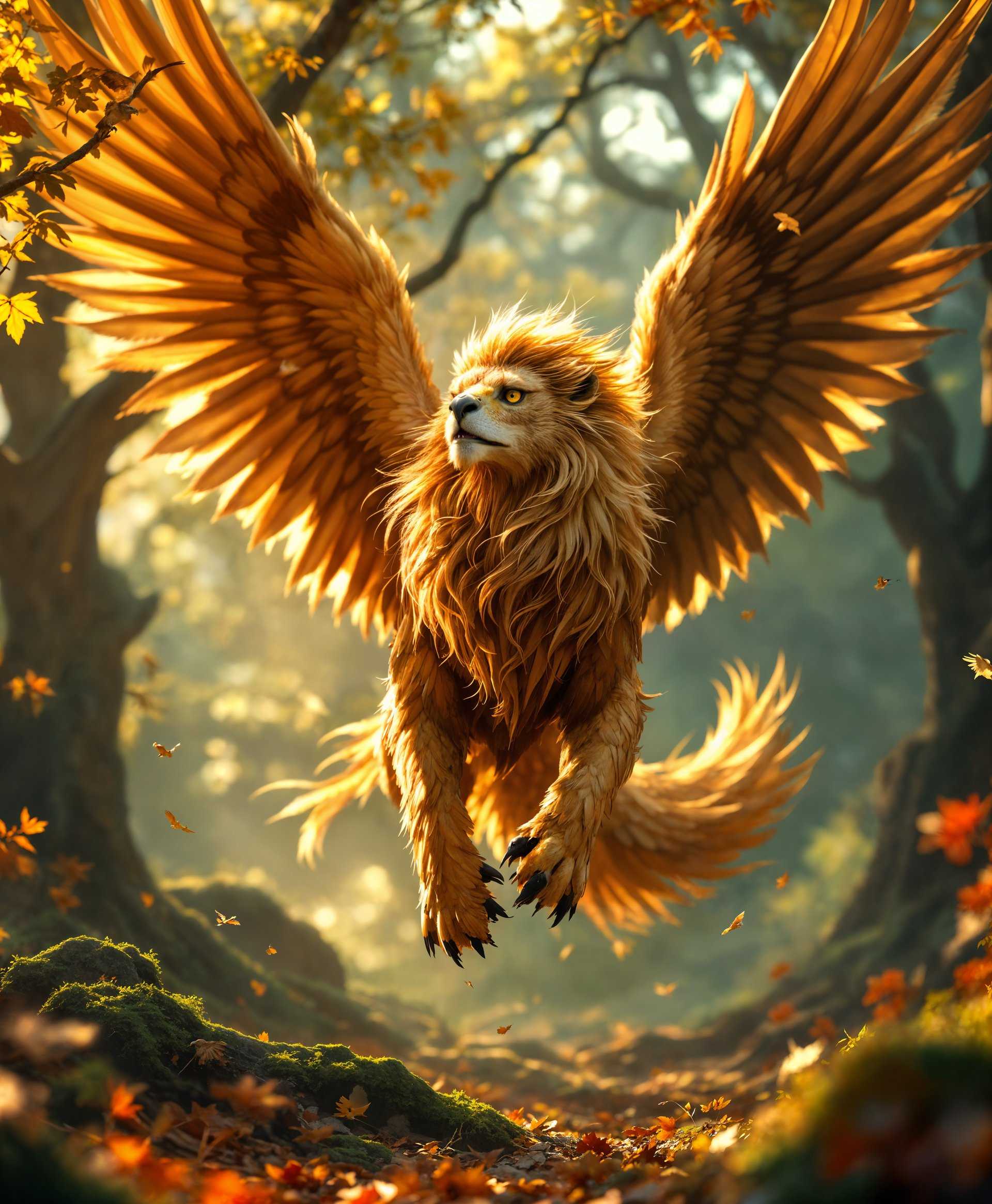 masterpiece, best quality, highres, sharp image, more detail, masterpiece, best quality, highres, sharp image, more detail, A high-definition portrait of a majestic Griffin in flight, captured with a 35mm lens for a natural perspective, set against the backdrop of its mythical environment:

**Subject:** A Griffin, half-eagle with piercing amber eyes and a regal beak, half-lion with a powerful, muscular body adorned with a rich, golden mane flowing in the wind. Its wings are grand, feathered in shades of bronze and amber, each feather meticulously detailed to show texture and depth.

**Environment:** The scene is set in a mystical forest clearing, with ancient, towering trees whose leaves are just beginning to turn with the first hints of autumn. The ground is a tapestry of fallen leaves, moss, and small flowers, creating a natural mosaic. 

**Lighting:** Golden hour light filters through the canopy, casting a warm glow over the scene, highlighting the Griffin's feathers and fur with a halo effect. 

**Atmospheric Elements:** A gentle breeze rustles the leaves and feathers, adding dynamic movement to the scene. The air is crisp and clear, with a soft mist lingering at the forest edges, enhancing the mythical aura.

**Artistic Style:** Rendered in a hyper-realistic style, with attention to minute details like the texture of the Griffin's feathers, the play of light on its fur, and the lifelike expression in its eyes. The composition uses a shallow depth of field to focus on the Griffin while subtly blurring the background to maintain focus on the subject.

**Mood:** The image exudes a sense of awe and reverence, capturing the moment of flight as a testament to the Griffin's power and grace, set within an environment that feels both ancient and timeless.