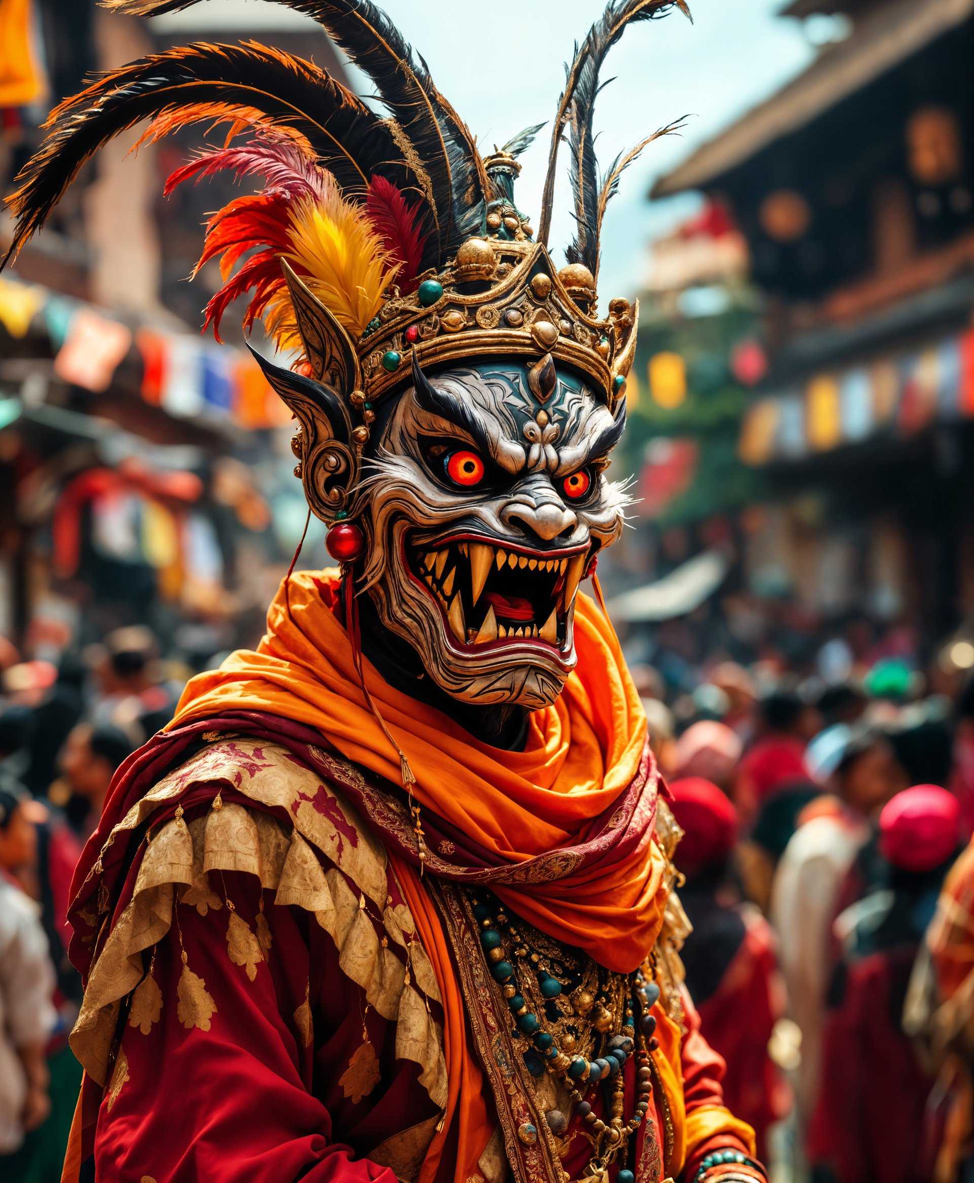 masterpiece, best quality, highres, sharp image, more detail, masterpiece, best quality, highres, sharp image, more detail, **Subject:** A Lakhey, a mythical creature from Newar culture, depicted with a fierce expression, intricate mask with exaggerated features, and traditional attire.

**Environment:** Set in the bustling streets of Bhaktapur during the Indra Jatra festival, with a backdrop of ancient, ornate wooden buildings, vibrant prayer flags, and lively crowds.

**Visual Details:** 
- **Textures:** The mask has detailed carvings and is adorned with feathers, beads, and metal ornaments, reflecting the artisan's craftsmanship. The Lakhey's costume is made of heavy, embroidered fabric with layers of colorful sashes.
- **Colors:** Use a palette of deep reds, greens, and gold, with accents of bright festival colors like orange and yellow from surrounding decorations.
- **Lighting:** Midday sunlight filters through the crowd, casting dynamic shadows and highlighting the textures of the mask and costume. 

**Style:** Capture in a style reminiscent of ethnographic photography, with a focus on cultural authenticity, yet with a cinematic depth of field.

**Composition:** 
- **Framing:** The Lakhey is centered, with the festival scene providing context around the edges, creating a sense of depth and movement.
- **Camera Angle:** Eye-level shot to emphasize the Lakhey's imposing presence amidst the crowd.

**Mood and Atmosphere:** 
- **Ambiance:** The atmosphere is festive yet reverent, with the sound of traditional music and the smell of incense subtly conveyed through visual cues.
- **Time of Day:** Late afternoon, with the sun low enough to create long shadows and a warm glow.

**Technical Aspects:** 
- **Depth of Field:** Shallow to focus on the Lakhey while slightly blurring the background, enhancing the sense of depth.
- **Focus:** Sharp focus on the mask's intricate details, with bokeh effects from the crowd and festival lights in the background.

**Cohesion:** All elements should harmoniously depict a moment from the Indra Jatra festival, showcasing the cultural significance of the Lakhey, the vibrancy of the celebration, and the detailed artistry of the mask and costume within a living, breathing environment.