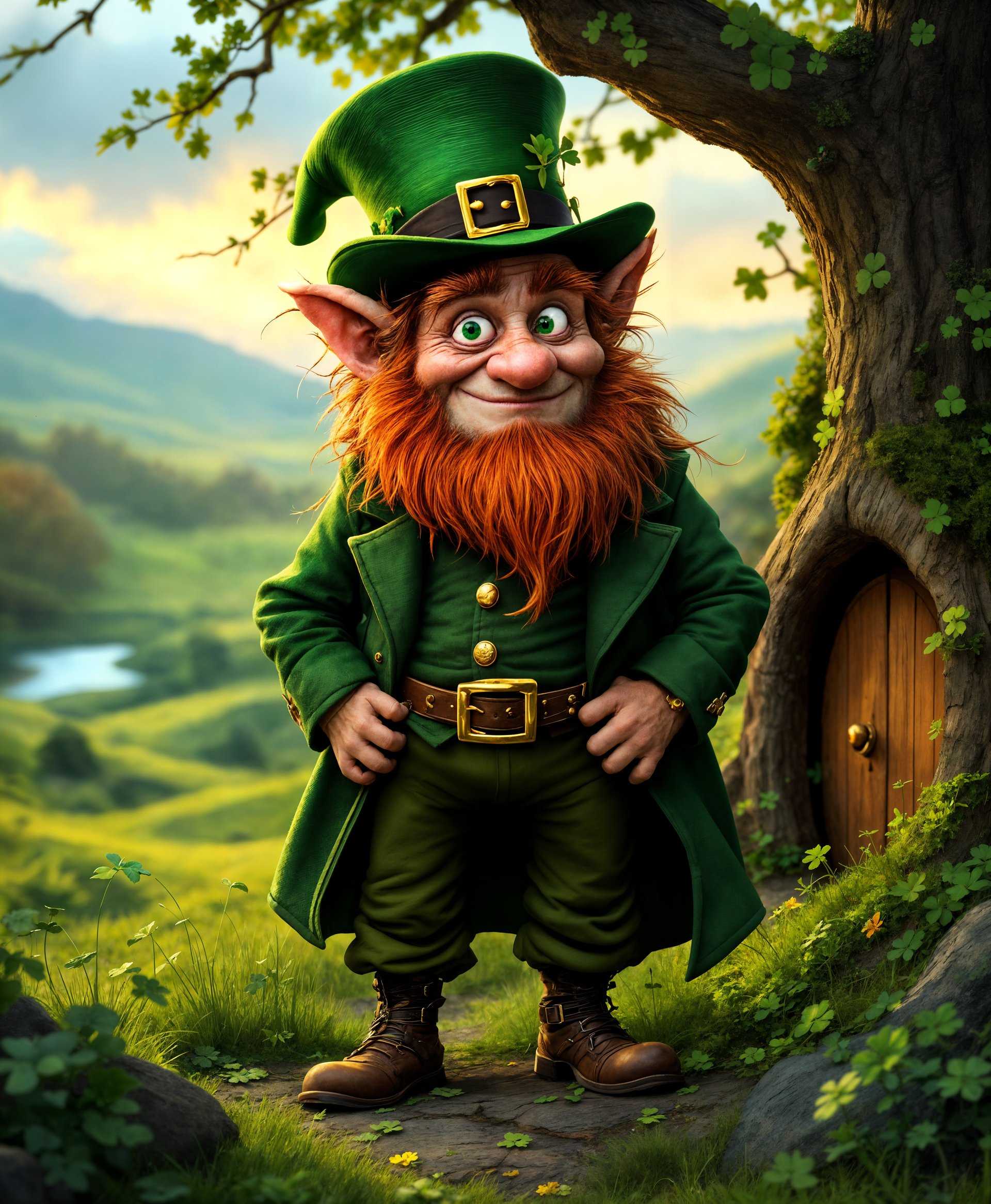 masterpiece, best quality, highres, sharp image, more detail, masterpiece, best quality, highres, sharp image, more detail, Generate a detailed, high-definition portrait of a **Leprechaun** in its natural habitat:

- **Subject**: A Leprechaun, standing about 3 feet tall, with a mischievous expression. He has:
  - A wrinkled, weathered face with twinkling green eyes.
  - A long, curly beard of deep red, with hints of grey.
  - Wearing traditional attire: a green hat with a buckle, a green jacket, breeches, and buckled shoes. His clothes are slightly worn but still vibrant.

- **Environment**: 
  - **Location**: A lush, green Irish countryside, with rolling hills in the background.
  - **Time of Day**: Late afternoon, with golden light casting long shadows and illuminating the scene.
  - **Atmosphere**: A sense of magic and whimsy, with the air feeling slightly enchanted. 
  - **Details**: A small, hidden door at the base of a tree, indicating the entrance to his home. Clover patches, wildflowers, and a rainbow arching over the distant hills.

- **Composition**:
  - **Framing**: Close-up to capture facial details but wide enough to include some of the surrounding environment. 
  - **Camera Angle**: Slightly low to give the Leprechaun a sense of grandeur and to emphasize his short stature.
  - **Lighting**: Natural, with the sun's rays filtering through the leaves, creating a dappled light effect on the Leprechaun's face.

- **Style**: 
  - **Artistic Influence**: Inspired by the detailed, expressive illustrations of Arthur Rackham, with a touch of realism to make the scene believable.
  - **Photography Technique**: Use of a shallow depth of field to blur the background slightly, focusing on the Leprechaun.

- **Mood and Atmosphere**: 
  - **Feeling**: A mixture of wonder, curiosity, and a hint of mystery, as if the viewer has stumbled upon a secret.
  - **Weather**: A gentle breeze, moving the leaves and grass, with a light mist in the distance, enhancing the magical atmosphere.

- **Technical Aspects**: 
  - **Focus**: Sharp focus on the Leprechaun's face and costume details.
  - **Color Palette**: Rich, natural greens, earth tones, with pops of vibrant colors from the Leprechaun's attire and the environment.

This portrait should evoke a sense of stepping into a fairy tale, capturing the Leprechaun's magical world with authenticity and charm.