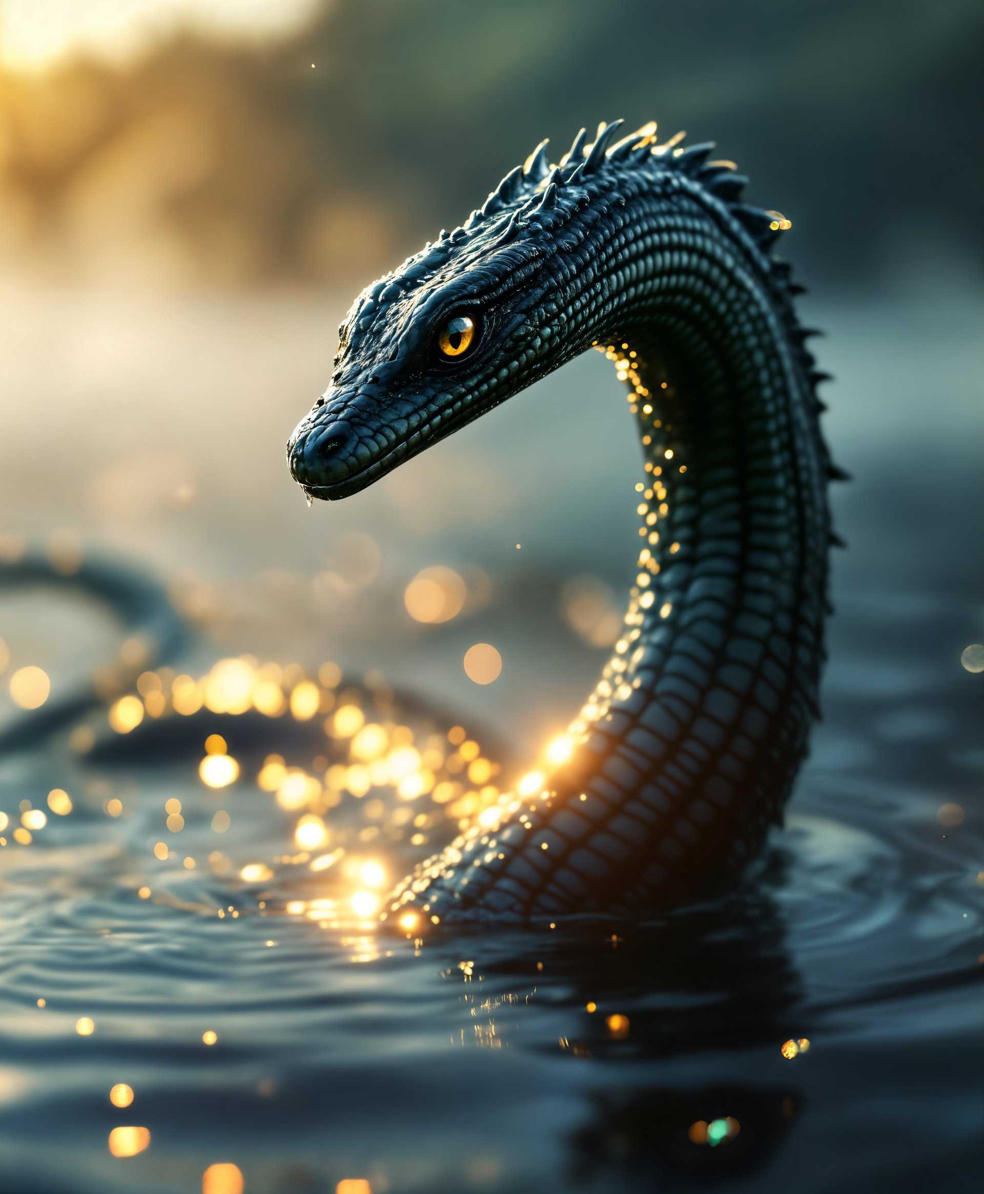 masterpiece, best quality, highres, sharp image, more detail, masterpiece, best quality, highres, sharp image, more detail, A high-definition portrait of the **Loch Ness Monster**, depicted with intricate details in a serene **lake environment**:

- **Subject**: The Loch Ness Monster, or **Nessie**, with a long, serpentine neck arching gracefully out of the water, its dark, scaly skin glistening with droplets. Its eyes, large and curious, reflect the soft light of the surrounding environment.

- **Environment**: The monster is situated in **Loch Ness**, with the calm, slightly misty waters of the lake enveloping its form. The water is a deep, reflective blue, occasionally disturbed by the gentle ripples created by Nessie's movements.

- **Lighting**: Early morning light bathes the scene in a soft, diffused glow, with the sun casting golden rays across the water, highlighting the texture of Nessie's skin and creating a mystical atmosphere.

- **Style**: The portrait is crafted in a **hyper-realistic style**, focusing on the fine details of Nessie's scales, the water's surface, and the natural backdrop. The composition has a **cinematic quality**, with a shallow depth of field that blurs the distant shores, keeping the focus on Nessie.

- **Composition**: Nessie is positioned slightly off-center, creating a dynamic balance. The camera angle is low, at water level, giving the viewer an intimate perspective as if they are observing from a boat or the shore. The framing captures the vastness of the lake, emphasizing Nessie's size and the mystery of its surroundings.

- **Mood and Atmosphere**: The image exudes a sense of **mystery, tranquility, and the unknown**, with a touch of **awe**. The early morning setting suggests the beginning of a new day, hinting at the timelessness of the legend.

- **Technical Aspects**: Use of **bokeh** to blur the background, **selective focus** on Nessie's face, and **soft lighting** to enhance the ethereal quality of the scene. Employ **HDRI** techniques for a realistic rendering of light and shadow, capturing the reflective properties of the water and the texture of Nessie's skin.

This detailed, high-definition portrait of the Loch Ness Monster in its natural habitat creates a compelling, visually rich image that invites the viewer to ponder the legend in a new light.
