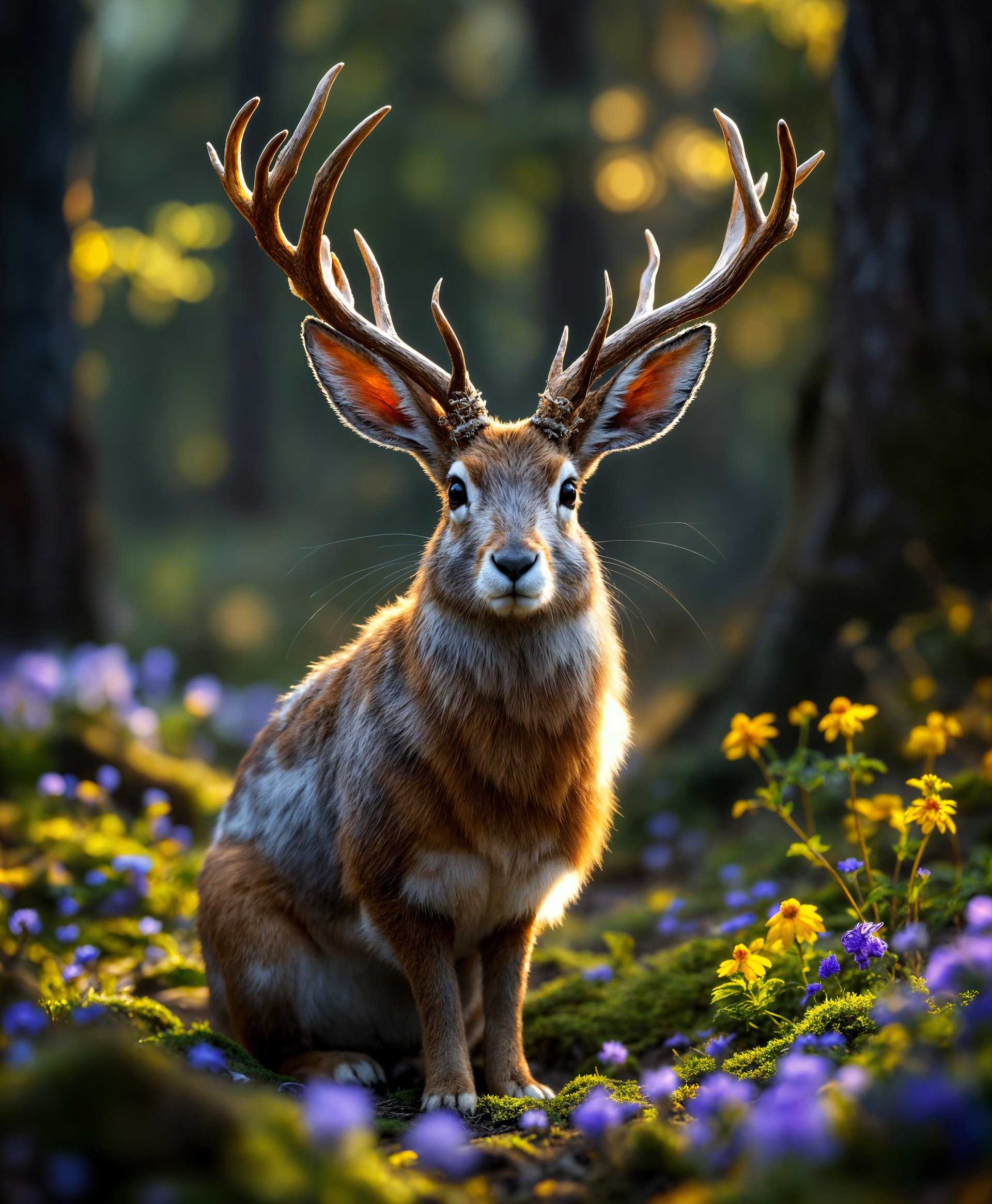 masterpiece, best quality, highres, sharp image, more detail, masterpiece, best quality, highres, sharp image, more detail, **Prompt:** Create an ultra-high-definition portrait of a **Jackalope** in its natural habitat. 

- **Subject:** The Jackalope, a mythical creature with the body of a jackrabbit and antlers like an antelope, should be the focal point. Its fur should be a mix of earthy tones with hints of silver and white, reflecting a realistic blend of rabbit fur and antelope hide. The antlers are ornate, polished, and slightly asymmetrical, adding a touch of wildness to its gentle appearance.

- **Environment:** The background should be a serene, lush forest clearing at twilight, with the last rays of the sun filtering through the trees, casting long shadows and highlighting the Jackalope's features. The ground should be covered with a carpet of moss, fallen leaves, and small wildflowers in shades of purple and yellow, adding a burst of color to the scene.

- **Lighting:** Utilize the soft, golden light of sunset to create depth and warmth in the image. This light should accentuate the texture of the Jackalope's fur, making it almost luminous against the darker backdrop of the forest.

- **Atmosphere:** Capture a sense of peace and tranquility, with a slight mystical aura. The air should feel crisp, with a subtle hint of the forest's earthy scent, suggesting the end of a day in a magical, hidden world.

- **Composition:** The Jackalope should be positioned slightly off-center, looking directly at the viewer with a curious gaze. The camera angle should be at eye level with the Jackalope, creating an intimate connection with the observer. Use a shallow depth of field to blur the background, focusing sharply on the creature and its immediate surroundings.

- **Style:** Emulate the detailed realism of wildlife photography, inspired by the works of photographers like Art Wolfe or Nick Brandt, but with an added touch of fantasy that nods to the whimsical illustrations of Arthur Rackham.

- **Technical Aspects:** Employ techniques like selective focus, macro details for the fur and antlers, and a slight bokeh effect in the background to enhance the magical realism of the scene. Ensure the image has high dynamic range (HDR) to capture the full spectrum of light and shadow.

- **Mood:** The overall mood should be one of wonder and discovery, as if the viewer has stumbled upon a secret, magical moment in nature.
