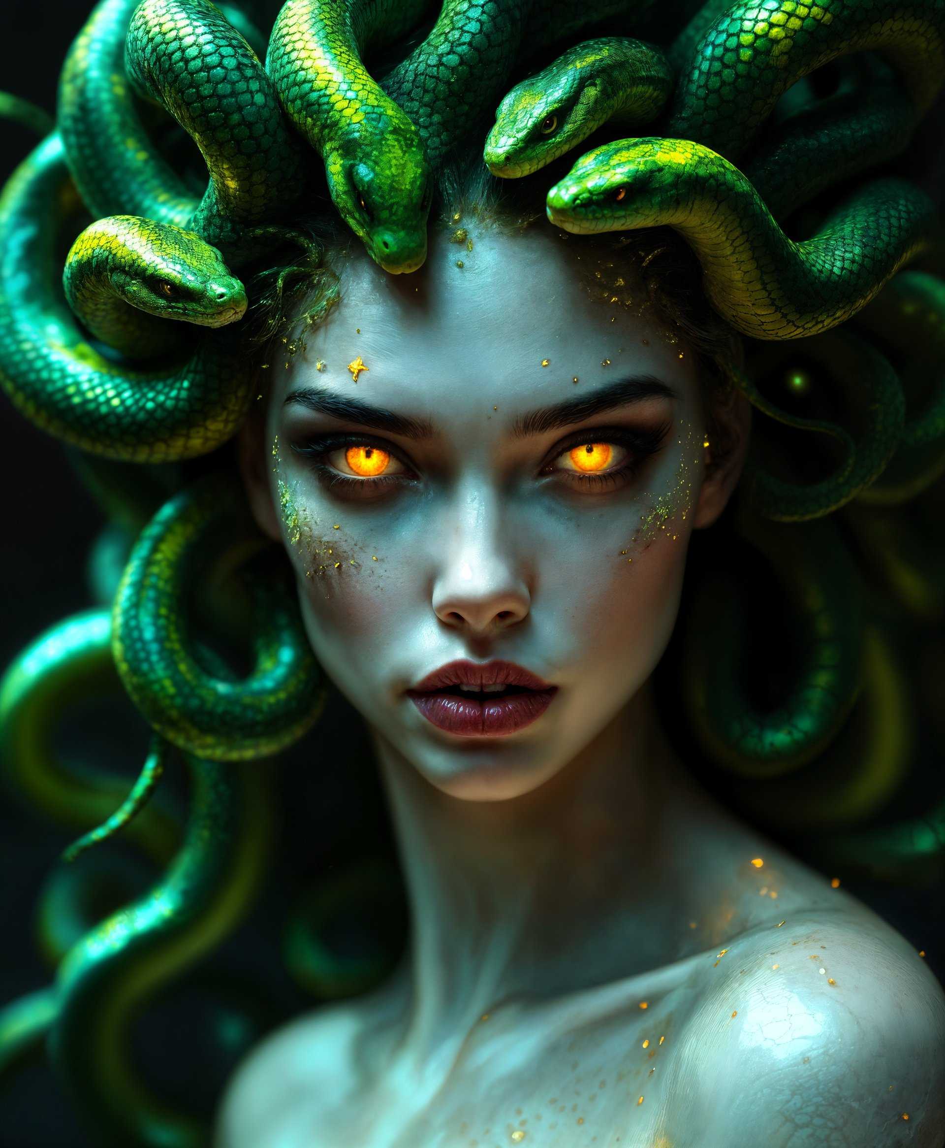 masterpiece, best quality, highres, sharp image, more detail, masterpiece, best quality, highres, sharp image, more detail, A detailed high-definition portrait of **Medusa Gorgona**, capturing her otherworldly beauty and terror. She is depicted in a **classical Greek setting**:

- **Visual Details**: 
  - **Medusa** has **vivid green snakes** writhing around her head, each snake with iridescent scales reflecting light. 
  - Her eyes are **piercing yellow** with slit pupils, conveying both allure and danger. 
  - Her skin is **pale, almost translucent**, with a subtle, eerie glow, accentuating her **sharp cheekbones** and **full lips**.
  - The **texture of her snakes** contrasts with her **smooth, almost marble-like skin**.

- **Style**: 
  - Rendered in a **hyper-realistic style**, inspired by **Caravaggio's chiaroscuro** to create dramatic lighting contrasts.

- **Composition**: 
  - Medusa is **central** in the frame, her gaze directed at the viewer, with her snakes framing her face. 
  - **Behind her**, the **ruins of an ancient Greek temple** with **broken columns** and **overgrown ivy** provide a sense of desolation and time's passage.
  - The **camera angle** is **slightly low**, making her appear dominant and imposing.

- **Mood and Atmosphere**: 
  - The scene is set at **twilight**, with the sky transitioning from **deep blue to a fiery orange**, casting long shadows and creating a **haunting, mystical ambiance**.
  - A **soft, ethereal mist** hangs in the air, adding to the otherworldly feel.

- **Technical Aspects**: 
  - **Depth of field** focuses on Medusa, with the background slightly blurred to emphasize her presence.
  - **High dynamic range (HDR)** to capture the range of light and shadow, enhancing the drama and depth.
  - **Photorealistic rendering** with **subtle motion blur** on the snakes to convey their movement.

- **Cohesion**: 
  - Every element, from the **ancient ruins** to the **snakes' movement**, works together to create a scene that feels both **timeless and immediate**, capturing the essence of Medusa's mythic presence.