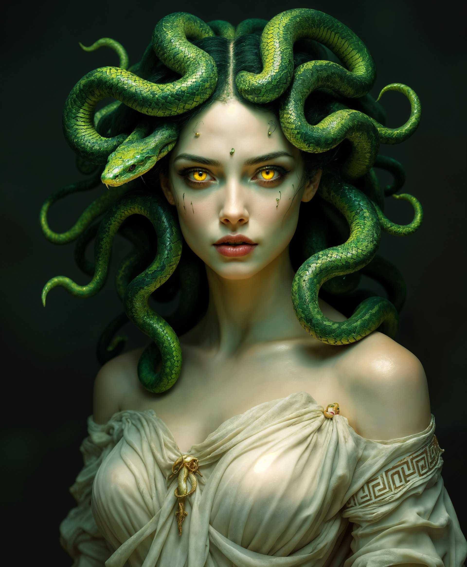 masterpiece, best quality, highres, sharp image, more detail, masterpiece, best quality, highres, sharp image, more detail, A detailed high-definition portrait of **Medusa Gorgona**, capturing her otherworldly beauty and terror. She is depicted in a **classical Greek setting**:

- **Visual Details**: 
  - **Medusa** has **vivid green snakes** writhing around her head, each snake with iridescent scales reflecting light. 
  - Her eyes are **piercing yellow** with slit pupils, conveying both allure and danger. 
  - Her skin is **pale, almost translucent**, with a subtle, eerie glow, accentuating her **sharp cheekbones** and **full lips**.
  - The **texture of her snakes** contrasts with her **smooth, almost marble-like skin**.

- **Style**: 
  - Rendered in a **hyper-realistic style**, inspired by **Caravaggio's chiaroscuro** to create dramatic lighting contrasts.

- **Composition**: 
  - Medusa is **central** in the frame, her gaze directed at the viewer, with her snakes framing her face. 
  - **Behind her**, the **ruins of an ancient Greek temple** with **broken columns** and **overgrown ivy** provide a sense of desolation and time's passage.
  - The **camera angle** is **slightly low**, making her appear dominant and imposing.

- **Mood and Atmosphere**: 
  - The scene is set at **twilight**, with the sky transitioning from **deep blue to a fiery orange**, casting long shadows and creating a **haunting, mystical ambiance**.
  - A **soft, ethereal mist** hangs in the air, adding to the otherworldly feel.

- **Technical Aspects**: 
  - **Depth of field** focuses on Medusa, with the background slightly blurred to emphasize her presence.
  - **High dynamic range (HDR)** to capture the range of light and shadow, enhancing the drama and depth.
  - **Photorealistic rendering** with **subtle motion blur** on the snakes to convey their movement.

- **Cohesion**: 
  - Every element, from the **ancient ruins** to the **snakes' movement**, works together to create a scene that feels both **timeless and immediate**, capturing the essence of Medusa's mythic presence.