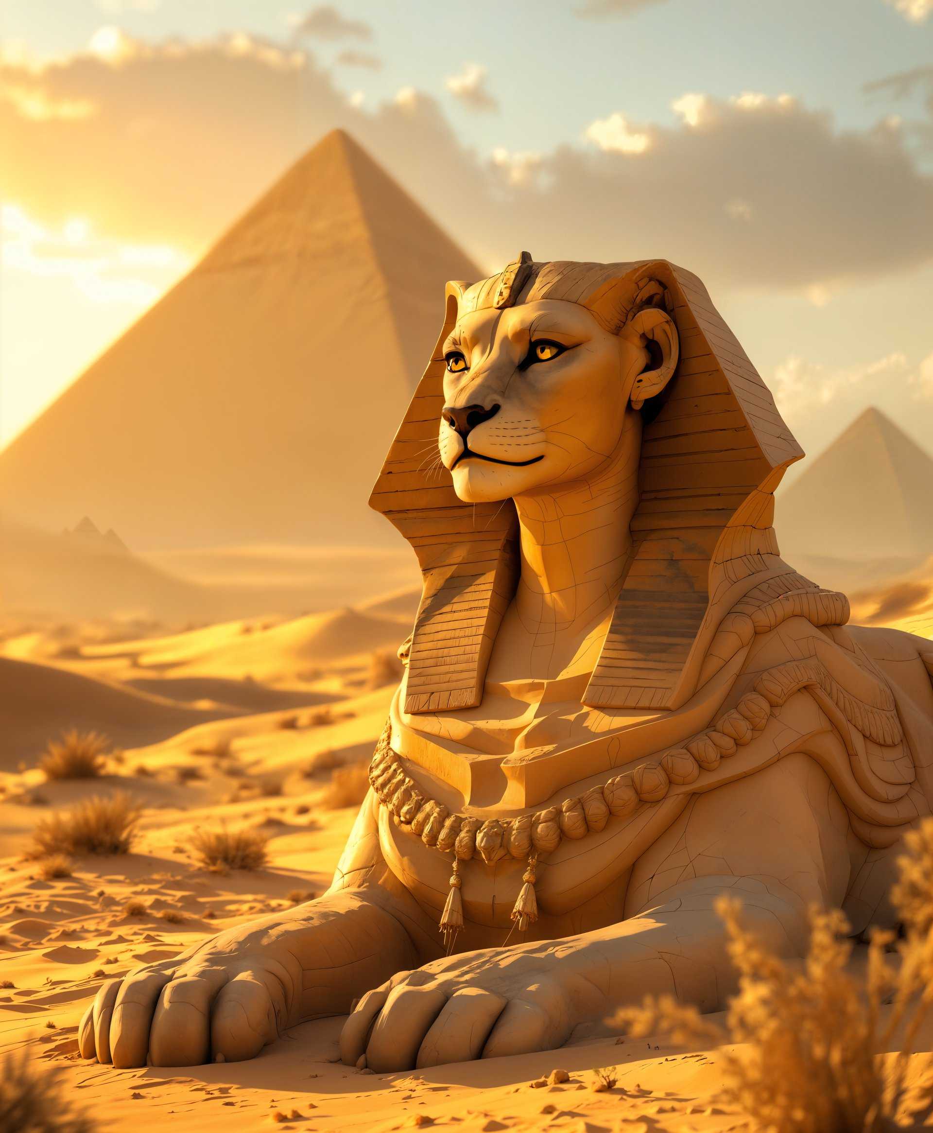 masterpiece, best quality, highres, sharp image, more detail, masterpiece, best quality, highres, sharp image, more detail, **Prompt for AI Image Generation:**

Create an ultra-high-definition portrait of a Sphinx, capturing the essence of its majestic presence within its ancient desert environment:

- **Subject:** The Sphinx, a mythical creature with the body of a lion and the head of a human, exudes an aura of wisdom and power. Its fur is a blend of sun-baked hues, subtly shifting from golden to tawny, with flecks of black and white. The mane is voluminous, flowing like the sands around it, with individual hairs visible, giving a sense of texture and realism.

- **Environment:** The Sphinx is situated at the base of a vast, sprawling desert, where the sand dunes undulate in gentle curves, casting long shadows. The backdrop is the Giza plateau, with the faint outlines of the pyramids visible under the golden light of the setting sun. Sparse vegetation, like acacia trees and desert scrub, dot the landscape, adding life to the barren scene.

- **Lighting:** The sun is setting, casting a warm, golden glow that bathes the Sphinx and its surroundings in an ethereal light. Shadows are long and soft, enhancing the depth and volume of the scene. The light reflects off the Sphinx's eyes, giving them a mysterious, almost alive quality.

- **Artistic Style:** Employ a style reminiscent of 19th-century Romanticism, focusing on the grandeur and mystery of nature, with a touch of surrealism to emphasize the mythical nature of the Sphinx. The image should convey a sense of timelessness, as if the viewer is looking through a window into a different era.

- **Composition:** The Sphinx is the central figure, positioned slightly off-center to draw the eye through the scene. The camera angle is low, emphasizing the Sphinx's scale and majesty, with the horizon line just above the creature's eyes. The framing includes the Sphinx in the foreground, with the desert expanse and distant pyramids filling the background, creating a sense of depth and vastness.

- **Mood and Atmosphere:** The scene should evoke a sense of awe, mystery, and the passage of time. The air is still, with a slight haze from the sand, giving the image a dreamlike quality. The atmosphere is quiet, almost reverent, as if the viewer is witnessing a sacred moment.

- **Technical Aspects:** Use a wide-angle lens to capture the expanse of the desert and the grandeur of the Sphinx. Employ a shallow depth of field to keep the Sphinx in sharp focus while allowing the background to blur slightly, emphasizing the subject's importance