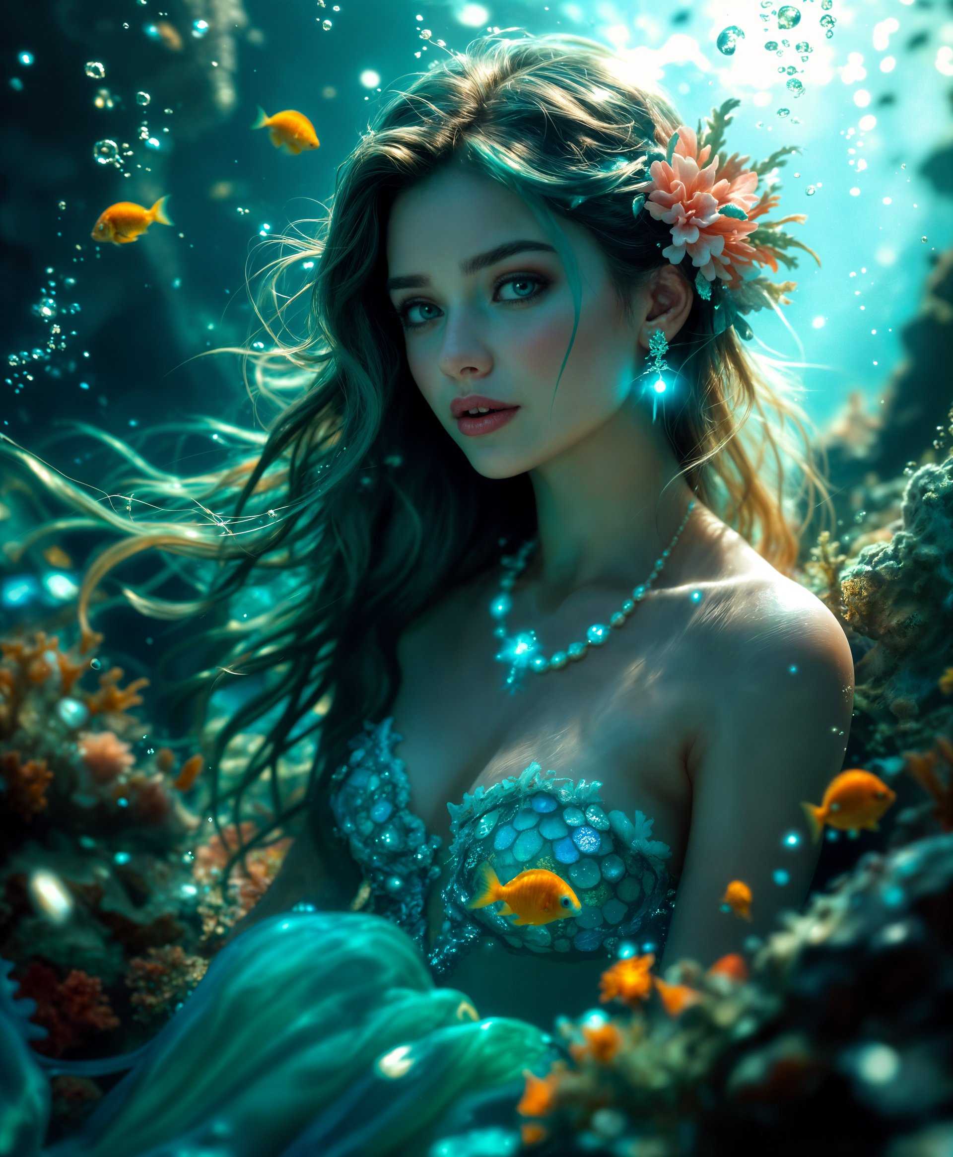 masterpiece, best quality, highres, sharp image, more detail, masterpiece, best quality, highres, sharp image, more detail, A high-definition, ultra-realistic portrait of a mermaid in her natural sea environment, **captured with a 85mm lens for a shallow depth of field**, showcasing:

- **Subject**: The mermaid with iridescent, shimmering scales that transition from deep sea green to vibrant turquoise, her long, flowing hair intermingling with the water currents, adorned with delicate, luminescent pearls and coral ornaments.
- **Environment**: Surrounded by a rich underwater ecosystem, featuring bioluminescent flora and fauna, creating a mystical ambiance. The background subtly blurs to highlight the mermaid, yet hints at the vast, mysterious ocean depths.
- **Lighting**: Illuminated by a shaft of light piercing through the water's surface, casting dynamic, dappled light patterns across her face and the surrounding environment, evoking a sense of ethereal beauty.
- **Details**: Her eyes reflect the ocean's depth, with a slight, knowing smile, suggesting a connection to the viewer. Her tail moves gracefully, creating subtle water distortions and bubbles, adding to the realism.
- **Mood**: The atmosphere is serene, inviting a sense of calm and wonder, as if the viewer is intruding upon a secret underwater realm, captured in the golden hour of the sea.
- **Style**: Emulate the **hyper-realistic style** of artists like Hans Zatzka, combined with the **photographic clarity** of underwater photography, ensuring every scale, strand of hair, and water ripple is crisply defined.
- **Composition**: The mermaid is positioned in the center, with her gaze slightly off to the side, creating an engaging narrative. The camera angle is slightly below her, looking up to emphasize her majesty and the expansive underwater world.

This portrait is **rendered in 8K resolution**, with **HDR color depth** to capture the vibrant hues of the underwater scene, ensuring a **cohesive, immersive experience** that feels both magical and real.