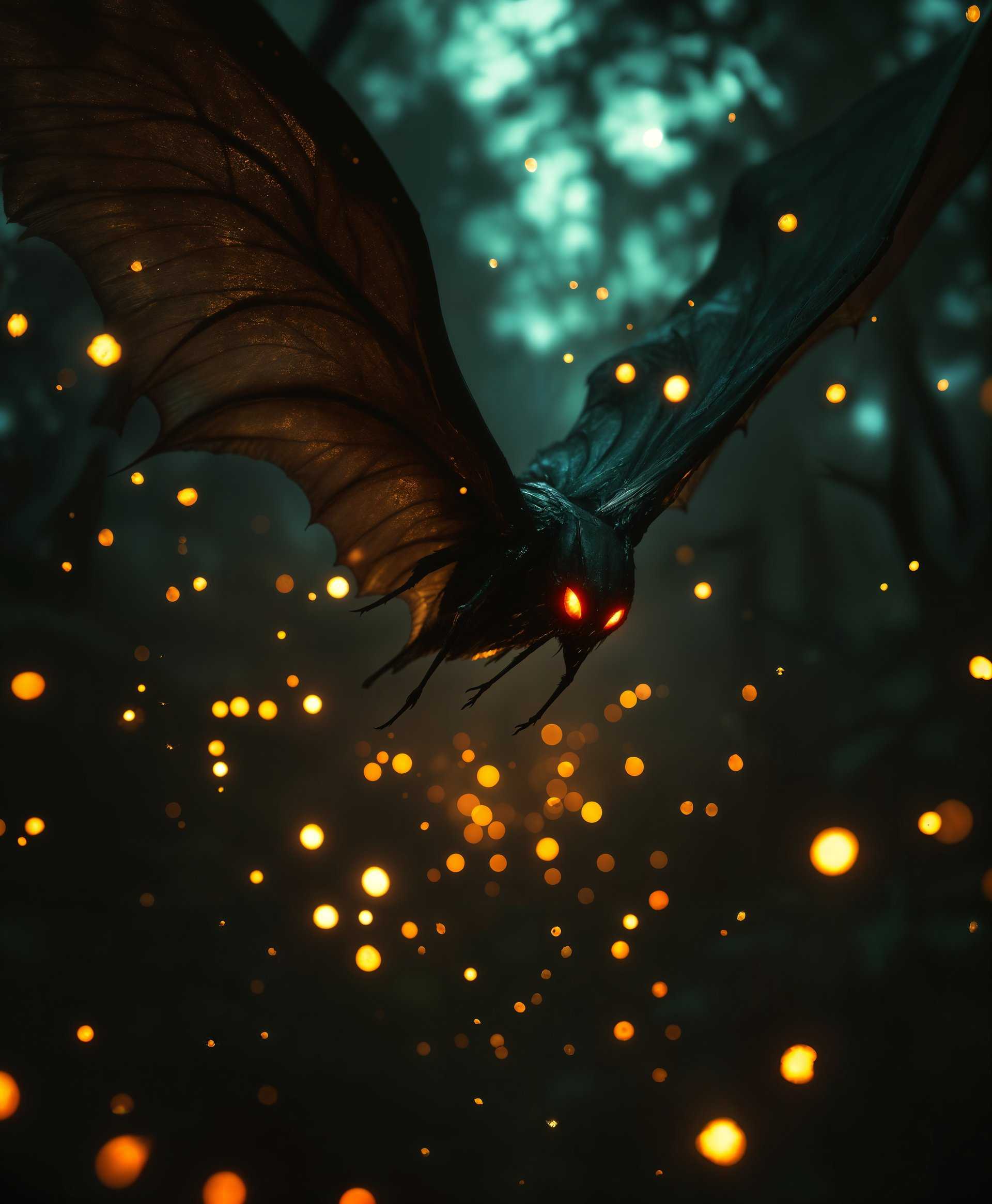 masterpiece, best quality, highres, sharp image, more detail, masterpiece, best quality, highres, sharp image, more detail, **Prompt:** A high-definition, detailed portrait of Mothman in its natural habitat at dusk. Mothman, an enigmatic cryptid, has large, luminous red eyes that pierce through the dim light of the early night, and its wings are expansive, showcasing intricate, feather-like patterns reminiscent of moth wings but with a sinister, otherworldly texture. The environment is a blend of dense, shadowy woods with occasional fireflies that light up the scene, creating a bioluminescent effect. The camera angle captures Mothman from below, emphasizing its menacing, almost spectral presence as it soars above, its body slightly turned to the side, wings spread wide. The lighting is soft, with a muted color palette of dark greens, browns, and the occasional burst of bioluminescent light, evoking a sense of mystery and fear. The style is a mix of documentary realism with elements of surrealism, employing techniques like shallow depth of field to focus on Mothman while blurring the surrounding environment, enhancing its otherworldly presence.