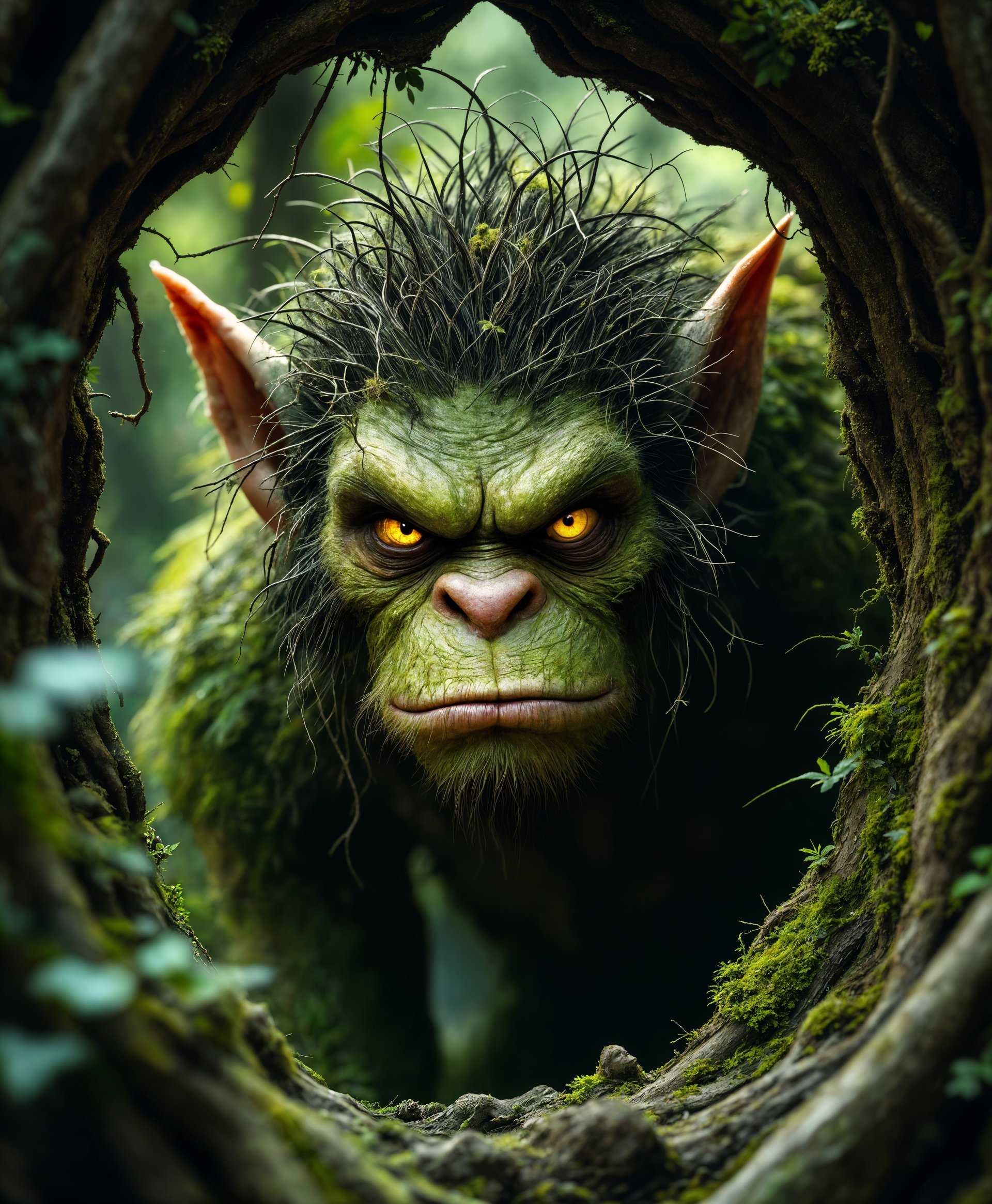 masterpiece, best quality, highres, sharp image, more detail, masterpiece, best quality, highres, sharp image, more detail, A highly detailed, high-definition portrait of a Troll, captured in its natural environment:

- **Visual Details:** The Troll's skin should exhibit rough, moss-covered textures with subtle green and earthy tones, blending seamlessly into the forest background. Its eyes are deep-set, reflecting a mix of wisdom and wildness, with flecks of amber and gold catching the light. The creature's hair is a tangled mass of twigs, leaves, and moss, mimicking the surrounding foliage.

- **Style:** The image should be rendered in a photorealistic style, yet with an element of fantasy art, reminiscent of the detailed creature illustrations by artists like John Bauer or Brian Froud. 

- **Composition:** The Troll is positioned centrally in a slight three-quarter view, its gaze meeting the viewer. The forest environment envelops the Troll, with roots and branches framing the portrait, creating a natural archway. The depth of field focuses on the Troll, with the background forest slightly blurred to emphasize the subject.

- **Mood and Atmosphere:** The scene is set during the golden hour, with shafts of sunlight piercing through the dense canopy, casting dappled light across the Troll and the forest floor. The atmosphere is serene yet mysterious, with a touch of magic in the air, as if the forest itself is alive.

- **Technical Aspects:** Use a shallow depth of field to isolate the Troll from its surroundings, ensuring sharp focus on its features. The lighting should be dynamic, showcasing the textures through highlights and shadows. Employ a macro lens effect for extreme close-ups of the Troll's facial details like wrinkles and moss growth.

- **Cohesion:** The Troll should appear as an integral part of its environment, not just an inhabitant but a part of the forest's very essence. The integration of natural elements into its appearance and the way light interacts with both the Troll and its surroundings should create a unified, almost symbiotic relationship between creature and habitat.