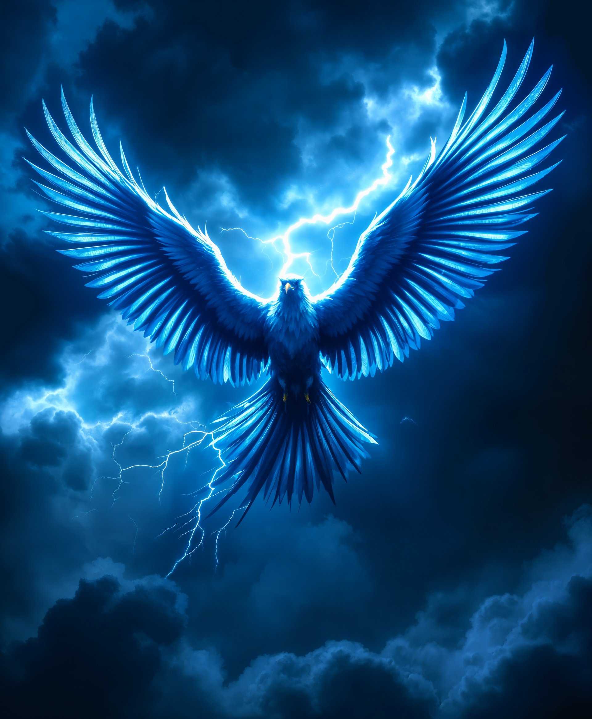 masterpiece, best quality, highres, sharp image, more detail, masterpiece, best quality, highres, sharp image, more detail, A high-definition portrait of a Thunderbird, its majestic wings spread wide, soaring through the sky. The bird's feathers shimmer with electric blue and silver hues, each feather meticulously detailed to show the texture and the slight iridescence. The environment is a vast, stormy sky with dark, roiling clouds, illuminated sporadically by lightning strikes that match the color of the Thunderbird's plumage. The lighting is dramatic, with the bird backlit by a flash of lightning, casting sharp contrasts and shadows, highlighting the bird's formidable silhouette. The composition captures the Thunderbird from a slightly low angle, emphasizing its power and grandeur, as if viewed from below, looking up. The mood is intense, conveying both the awe-inspiring power of the Thunderbird and the wild, untamed atmosphere of the storm. Capture this scene in the style of a high contrast, cinematic photograph, focusing on the interplay of light and dark, with a shallow depth of field to blur the background clouds and emphasize the subject.