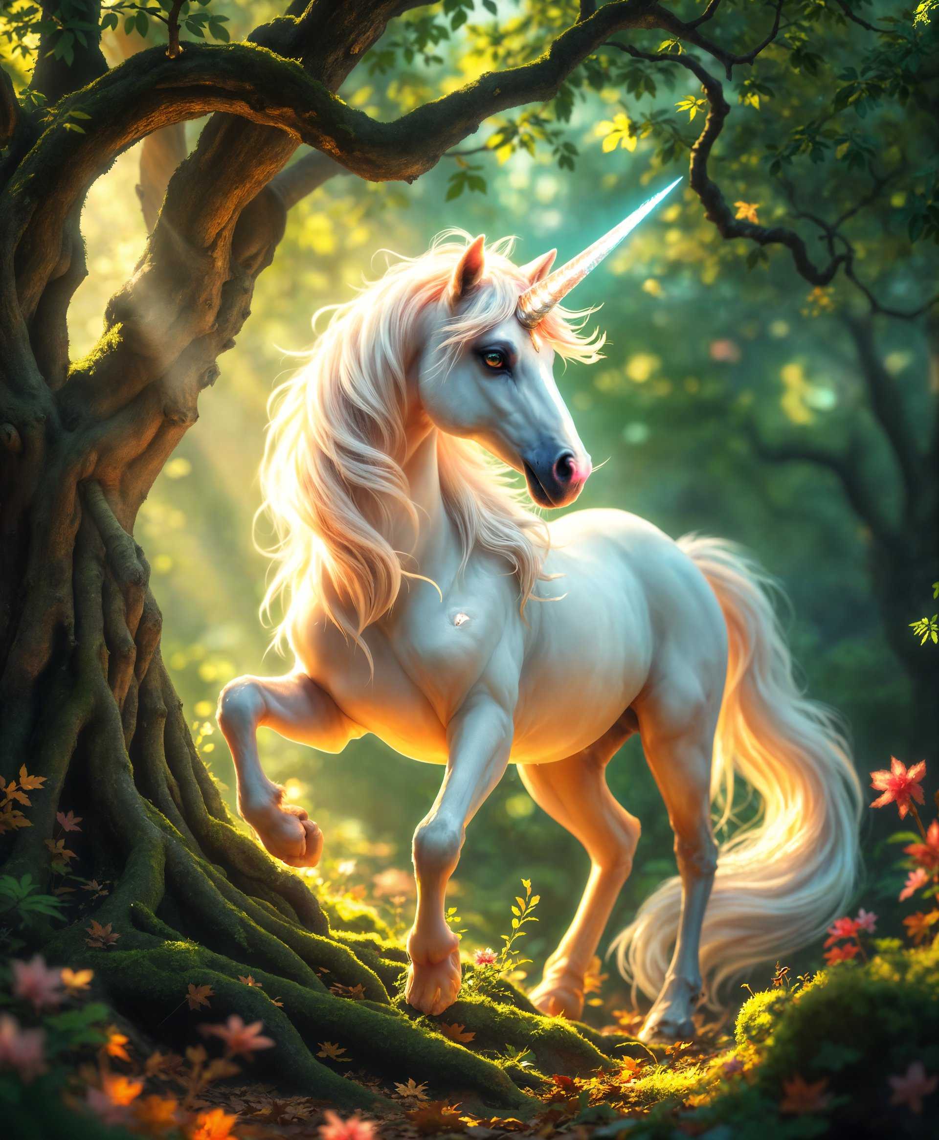 masterpiece, best quality, highres, sharp image, more detail, masterpiece, best quality, highres, sharp image, more detail, **Subject**: A majestic unicorn with a spiraled, iridescent horn, flowing mane, and a coat that shimmers subtly, set within an ethereal forest environment.

**Environment**: The unicorn is surrounded by ancient trees with gnarled roots, lush foliage in shades of emerald green, and soft, dappled sunlight filtering through the leaves, casting a warm, golden glow.

**Visual Details**:
- **Unicorn**: Its fur has a soft, velvety texture with a slight glow, especially around the mane and tail which flow as if caught in a gentle breeze. The horn emits a faint, mystical light.
- **Forest**: The forest floor is covered in a carpet of moss and fallen leaves in autumnal hues. Delicate flowers, possibly magical in nature, dot the undergrowth.
- **Lighting**: The light is magical, with beams that seem almost tangible, creating an interplay of light and shadow that adds depth and mystery.

**Style**: The image should be rendered in a high-definition, hyper-realistic style, reminiscent of detailed fantasy artwork by artists like Alan Lee or Brian Froud, capturing the surreal yet natural beauty of the scene.

**Composition**: 
- **Positioning**: The unicorn is slightly off-center, positioned to the left, allowing space for the forest to breathe and convey depth. Its gaze is directed towards the viewer, creating a connection.
- **Camera Angle**: A low angle shot from slightly below, enhancing the unicorn's majesty and the towering presence of the trees.
- **Framing**: The frame captures the unicorn in its natural habitat, with elements like trees and foliage framing it, leading the eye towards the subject.

**Mood and Atmosphere**: 
- **Feeling**: A serene, almost sacred atmosphere with a sense of wonder and magic, as if entering a hidden realm.
- **Time**: Late afternoon, when the light is soft and the shadows are long, enhancing the mystical quality of the scene.
- **Weather**: A gentle, cool breeze stirs the leaves, suggesting a calm, tranquil day.

**Technical Aspects**: 
- **Depth of Field**: A shallow depth of field focuses sharply on the unicorn, with the background forest slightly blurred to emphasize the subject.
- **Color Palette**: Rich, natural colors with a touch of fantasy; deep greens, golden light, and soft pastels for the unicorn's features.
- **Texture**: Emphasize the textures of fur, bark, leaves, and the mystical glow of the unicorn's horn.

**Cohesion**: This high-definition portrait