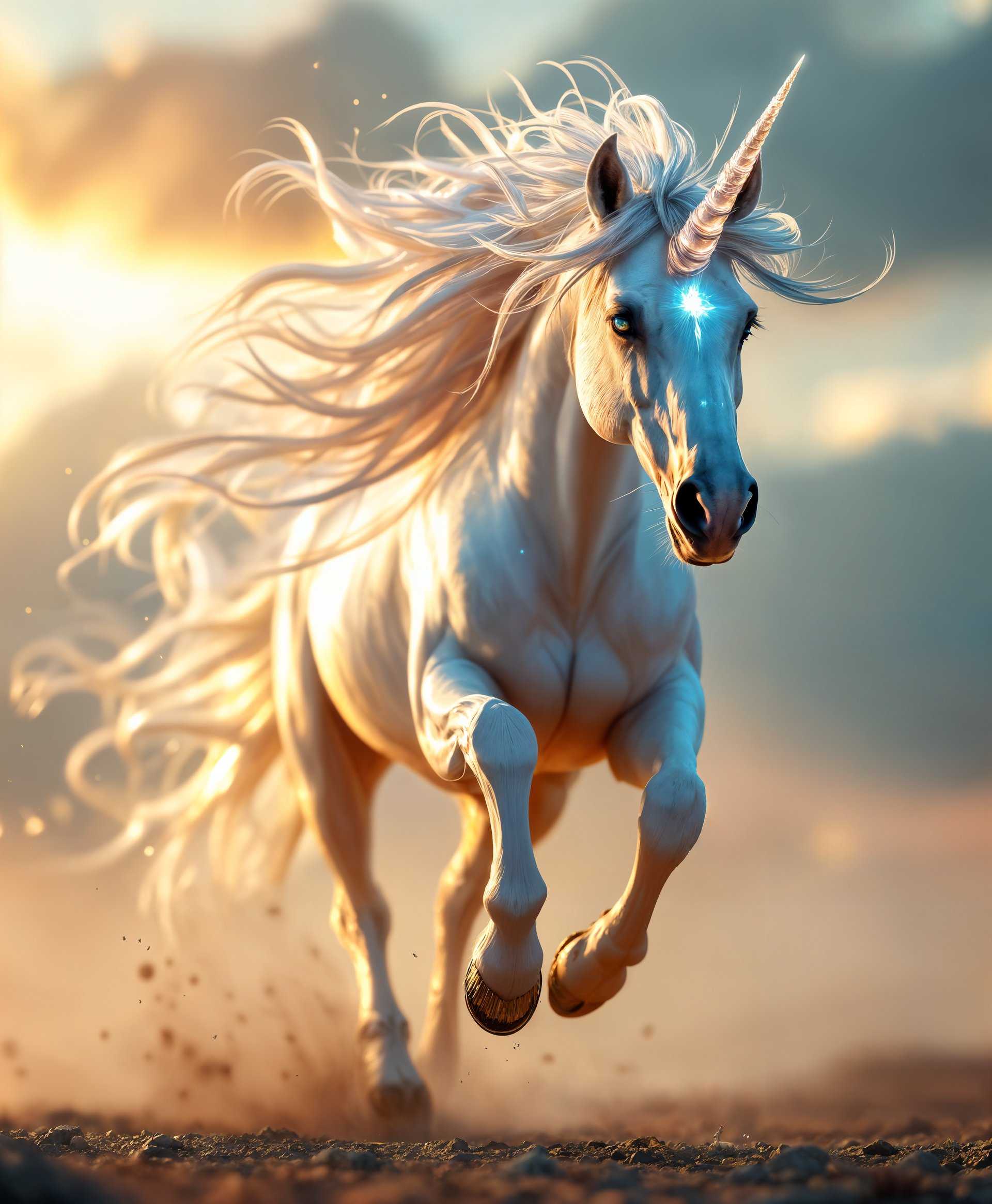 masterpiece, best quality, highres, sharp image, more detail, masterpiece, best quality, highres, sharp image, more detail, A high-definition portrait showcasing a majestic **unicorn** in full gallop, captured with stunning **clarity** and **detail**. The unicorn's **mane** flows like a silken waterfall, shimmering with iridescent hues of **silver and blue** under the **soft golden light** of a setting sun. 

**Visual Details:**
- **Fur Texture:** The unicorn's coat appears silky with a subtle sheen, each hair rendered with **microscopic detail**.
- **Eyes:** Large, expressive eyes that glow with an inner light, reflecting the last rays of the sun.
- **Hooves:** Graceful and powerful, kicking up **dust and small stones** in their wake.
- **Horn:** A spiraled, **crystalline structure** with a soft, glowing aura around its tip.

**Style:** 
- The image is rendered in **hyper-realistic** style, with elements of **fantasy art** to highlight the mythical nature of the unicorn.

**Composition:** 
- **Framing:** The unicorn is framed centrally, but with dynamic movement, suggesting speed and grace.
- **Angle:** Captured from a **low angle** to emphasize the unicorn's power and majesty.
- **Background:** A **blurred** forest or meadow in the background, with trees or flowers slightly out of focus to keep the focus on the unicorn.

**Mood and Atmosphere:**
- The mood is **ethereal** yet dynamic, with the **atmosphere** filled with a sense of magic and the **soft, warm light** of dusk.

**Technical Aspects:**
- **Depth of Field:** A shallow depth of field to isolate the unicorn against a soft, out-of-focus background.
- **Lighting:** Backlighting to create a halo effect around the mane and horn, with lens flares for added realism.
- **Color Palette:** Predominantly soft pastels with highlights in gold and silver to emphasize the magical elements.

This portrait aims to capture the **essence of a mythical creature** in a moment of **freedom and beauty**, with every detail meticulously crafted to bring the viewer into this **fantastical scene**.