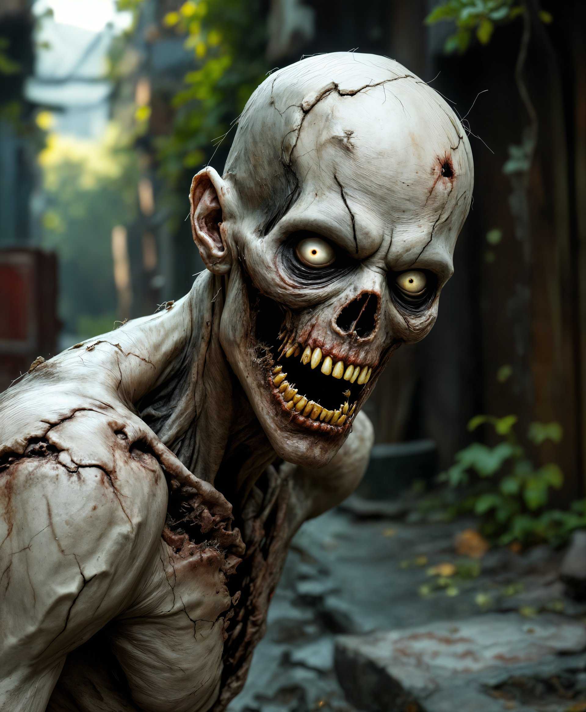 masterpiece, best quality, highres, sharp image, more detail, masterpiece, best quality, highres, sharp image, more detail, Create a **hyperrealistic**, **high definition portrait** of a zombie in its **natural environment**:

- **Subject:** The zombie should exhibit **decayed flesh**, with visible **bone and sinew** exposed through **torn skin**. Its eyes should be **milky white** or **glassy**, conveying a sense of lifelessness, yet with a **faint spark** of **animation**. 

- **Environment:** The scene is set in an **overgrown, abandoned urban area** - think **cracked asphalt**, **rusted vehicles**, and **vines reclaiming the structures**. The **lighting** should be **soft and diffuse**, perhaps late afternoon, casting long shadows and highlighting the **textures** of decay.

- **Visual Details:**
  - **Textures:** Focus on the **rough, peeling skin** of the zombie, juxtaposed against the **smooth, weathered surfaces** of the environment. 
  - **Colors:** Use **muted earth tones** with **splashes of unnatural hues** on the zombie - think **sickly green or grey** - to contrast with the environment's **browns, greens, and greys**.
  - **Lighting:** Employ **chiaroscuro** lighting to enhance the **depth** and **drama** of the scene, with **shadows accentuating the decay**.

- **Style:** The image should be rendered in a **photorealistic style** with a **cinematic quality**, reminiscent of **post-apocalyptic films**. Use **high dynamic range (HDR)** techniques to capture the full spectrum of light and shadow.

- **Composition:**
  - **Camera Angle:** Shoot from a **low angle** to give the zombie a **menacing presence** within its environment.
  - **Framing:** Frame the zombie **slightly off-center** to create **tension** and **movement** in the composition, with the **background environment** providing context.

- **Mood and Atmosphere:** Convey an **eerie**, **haunting ambiance**. The **silence** of the scene should be palpable, with the **only sound** being the **gentle rustle of leaves** and the **distant echo** of **desolation**. The **time of day** should be **late afternoon**, transitioning into **twilight**, with a **foggy mist** adding to the **mysterious** and **uneasy** atmosphere.

- **Technical Aspects:** Employ **Bokeh** to blur the background slightly, focusing