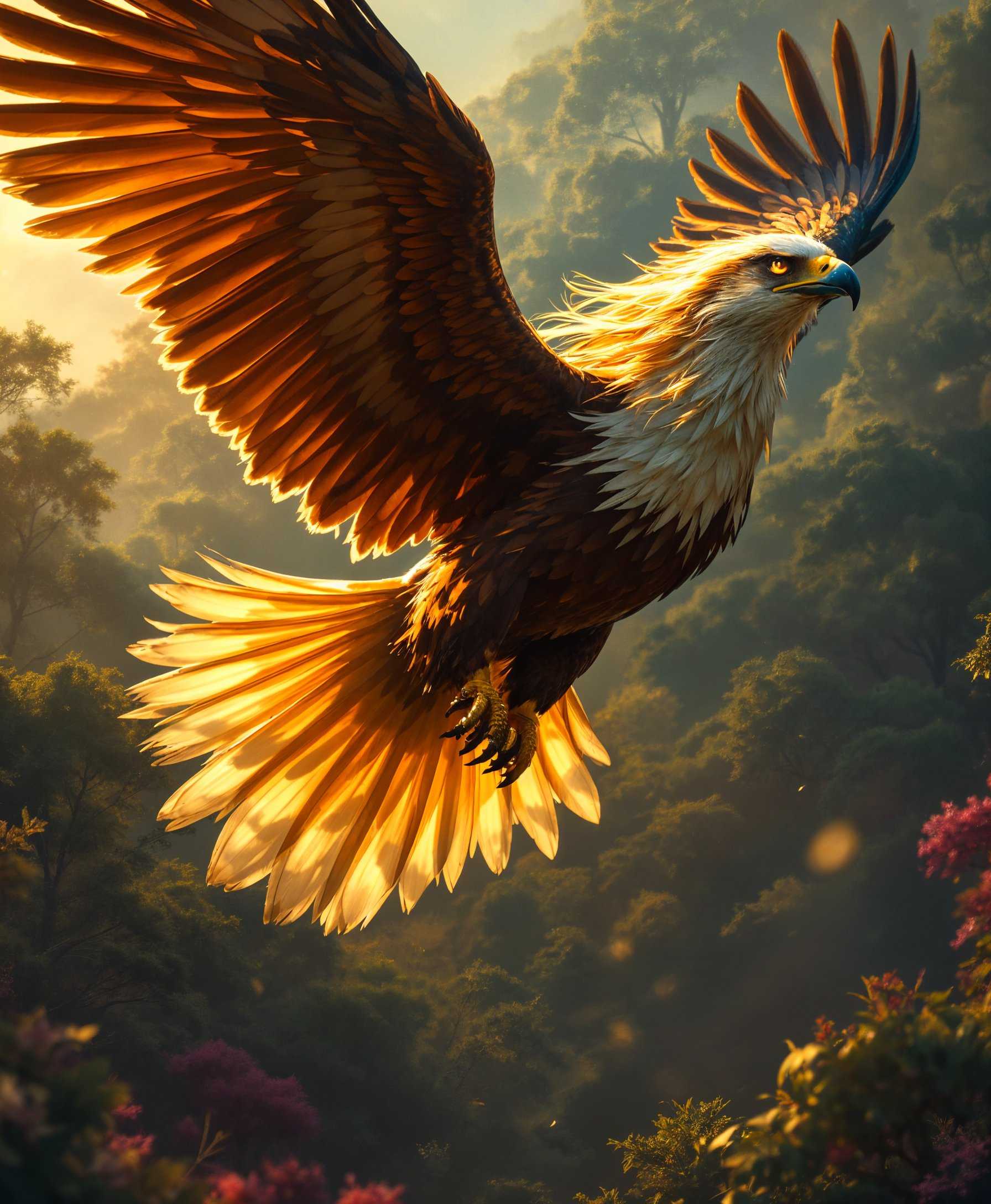 masterpiece, best quality, highres, sharp image, more detail, **Prompt:**
Create a high-definition, ultra-realistic portrait of a majestic Harpia, a mythical creature half female, half eagle. The scene is set during the golden hour, with the light casting long shadows and highlighting the intricate details of the Harpia's plumage and human-like features. 

**Visual Details:**
- **Harpia:** The Harpia has the body of a large eagle, with feathers ranging from dark brown to golden hues. The head and torso are of a woman with flowing, wind-swept hair, blending seamlessly into the eagle's neck. Her eyes are piercing, reflecting the keen intelligence of both species. 
- **Environment:** She flies over a dense, ancient forest, with trees stretching up towards her, their leaves catching the last light of the day, creating a backdrop of vibrant greens, oranges, and purples. 
- **Textures:** The feathers are detailed, showing individual barbs and downy under-feathers. The skin of her human features is smooth with a subtle, natural glow. 

**Style:**
- **Artistic Influence:** Inspired by the detailed and realistic depictions of creatures in Renaissance art, combined with the dynamic energy of Baroque movement, capturing the Harpia in mid-flight with a sense of motion and life.
- **Photography Technique:** Use a shallow depth of field to focus on the Harpia, with the background slightly blurred to emphasize her as the subject.

**Composition:**
- **Subject Positioning:** The Harpia is centered, flying towards the viewer, with her wings spread wide to showcase her wingspan. Her gaze is directed slightly upwards, as if she's about to ascend further into the sky.
- **Camera Angle:** A slightly low angle to give a sense of awe and grandeur, looking up at the Harpia.

**Mood and Atmosphere:**
- **Feeling:** The image should evoke a sense of awe, majesty, and the mythical nature of the Harpia. The atmosphere is serene yet powerful, with the wind gently tousling her feathers and hair.
- **Time of Day:** Golden hour, with the sun setting behind the Harpia, casting her silhouette in a dramatic light.

**Technical Aspects:**
- **Lighting:** Backlighting to highlight the edges of the Harpia, creating a halo effect around her. The light should be soft yet directional, showcasing the depth and texture of her feathers.
- **Resolution:** 4K resolution to capture the minute details of her plumage, the texture of her skin, and the environment.

**Cohesion:**