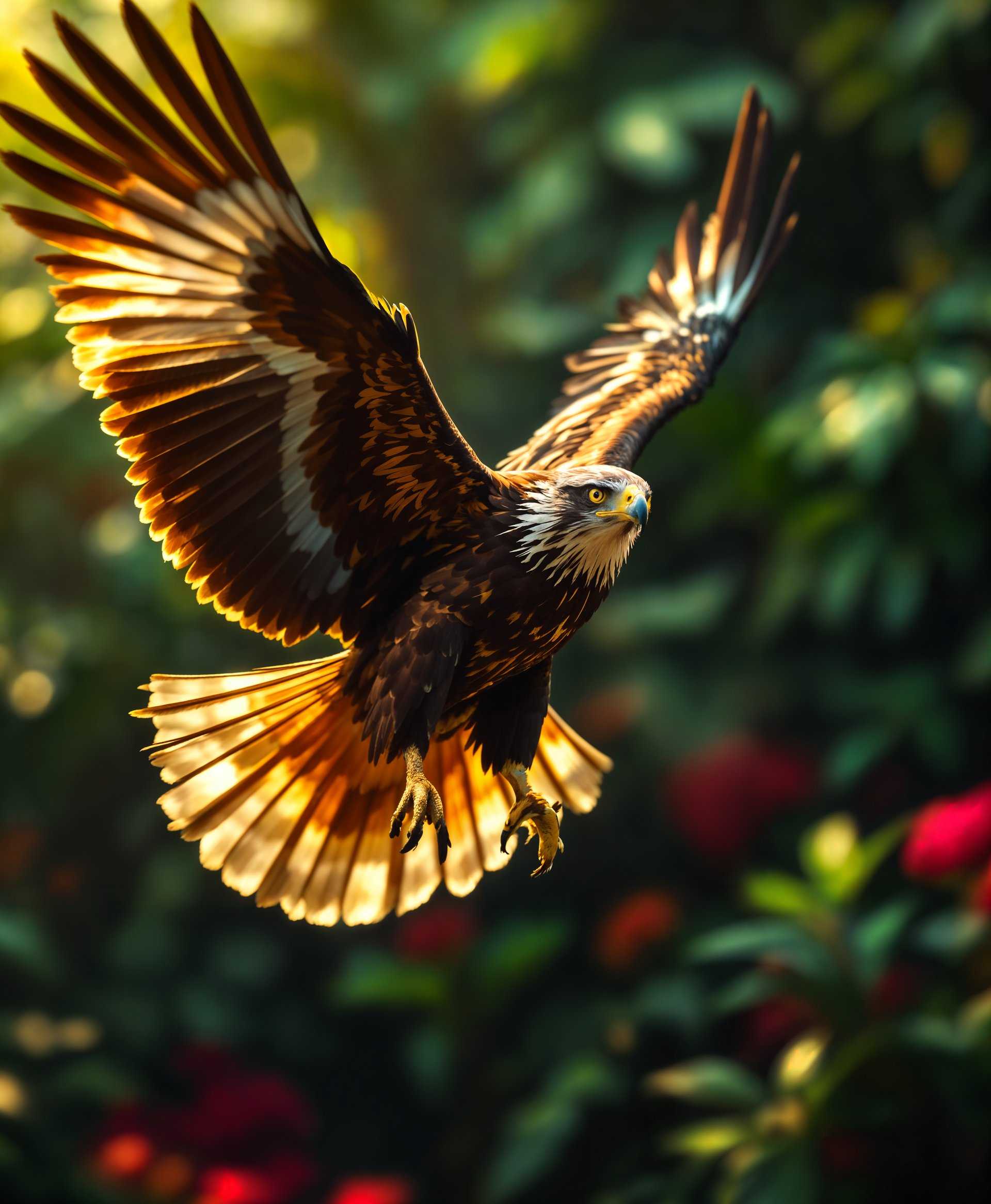 masterpiece, best quality, highres, sharp image, more detail, masterpiece, best quality, highres, sharp image, more detail, **Image Prompt:** A detailed high-definition portrait of a majestic Harpia harpyja (Harpia eagle) in flight, showcasing the intricate feather patterns and the piercing intensity of its gaze. The eagle's wings are spread wide, capturing the essence of its powerful flight, with feathers ruffled by the wind, displaying a mix of dark browns and whites. The background is a lush, vibrant tropical rainforest, with shades of deep greens and occasional bursts of bright floral colors. The lighting mimics the golden hour, casting a warm glow that highlights the bird's plumage, creating a contrast between the sharp shadows and illuminated feathers. The style leans towards wildlife photography with a fine art touch, focusing on texture and depth, with a slight motion blur to convey the speed of flight. The composition centers the Harpia, with a shallow depth of field that blurs the dense foliage into a soft, abstract backdrop, emphasizing the subject's dominance in its natural habitat. The atmosphere is serene yet dynamic, evoking the eagle's grace and the tranquility of the forest at dusk.
