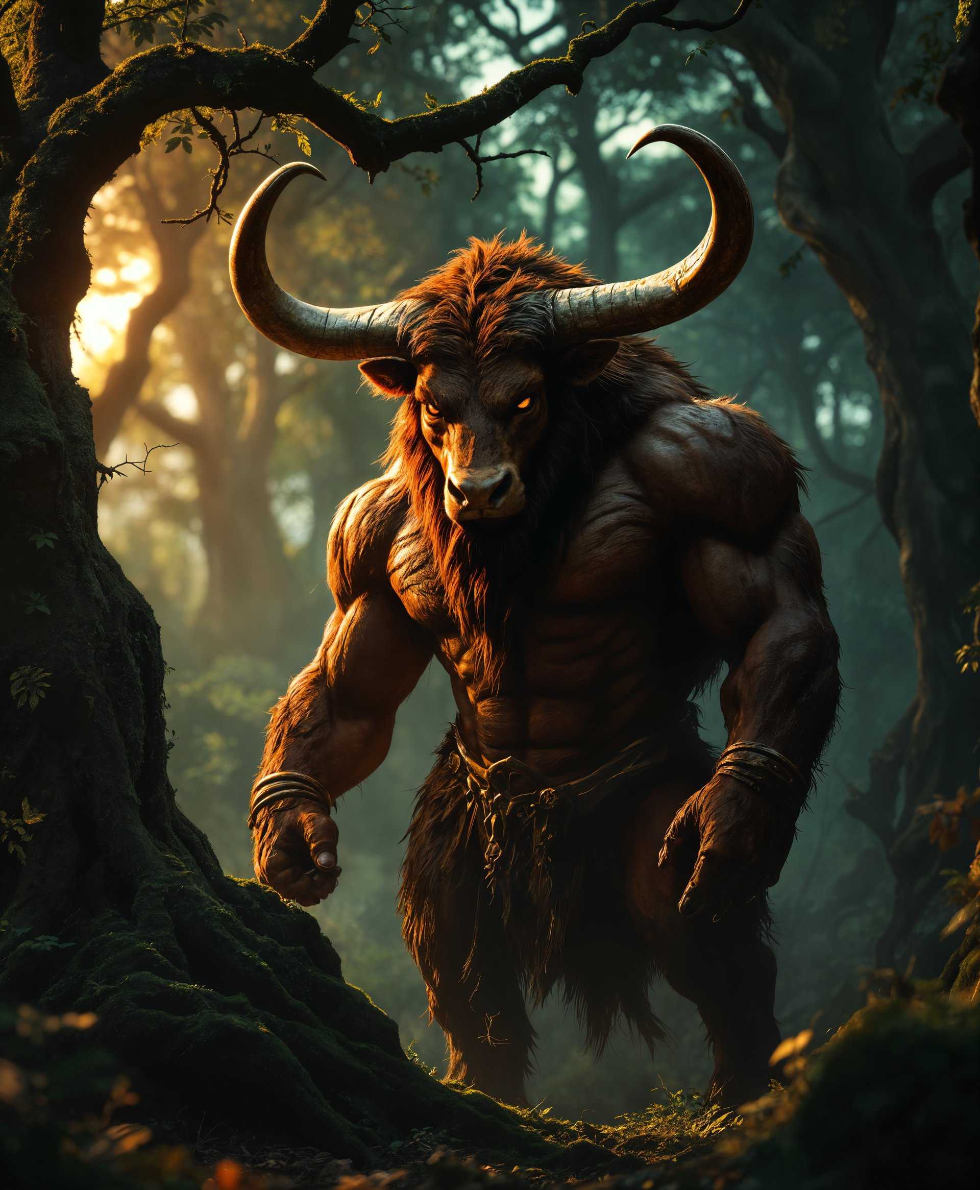 masterpiece, best quality, highres, sharp image, more detail, masterpiece, best quality, highres, sharp image, more detail, **Prompt:** Capture a hyperrealistic, high-definition portrait of a Minotaur standing majestically in its natural environment. The Minotaur should have a muscular, human-like body with the head of a bull, featuring intricate fur patterns, sharp, expressive eyes, and a formidable set of horns that glisten with a slight sheen. The texture of the fur should be visible, showing individual hairs catching the light, with a deep, rich brown color that contrasts against the dark, verdant forest backdrop.

**Environment:** The scene is set in a twilight hour, with the sun setting behind the Minotaur, casting long shadows and creating a chiaroscuro effect. The forest is dense with ancient, gnarled trees, their bark rough and moss-covered, and the undergrowth teeming with life. The air is thick with the scent of earth and foliage, and a slight mist hangs in the air, creating a soft, atmospheric glow.

**Artistic Style:** The image should mimic the detailed realism of Renaissance portraiture, with a focus on the lifelike representation of skin, fur, and environment, reminiscent of the works of artists like Leonardo da Vinci or Albrecht Dürer. Use a shallow depth of field to isolate the Minotaur against the blurred, yet detailed, forest background.

**Composition:** Frame the Minotaur centrally with a slight three-quarter view, allowing the viewer to see the depth of the forest behind him. The camera angle should be slightly low, giving the Minotaur a dominant, imposing presence. Include elements like a small stream or a clearing to provide depth and context to the scene.

**Mood and Atmosphere:** The mood should be one of quiet power and mystery, with the Minotaur appearing both as a guardian and a creature of myth. The lighting should be dramatic, with the last rays of sunlight piercing through the trees, highlighting the Minotaur's silhouette and casting intricate shadows.

**Technical Aspects:** Utilize a high-resolution capture to ensure that every detail, from the texture of the fur to the individual leaves on the trees, is crisp and clear. Employ a soft focus for the background to enhance the depth of field, and use a slow shutter speed to capture the subtle movement of the mist, adding to the ethereal quality of the scene.