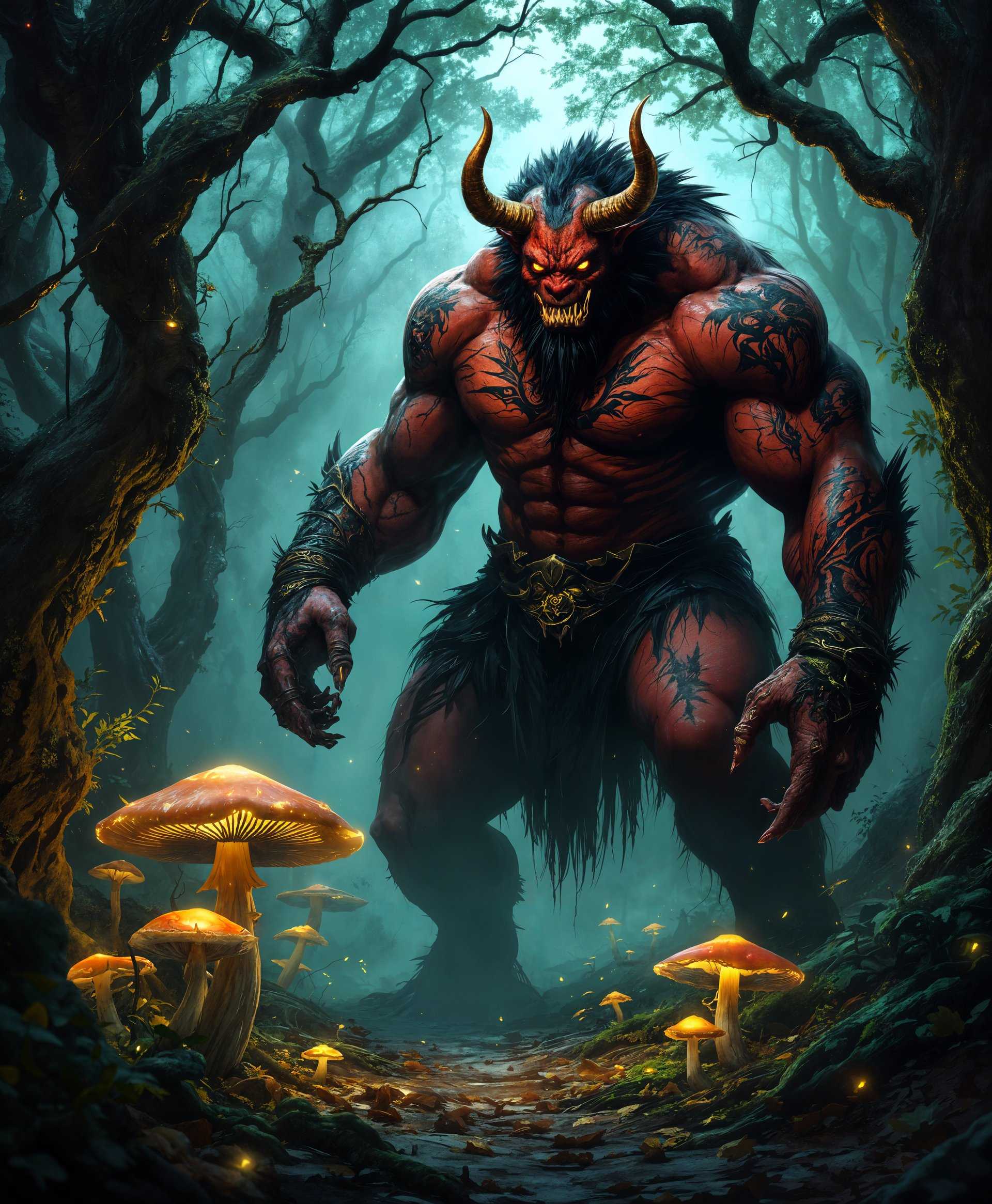 masterpiece, best quality, highres, sharp image, more detail, masterpiece, best quality, highres, sharp image, more detail, Generate a high-definition portrait of an Oni Demon, capturing its fierce essence within its natural, mystical environment:

- **Subject**: An Oni Demon with a muscular build, standing at least 8 feet tall. Its skin is a deep, rich red with intricate, glowing tattoos that shimmer with an ethereal light. The demon's face should showcase exaggerated features: large, piercing eyes with yellow irises and vertical slits for pupils, a prominent nose, and sharp, menacing teeth visible through a snarl. Horns, jagged and imposing, curl from its forehead, adding to its intimidating appearance.

- **Environment**: The Oni is set in a dense, twilight forest where ancient trees with gnarled, moss-covered trunks and twisted branches create a canopy overhead. The ground is littered with fallen leaves and small, luminescent mushrooms casting a soft glow, contributing to the otherworldly atmosphere. A faint mist weaves through the undergrowth, enhancing the eerie yet majestic setting.

- **Lighting**: Utilize chiaroscuro lighting to highlight the demon's features, with the light source seeming to come from the glowing tattoos and the bioluminescent elements in the environment. This creates a dramatic contrast between light and dark, accentuating the Oni's form against the shadowy background.

- **Style**: The image should be rendered in a high-definition realistic style, reminiscent of digital art with a touch of traditional Japanese ukiyo-e for the demon's design, blending the old with the new for a unique visual impact.

- **Composition**: Frame the Oni slightly off-center, with its gaze directed towards the viewer, creating a sense of direct confrontation. The camera angle should be low, looking up at the demon to emphasize its size and dominance over its environment. The background should be slightly blurred to keep focus on the Oni while still providing context to its habitat.

- **Mood and Atmosphere**: The overall mood is one of awe, danger, and mystery. The twilight setting suggests a time of transition, mirroring the Oni's dual nature as both a guardian and a harbinger of chaos. The atmosphere is thick with tension, the silence broken only by the soft rustling of leaves, enhancing the feeling of isolation and supernatural presence.

- **Technical Aspects**: Utilize depth of field to focus on the Oni while allowing the forest to recede into a soft blur. Employ a high dynamic range to capture the contrast between the dark forest and the luminous elements. The image should have a high resolution to showcase the intricate details of the Oni's tattoos and the environment's texture