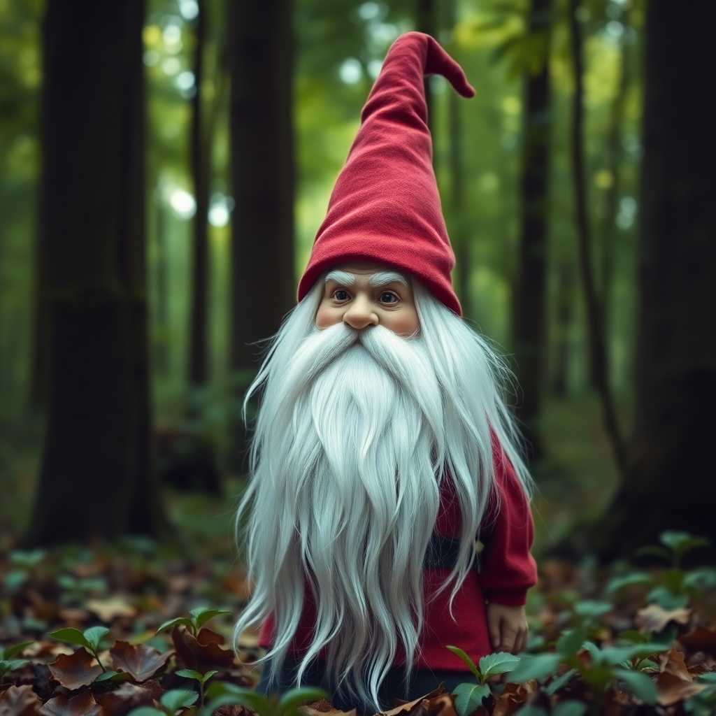 In a lush, verdant forest bathed in the soft, dappled light of an early morning, a wise and ancient gnome stands with an air of serenity. His long, flowing white beard cascades over his chest, each strand catching the light, giving it an almost ethereal glow. He dons a vibrant, emerald green tunic and a distinctive, tall, pointy hat adorned with intricate, golden embroidery reminiscent of the Renaissance era, adding a touch of whimsy and tradition to his attire. 

The scene captures him from a low angle, looking up to emphasize his stature against the towering trees around him, their trunks thick with moss and bark, and leaves whispering in the gentle breeze. The composition places him slightly off-center, creating a natural frame with the foliage and forest floor, rich with fallen leaves and small, hidden mushrooms. 

The lighting is soft, filtering through the canopy, casting a warm, golden hue over the scene, suggesting a tranquil, almost magical atmosphere. The style evokes the detailed, realistic textures of pre-Raphaelite paintings, with attention to the play of light on the gnome's weathered face, the texture of his hat, and the intricate patterns of the forest environment. 

This portrait of the gnome should feel timeless, capturing a moment of peace in the heart of nature, where every element, from the dew on the leaves to the subtle smile in the gnome's eyes, contributes to an enchanting, cohesive narrative of wisdom and harmony with the natural world.