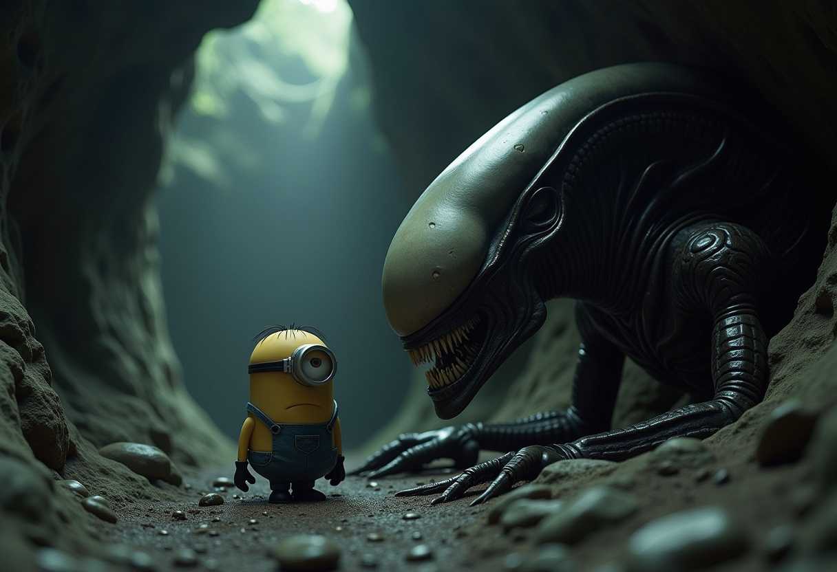 [hdr, film ], lifelike textures, abstract expressionist painting of (dull outdoor cave, photo of a close-up Xenomorph's head side view, face to face, two eyes Minion stands next to him with a bored face,dull and haunted, by alessio albi Dark Photo of Minion, very detailed, atmospheric haze, Film grain, cinematic film still, shallow depth of field, highly detailed, high budget, cinemascope, moody, epic, OverallDetail, gorgeous, 2000s vintage RAW photo, by NormanAckroyd,