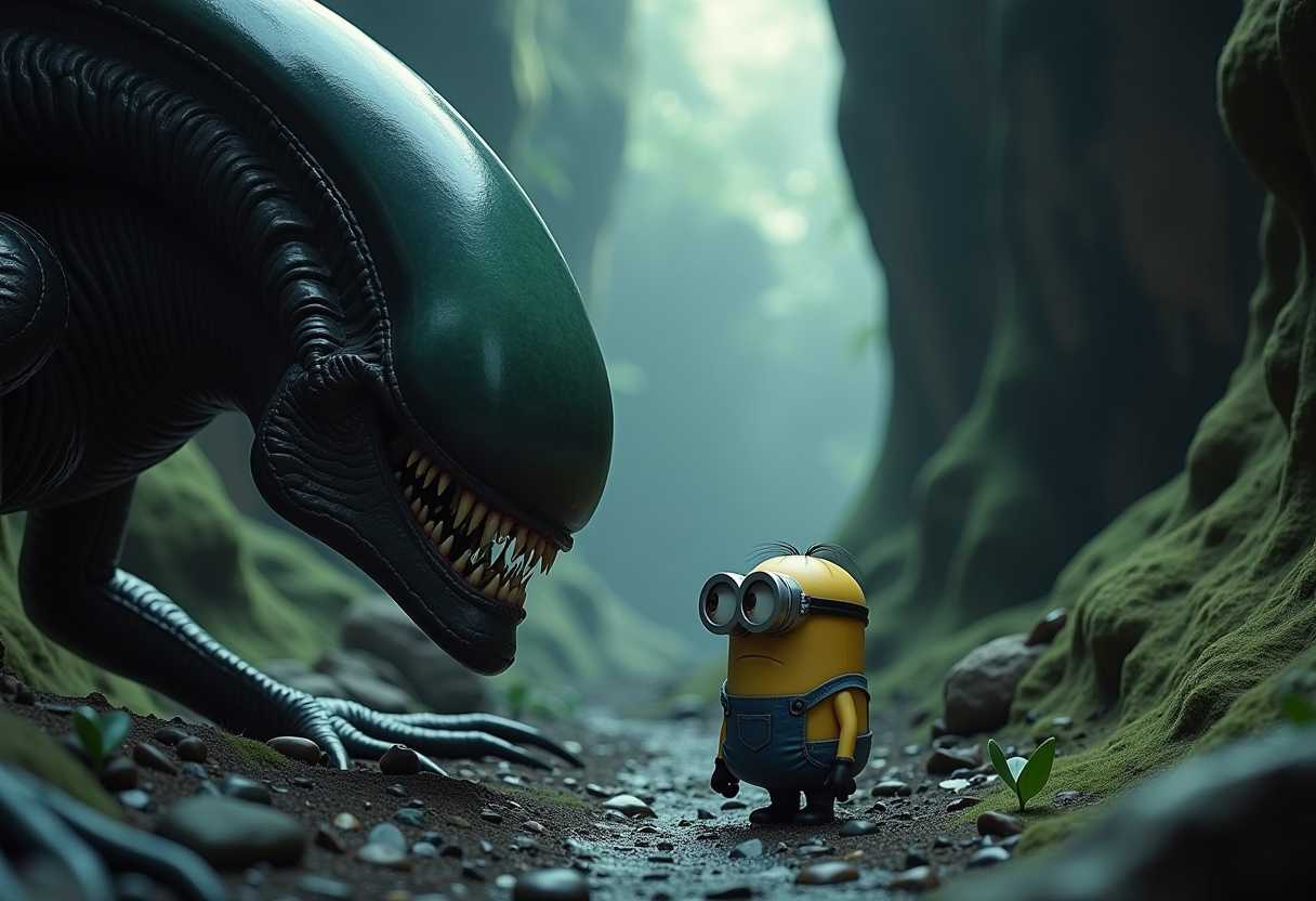 [hdr, film ], lifelike textures, abstract expressionist painting of (dull outdoor cave, photo of a close-up Xenomorph's head side view, face to face, two eyes Minion stands next to him with a bored face,dull and haunted, by alessio albi Dark Photo of Minion, very detailed, atmospheric haze, Film grain, cinematic film still, shallow depth of field, highly detailed, high budget, cinemascope, moody, epic, OverallDetail, gorgeous, 2000s vintage RAW photo, by NormanAckroyd,