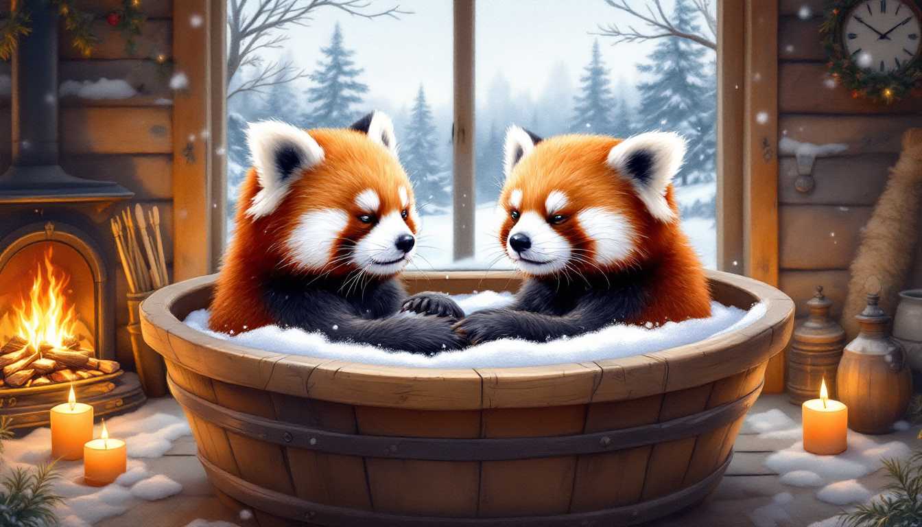 hyperrealism watercolor illustration. two cute red pandas relaxing and cuddling in a rustic wood tub with bubbles in the middle of a tiny cozy shack, rustic fireplace, candles. pine trees, snow outside the window. cozy, calming, serene.