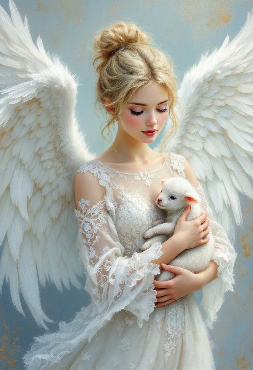beautiful angel with blonde hair up in a bun wearing a white lacey intricate detailed dress and her wings are in white and detailed in lace she is holding a cute young lamb in her arms the background is light blue and muted colors soft and serene oil