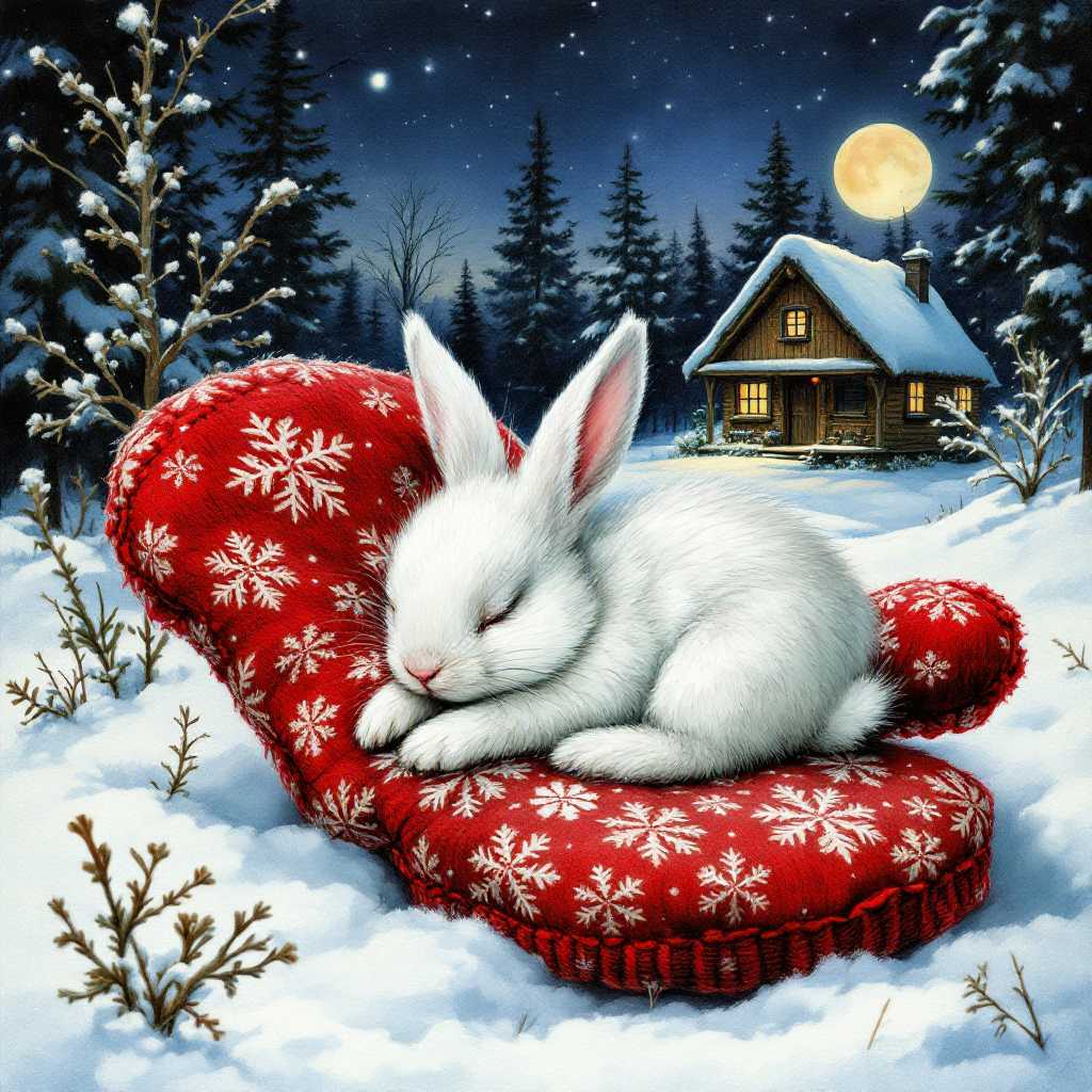 hyperrealism inks alcohol oils. a cute little white baby bunny curled up asleep on an old red with white snowflakes knit mitten sitting in the snow in front of a small cozy rustic shack in the woods in the distance. snow, night, moon, stars. center the mitten in the frame.